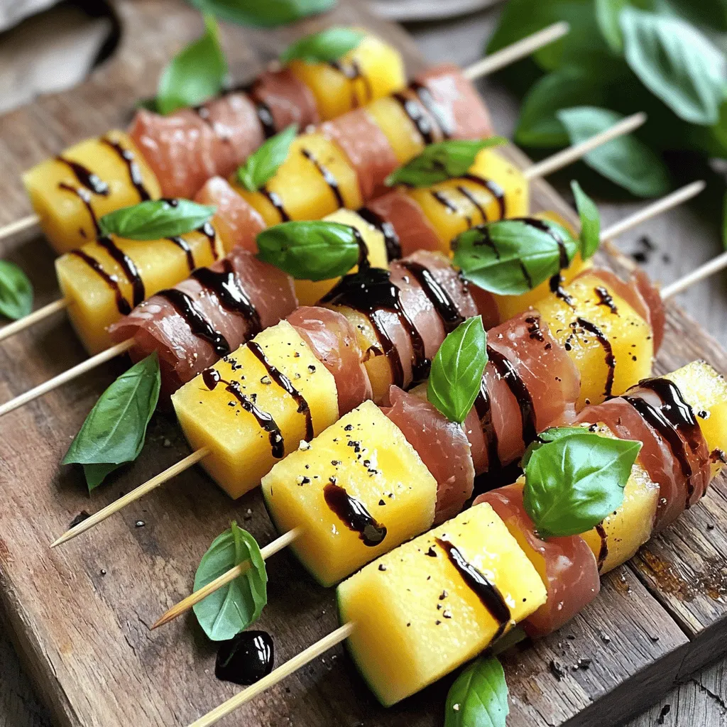 - Ripe cantaloupe - Ripe honeydew melon - Thinly sliced prosciutto - Fresh basil leaves - Balsamic glaze - Freshly cracked black pepper - Skewers (wooden or metal) To make tasty prosciutto melon skewers, you need simple and fresh ingredients. First, select your melons. Ripe cantaloupe and honeydew provide sweet and juicy flavors. Their bright colors add to the dish's appeal. - Choosing ripe cantaloupe: Look for a firm, rounded shape. The skin should be a yellow or beige color. It should also have a sweet aroma at the stem end. - Choosing ripe honeydew melon: Select a honeydew that feels heavy for its size. The skin should be smooth and creamy yellow, with a slight give when pressed. Freshness is key to great flavor. Pick melons that feel heavy, as this means they are juicy. A ripe melon should smell sweet and fragrant, hinting at its natural sugars. - Types of prosciutto: Look for prosciutto di Parma or prosciutto San Daniele. These types are known for their rich taste and soft texture. - Sourcing high-quality prosciutto: Buy prosciutto from a trusted deli or specialty store. If you can, ask for it sliced thin, as this will enhance the eating experience. Quality prosciutto makes a big difference. It adds a savory component to the sweetness of the melons. When you find a good source, you can elevate your dish to a gourmet level. For the complete recipe, check out the [Full Recipe]. - Soaking wooden skewers: If you choose wooden skewers, soak them in water for 10 minutes. This keeps them from burning. - Wrapping melon with prosciutto: Take a piece of prosciutto and wrap it around a cube of cantaloupe, making sure to cover all sides. - Proper skewering technique: Carefully push the wrapped melon onto the skewer. This prevents the melon from falling off. - Layering cantaloupe, honeydew, and basil: After the cantaloupe, add a fresh basil leaf and a cube of honeydew. This gives a nice mix of flavors and colors. Repeat until the skewer feels full, leaving space at both ends for easy handling. - Drizzling with balsamic glaze: Once your skewers are ready, drizzle balsamic glaze over them. This adds a sweet and tangy finish. - Adding cracked black pepper: Finish by sprinkling freshly cracked black pepper on top. This enhances the flavors and adds a slight kick. After these steps, your prosciutto melon skewers are ready to impress! For the full recipe, check the main article. To make prosciutto melon skewers shine, balance the sweetness of melons with the saltiness of prosciutto. The sweet cantaloupe and honeydew pair perfectly with the rich, savory meat. This contrast creates a delightful bite. You can also enhance flavors with a drizzle of balsamic glaze. It adds a tangy touch that complements the sweetness. Freshly cracked black pepper gives a nice kick, too. For a twist, try adding a sprinkle of chili flakes for heat or a squeeze of lime for a zesty finish. When serving prosciutto melon skewers, presentation matters. Use a colorful platter to show off the vibrant colors of the ingredients. Place skewers upright in a jar or stand for a fun display. You can also lay them flat on a wooden board for a rustic look. Garnish the plate with fresh basil leaves or edible flowers for a pop of color. Drizzling the balsamic glaze over the entire platter adds visual appeal. This makes the dish look even more tempting. One mistake is overwrapping the prosciutto. Keep it thin, so it doesn’t overpower the melon. A light wrap lets the flavors blend nicely. Also, pay attention to skewer sizes. If they are too long, the skewers can be hard to handle. Use shorter skewers for easy eating. This way, your guests can enjoy every bite without any fuss. By following these tips, you ensure your prosciutto melon skewers impress everyone. Don't forget to check out the Full Recipe for detailed steps and ingredient lists! {{image_4}} You can easily switch up the fruits in your skewers. Try using ripe peaches or juicy plums instead of melon. Both fruits add a nice sweetness. You can even mix berries for a colorful touch. Fresh herbs also enhance the flavor. Instead of basil, consider using mint or cilantro for a fresh twist. These herbs bring a bright taste that pairs well with prosciutto. Mixing sweet and savory makes these skewers exciting. For instance, you can add a slice of creamy goat cheese or feta cheese to each skewer. This creamy texture balances the sweet melon. Nuts like toasted almonds or walnuts also work great. They add a nice crunch and nutty flavor, which pairs well with the salty prosciutto. These skewers shine in the summer with fresh fruits. Cantaloupe and honeydew are perfect choices. As the seasons change, you might try autumn fruits, like pears or apples. These fruits create a new flavor profile, making them great for fall gatherings. Adjusting your ingredients with the seasons keeps this dish fresh and fun. To keep your prosciutto melon skewers fresh, wrap them well. Use plastic wrap or place them in an airtight container. This helps prevent them from drying out. Store them in the fridge right after serving. The cold will keep the flavors bright and fresh. These skewers last about three days in the fridge. But they taste best within the first day. Look for signs of spoilage like a slimy texture or off smell. If you see or smell anything odd, it’s best to toss them out. You can make prosciutto melon skewers a few hours ahead. Just store them in the fridge until you’re ready to serve. Avoid adding balsamic glaze until just before serving. This keeps the skewers looking nice and fresh. If you need to reheat them, do so very lightly. You can use a microwave but only for a few seconds. Enjoy them cold for the best taste! To make these delicious skewers, follow these steps: 1. Soak wooden skewers in water for 10 minutes. 2. Wrap a slice of prosciutto around a cube of cantaloupe. 3. Thread the wrapped cantaloupe onto a skewer. 4. Add a basil leaf for extra flavor. 5. Alternate with a cube of honeydew melon. 6. Repeat until the skewer is filled. 7. Drizzle with balsamic glaze and sprinkle black pepper on top. 8. Serve immediately or chill in the fridge. For the full recipe, check out the detailed instructions above. Yes, you can! Try these alternatives: - Serrano ham offers a similar saltiness. - Bacon adds a smoky twist. - Salami provides a robust flavor. Each option brings its unique taste to the dish. You can enhance your skewers with these garnishes: - Crumbled feta adds creaminess. - Chopped mint offers a fresh touch. - A dash of chili flakes gives heat. These extras can elevate the flavor and presentation. Absolutely! Here are some serving suggestions: - Arrange the skewers on a large platter. - Use colorful plates for a festive look. - Offer small cups of balsamic glaze for dipping. These ideas make your prosciutto melon skewers perfect for gatherings! This guide has taken you through the simple steps to make delicious prosciutto melon skewers. We covered key ingredients, tips for selecting ripe melons, and the best prosciutto types. You learned how to assemble and enhance the flavors for a perfect dish. Remember, balance is key, and feel free to get creative with your ingredients. Enjoy these skewers at your next gathering or as a tasty snack. With practice, you'll master this dish and impress everyone with your skills.