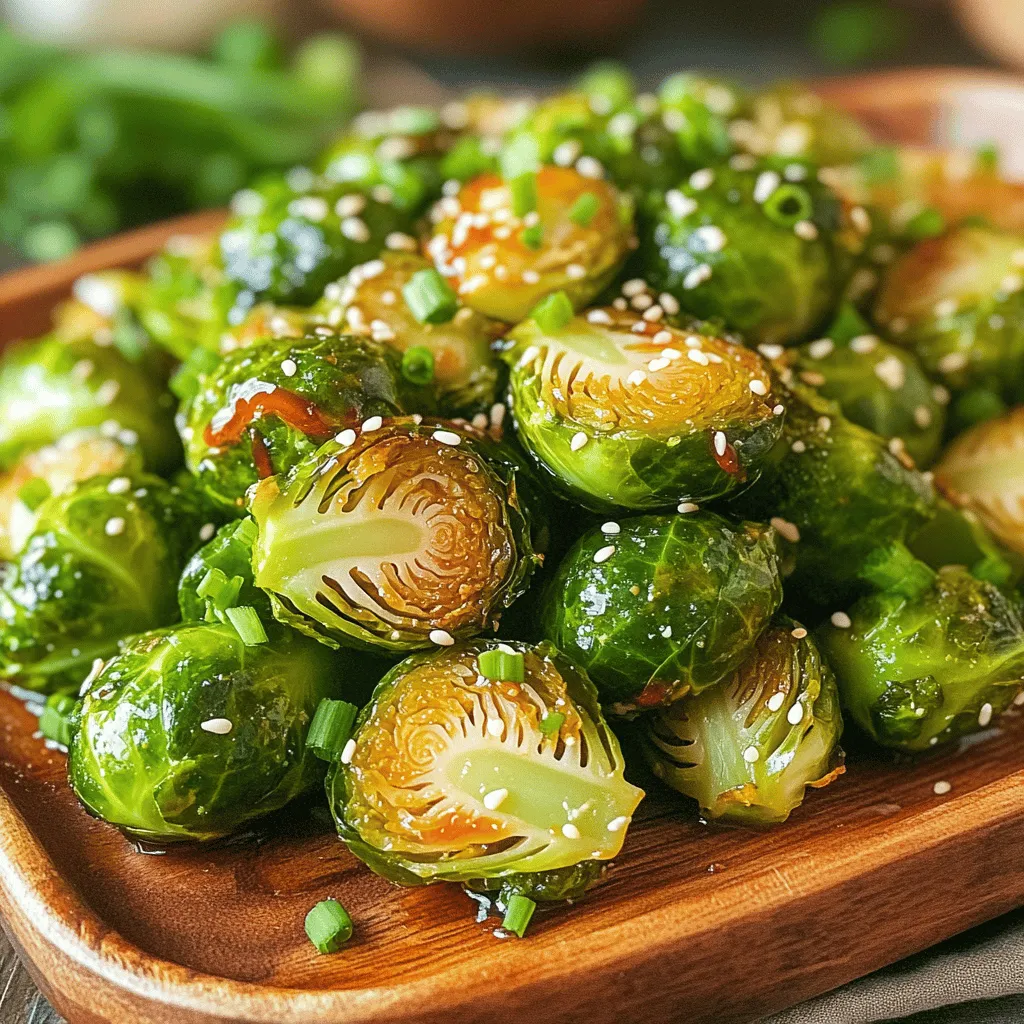 - 1 lb Brussels sprouts, trimmed and halved - 2 tablespoons extra virgin olive oil - Sea salt and freshly cracked black pepper, to taste - 3 tablespoons pure honey - 2 tablespoons Sriracha sauce - 1 tablespoon low-sodium soy sauce - 1 garlic clove, minced - 1 teaspoon sesame seeds (optional, for garnish) - 2 tablespoons chopped green onion (for garnish) For the best flavor, choose bright green Brussels sprouts. Look for firm sprouts with no yellow leaves. Fresh sprouts should feel heavy for their size. Wash them just before you cook to keep them crisp. Store them in the fridge in a breathable bag. This keeps them from getting soggy and losing flavor. If you can't find Brussels sprouts, try broccoli or green beans. For honey, maple syrup works well for a similar sweetness. If Sriracha is too spicy, use a milder hot sauce. You can replace soy sauce with tamari for a gluten-free option. Feel free to switch garlic with garlic powder if needed. First, you need to get the Brussels sprouts ready. Start with one pound of fresh Brussels sprouts. Trim the ends and cut them in half. This helps them cook evenly. Place the halved sprouts in a large bowl. Add two tablespoons of extra virgin olive oil. Sprinkle in some sea salt and freshly cracked black pepper. Toss everything well to coat the sprouts. Now, let’s roast those sprouts! Preheat your oven to 400°F (200°C). This high heat makes the sprouts crispy. Spread the seasoned Brussels sprouts on a baking sheet lined with parchment paper. Make sure they are in one layer. This helps them roast well. Bake them for 20 to 25 minutes. Stir them halfway through for even cooking. Look for a golden color and a fork-tender feel. While the Brussels sprouts roast, let’s make the sauce. In a small bowl, mix together three tablespoons of pure honey, two tablespoons of Sriracha sauce, one tablespoon of low-sodium soy sauce, and one minced garlic clove. Whisk this until it is smooth. When your Brussels sprouts are golden and crispy, drizzle the sauce over them. Toss gently to coat each sprout. Then, return them to the oven for another five minutes. This step adds a nice caramelized touch. Finally, transfer your sprouts to a serving dish and enjoy! To get the right sweet and spicy mix, start with fresh honey and Sriracha. Use three tablespoons of honey and two tablespoons of Sriracha. This gives a nice kick without being too hot. Adjust the honey if you want it sweeter. You can also add more Sriracha if you like it spicier. Taste the sauce before you coat the sprouts. This helps you find your perfect balance. One common mistake is not trimming the Brussels sprouts correctly. Always trim the ends and cut them in half. This helps them cook evenly. Another mistake is overcrowding the baking sheet. Give them space so they can roast properly. Lastly, don’t skip stirring them halfway through. This ensures every sprout gets crisp and golden. For the crispiest Brussels sprouts, preheat your oven to 400°F (200°C) first. Use extra virgin olive oil to coat the sprouts. This oil helps them brown nicely. Spread the sprouts in a single layer on the baking sheet. Avoid stacking them; this keeps them from steaming. Roast for 20-25 minutes, stirring halfway. This method gives you that crunchy outside and tender inside. {{image_4}} You can change up the taste of your Honey Sriracha Brussels sprouts. Try adding lime juice for a fresh twist. A dash of ginger gives it a warm kick. For a nutty flavor, consider adding peanut butter to the sauce. You can also use maple syrup instead of honey. This gives it a different sweet note. You can make these Brussels sprouts in an air fryer. Set it to 375°F (190°C) and cook for 15-20 minutes. Shake the basket halfway through to ensure even cooking. If you prefer the stovetop, heat a pan over medium heat. Add the Brussels sprouts and cook for 10-12 minutes. Stir often to get a nice brown color on each side. These Brussels sprouts work well as a side dish for many meals. Serve them with grilled chicken or fish for a balanced dinner. They also pair nicely with rice or quinoa. For a fun snack, enjoy them on their own or with a cool dip. You can sprinkle some extra green onion on top for added flavor. To keep your Honey Sriracha Brussels sprouts fresh, store them in an airtight container. This helps lock in flavor and moisture. Place the container in the fridge. They stay good for about 3 to 4 days. Always let them cool down before storing. This prevents condensation that can make them soggy. When it’s time to eat leftovers, reheating is key. Use your oven for the best results. Preheat it to 350°F (175°C). Spread the Brussels sprouts on a baking sheet. Heat them for about 10 to 15 minutes. This will keep them crispy and warm. You can also use a skillet on medium heat. Just stir them often to avoid burning. If you want to save them for later, freezing works too. First, let them cool completely. Then, place them in a freezer-safe bag or container. Make sure to remove as much air as possible. They freeze well for up to 2 months. When you’re ready to eat, thaw them in the fridge overnight. Reheat them in the oven for the best taste and texture. Yes, Honey Sriracha Brussels sprouts are quite healthy. Brussels sprouts are packed with vitamins, minerals, and fiber. They can help support digestion and boost your immune system. The honey adds natural sweetness, while Sriracha gives it a spicy kick. Using olive oil instead of butter keeps it light and heart-healthy. Absolutely! To make this recipe vegan, simply replace honey with maple syrup or agave syrup. Both options give a sweet flavor without using animal products. The other ingredients are already vegan-friendly, so it’s easy to adapt. You’ll know Brussels sprouts are done when they are fork-tender and golden brown. They should have a crispy outer layer. Roasting them for 20-25 minutes typically does the trick. Stir them halfway through to ensure even cooking. These Brussels sprouts pair well with many dishes. Try serving them alongside grilled chicken or fish for a balanced meal. They also complement rice bowls, tacos, or any Asian-inspired dishes. The sweet and spicy flavor enhances many savory options. Yes, you can use frozen Brussels sprouts. However, you should thaw and drain them first. This helps to avoid extra moisture. Frozen sprouts may not get as crispy as fresh ones, but they will still taste great with the honey Sriracha sauce. We explored how to prepare Honey Sriracha Brussels Sprouts in detail. You learned about key ingredients, cooking steps, and tips for the best flavor. Achieving the right balance of sweet and spicy is key to success. Avoid common mistakes for perfect texture and taste. Enjoy different methods and variations to keep things fresh. Remember, proper storage helps maintain their deliciousness. Embrace these simple ideas to make your meal exciting and tasty!