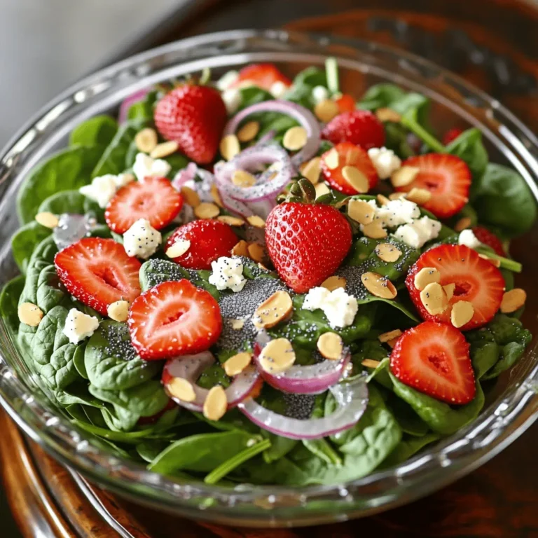 - 4 cups fresh spinach leaves, thoroughly washed and gently dried - 2 cups ripe strawberries, hulled and sliced into thin rounds - 1/2 cup creamy feta cheese, crumbled into small pieces - 1/4 cup red onion, carefully thinly sliced - 1/4 cup sliced almonds, toasted until golden for enhanced flavor - 1/4 cup high-quality olive oil - 2 tablespoons apple cider vinegar - 1 tablespoon natural honey - 2 tablespoons poppy seeds - Salt and freshly cracked black pepper, to taste To create this vibrant salad, you need fresh ingredients. Start with 4 cups of fresh spinach leaves. Make sure to wash and dry them well. This ensures a crisp texture. Next, grab 2 cups of ripe strawberries. Slice them into thin rounds to let their sweet flavor shine. The strawberries add a lovely contrast to the greens. You also need 1/2 cup of creamy feta cheese. Crumble it into small pieces to sprinkle over the salad. Feta adds a tangy kick that pairs well with the strawberries. For a bit of sharpness, use 1/4 cup of thinly sliced red onion. It brings a burst of color and flavor. To complete your salad, include 1/4 cup of sliced almonds. Toast them in a skillet. This adds a nutty crunch that enhances the dish. Now, let’s talk about the dressing. You will need 1/4 cup of high-quality olive oil. This serves as the base. Add 2 tablespoons of apple cider vinegar for a zesty touch. For sweetness, mix in 1 tablespoon of natural honey. This balances the tanginess of the vinegar. Finally, stir in 2 tablespoons of poppy seeds. They add a nice texture and a pop of flavor. Season with salt and freshly cracked black pepper to taste. With these ingredients, you are set to make a delicious Strawberry Spinach Poppy Seed Salad. Enjoy the fresh flavors! - Washing and Drying Spinach: Start by rinsing the spinach leaves under cold water. Make sure to shake off any extra water. Lay them on a clean kitchen towel and gently pat them dry. This helps keep the leaves fresh and crisp. - Arranging Strawberry Slices: Take your ripe strawberries and remove the green tops. Slice them into thin rounds. Lay the slices over the spinach. Try to spread them out evenly to make the salad look pretty. - Layering Feta Cheese and Red Onion: Crumble the feta cheese into small pieces. Sprinkle it over the strawberries. Then, take the red onion and slice it thinly. Add it on top for a nice crunch and a pop of color. - Toasting Almonds: Get a small, dry skillet and heat it on medium-low. Add the sliced almonds. Stir them often for about 3-4 minutes. Watch them closely until they turn golden brown. Remove them from the heat and add them to your salad. - Mixing Olive Oil and Vinegar: In a small bowl, pour in the olive oil and apple cider vinegar. This will be the base of your dressing. - Whisking in Honey and Seasoning: Add the honey and a pinch of salt and pepper to the bowl. Use a whisk to mix everything together until it’s smooth. - Combining Poppy Seeds: Finally, add the poppy seeds to the dressing. Give it a good stir to combine all the flavors. - Drizzling Dressing Over Salad: Just before serving, drizzle the dressing over the salad. This keeps the spinach crisp and fresh. - Tossing Salad Gently: Use two large spoons or tongs to toss the salad gently. Make sure all the ingredients get a good coating of the dressing without crushing the spinach. - Plating for Presentation: Serve the salad in a clear glass bowl. This lets everyone see the bright colors. For a nice touch, add some whole strawberries on top and sprinkle a few poppy seeds. Enjoy your fresh delight! - Selecting Ripe Strawberries Look for strawberries that are bright red and firm. They should smell sweet and have no bruises. Fresh strawberries bring a juicy burst of flavor to the salad. - Opting for High-Quality Feta Use creamy feta cheese for the best taste. Check for a smooth texture and rich flavor. Crumbled feta enhances the salad with its salty goodness. - Adding Protein (e.g., Chicken or Tofu) For a heartier salad, add grilled chicken or sautéed tofu. Both options provide protein and make the salad more filling. This small change can turn a side dish into a main meal. - Varying Nut Choices You can swap sliced almonds with walnuts or pecans. Each nut adds its own flavor. Choose what you like best or what you have on hand. - Serving in Clear Bowls Use clear bowls to show off the vibrant colors of the salad. This simple trick makes the dish more inviting. Guests love to see the fresh ingredients. - Garnishing Tips Add whole strawberries on top for a pop of color. A light sprinkle of poppy seeds also adds a nice touch. These small details make the salad look professional and appealing. {{image_4}} - Using Other Berries You can swap strawberries for other berries. Blueberries, raspberries, or blackberries work well. These swaps add unique flavors and colors. Each berry brings a different taste. For example, blueberries add sweetness, while raspberries add a tart kick. - Different Greens If you want to use different greens, try kale or arugula. Both greens give a fresh twist. Kale adds a hearty texture, while arugula offers a peppery flavor. Mixing greens can create a fun salad experience. - Vegan Cheese Alternatives For a vegan version, use dairy-free cheese. Look for options made from nuts or soy. These cheeses can mimic the taste of feta. They add creaminess and depth to the salad. - Substituting Honey To keep the salad vegan, swap honey for maple syrup. Maple syrup works well in the dressing. It provides sweetness without losing flavor. You can also use agave nectar as another sweet option. To keep your Strawberry Spinach Poppy Seed Salad fresh, refrigerate it right away. Use an airtight container to prevent air from wilting your greens. You can layer a paper towel on top of the salad. This will absorb extra moisture and keep the spinach crisp. Your salad is best enjoyed fresh, but you can store it for up to three days in the fridge. Look for signs of spoilage, like slimy spinach or mushy strawberries. If you see these signs, it’s time to toss the salad. Always trust your senses—if it smells off, don’t eat it! You can prepare this salad ahead of time. Wash and dry the spinach, then store it in a sealed container. Slice strawberries and keep them in a separate container. Mix the dressing and store it in the fridge. Just combine everything when you are ready to serve. This way, the salad stays fresh and crunchy. Yes, you can use frozen strawberries. However, thaw them first and drain excess liquid. Fresh strawberries taste better, but frozen ones work in a pinch. They add a nice sweetness, even if they are not as firm. If you lack poppy seeds, use sesame seeds or sunflower seeds instead. They will still give your dressing a nice crunch. A simple vinaigrette made from olive oil and vinegar can also work well. Absolutely! This salad is great for meal prep. Keep each component separate until serving. This helps maintain freshness and texture. You can make it a few days in advance. Just toss and enjoy when you are ready. This salad pairs well with grilled chicken or fish for protein. It also goes nicely with whole-grain bread. For a light meal, serve it with a bowl of soup. You can even enjoy it with a glass of iced tea or lemonade. This salad combines fresh spinach, strawberries, and feta for a tasty mix. You learned how to prepare each ingredient carefully. I shared tips on choosing the best items and making the salad shine. With options for customization, you can make it just how you like. Remember to store leftovers well for freshness. You can always make this dish your own. Enjoy creating your delicious salad!