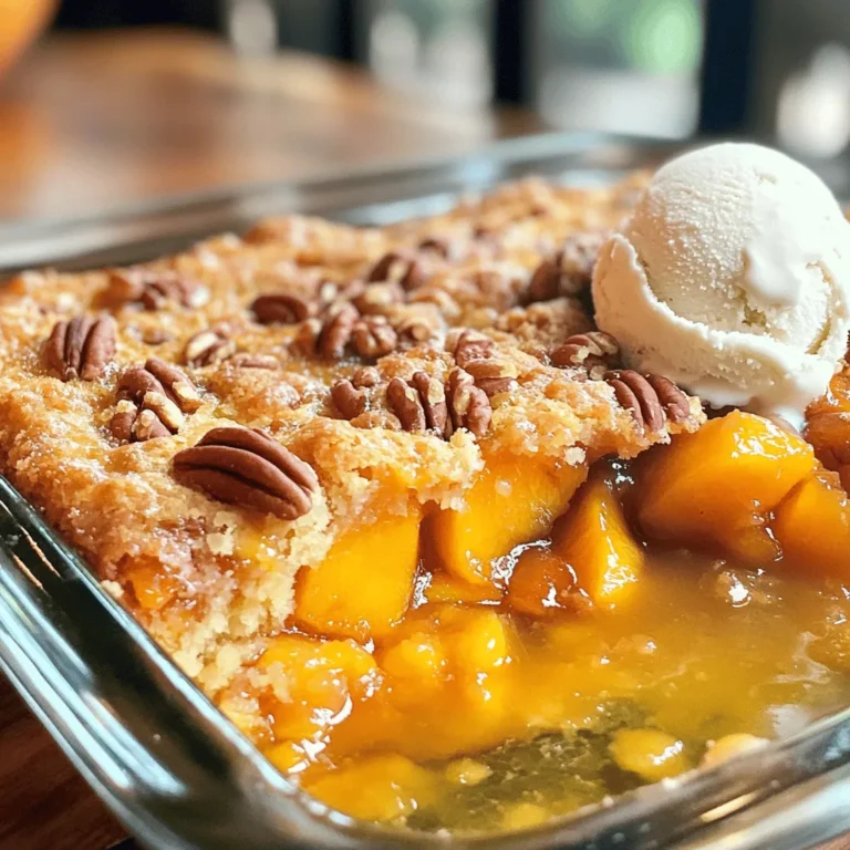- 4 cups fresh peaches, sliced (or 2 cans of peaches, drained and rinsed) - 1 cup granulated sugar - 1 teaspoon ground cinnamon - 1 box yellow cake mix (approximately 15.25 oz) - 1 cup unsalted butter, melted To start, fresh peaches give the best flavor. If you choose canned, make sure to rinse them well. Sugar and cinnamon add sweetness and warmth. The yellow cake mix makes this dessert easy and quick. Lastly, melted butter helps create a crispy top. - 1 cup pecans, chopped (optional for added texture) - Vanilla ice cream, for serving Pecans add a nice crunch to the dish. They are not necessary but do enhance the texture. A scoop of vanilla ice cream on top makes the dessert even better. The cold ice cream pairs well with the warm cake. - 9x13-inch baking dish - Mixing bowl and measuring tools You will need a 9x13-inch baking dish to hold all the yummy layers. A mixing bowl is essential for combining the peach filling. Measuring tools ensure you get the right amounts for each ingredient. These tools make your baking process smooth and fun! - Preheat your oven to 350°F (175°C). - In a large bowl, combine 4 cups of sliced peaches, 1 cup of granulated sugar, and 1 teaspoon of ground cinnamon. If you use fresh peaches, let this sit for 10 minutes. This helps the peaches release their juices. - Lightly grease a 9x13-inch baking dish. Pour the peach mixture evenly in the dish. - Next, take 1 box of yellow cake mix and sprinkle it evenly over the peaches. Make sure to cover all the peaches. - Drizzle 1 cup of melted unsalted butter over the cake mix. If you want some crunch, add 1 cup of chopped pecans on top. - Place the baking dish in the oven. Bake for 35-40 minutes. Watch for a golden brown top and bubbling edges. - When done, take it out and let it cool for about 10 minutes. This helps the cake to set. - Serve warm and add a scoop of vanilla ice cream on top. The warm cake with cold ice cream is a treat! How to choose ripe peaches To pick ripe peaches, look for a yellow or golden color. They should feel slightly soft when you press them. The best peaches smell sweet and fragrant. If you find hard peaches, let them ripen at room temperature for a few days. Best practices for layering ingredients Start by spreading the peach mixture evenly in the greased dish. This helps the peaches cook well. Next, sprinkle the dry cake mix evenly over the peaches. Make sure no spots are left bare. This helps the cake bake evenly and rise nicely. Avoiding sogginess in the cake Soggy cake can happen if you use too many juicy peaches. If using fresh peaches, let the mixture sit for just 10 minutes. This helps the juices mix well. If you use canned peaches, drain them well to remove extra liquid. Ensuring even baking To bake evenly, place your dish in the center of the oven. This provides the best heat distribution. Watch for a golden top and bubbling edges. This shows your cake is baking well. Pairing with toppings and sides For a delightful touch, serve your dump cake with vanilla ice cream. The cold ice cream contrasts well with the warm cake. You can also add whipped cream or fresh mint for extra flair. Recommended serving temperatures Peach Cobbler Dump Cake tastes best warm. Let it cool for about 10 minutes after baking. This helps it set up nicely for serving. Enjoy it warm for the best flavor and texture. {{image_4}} You can change up the fruit in this dump cake. Try using cherries, blueberries, or even mixed berries. Each fruit brings a new flavor. You can also mix different fruits together. For example, peaches and blueberries create a nice blend of sweet and tart. The key is to ensure you have about 4 cups of fruit. This keeps the cake moist and full of flavor. If you're looking for a gluten-free version, there are great options. Many brands sell gluten-free cake mixes that work well. You can also reduce sugar in the recipe. Try cutting it down to half a cup. This makes the dish healthier without losing its taste. You can even use natural sweeteners like honey or maple syrup. To make your dump cake more exciting, add spices or extracts. A dash of nutmeg or a splash of vanilla can boost the flavor. You could also mix in caramel or chocolate sauce for a rich twist. Drizzling these sauces on top before serving makes it extra special. These enhancements can take your peach cobbler dump cake to a whole new level. To keep your Peach Cobbler Dump Cake fresh, let it cool first. Cover the dish with plastic wrap or foil. You can also use an airtight container. This keeps the cake moist and tasty. Store it in the fridge for up to five days. For the best taste, reheat the dump cake in the oven. Preheat the oven to 350°F (175°C). Place slices on a baking sheet and warm for about 10-15 minutes. This method helps keep the texture nice. You can also microwave individual pieces for about 30 seconds. Warm cake tastes great, but cold cake works, too. If you have extra cake, you can freeze it. Use a freezer-safe container or wrap slices tightly in plastic wrap. Label the container with the date. The cake can stay frozen for up to three months. When ready to eat, thaw it in the fridge overnight. To serve, reheat it for a warm treat. A dump cake is a simple dessert. You mix fruit and cake mix in a pan. No need to blend or whip anything. Just dump the ingredients in layers. It cooks into a sweet, crumbly cake. This method makes it easy and quick to prepare. Yes, you can prepare this recipe ahead of time. Mix the peaches, sugar, and cinnamon first. Place the mixture in the baking dish. Cover it with plastic wrap and store it in the fridge. You can add the cake mix and butter just before baking. This keeps everything fresh. I love serving this dump cake warm. A scoop of vanilla ice cream on top is perfect. You can also add whipped cream for extra sweetness. Some people like to sprinkle nuts on top for crunch. Fresh mint leaves make a nice garnish too. The dump cake is done when the top is golden brown. You will see the peach filling bubbling at the edges. You can also poke the cake with a fork. If it comes out clean, it’s ready to eat. Yes, you can make this dump cake in a slow cooker. Prepare the peach mixture as usual. Layer the cake mix on top in the slow cooker. Drizzle melted butter over the mix. Cook on low for 2 to 3 hours or until bubbly. You can make a vegan version easily. Use a vegan cake mix instead of regular cake mix. Replace the butter with coconut oil or vegan butter. You can also use maple syrup instead of sugar for a healthier twist. This blog post covers how to make a delicious Peach Cobbler Dump Cake. You learned about the main and optional ingredients, the equipment you need, and the step-by-step baking process. I shared tips to help you avoid common mistakes and provided ideas for storing leftovers. Remember, you can make this dessert your own by using different fruits and adjusting flavors. Enjoy making this simple and tasty treat. It’s perfect for any gathering or just a cozy night in. Happy baking!