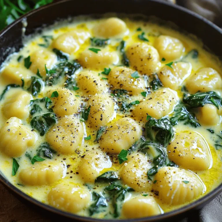 Here are the ingredients you need to make creamy spinach Parmesan gnocchi: - 500g potato gnocchi - 2 cups fresh spinach, roughly chopped - 1 cup heavy cream - 1 cup finely grated Parmesan cheese - 2 tablespoons olive oil - 3 cloves garlic, minced - Salt and freshly cracked black pepper to taste - 1/2 teaspoon freshly grated nutmeg - Chopped fresh parsley for garnish Each ingredient plays a key role in crafting this dish. The potato gnocchi brings a soft and pillowy texture. Fresh spinach adds color and nutrition. Heavy cream creates a rich base, while Parmesan gives a salty punch. Garlic brings warmth and depth. Nutmeg introduces a subtle spice that lifts the flavors. Don't forget the salt and pepper to taste! Finally, parsley brightens the plate and adds freshness. Gather these items, and you’ll be ready to cook a delightful meal that impresses. - Bring a large pot of salted water to a boil. - Add the potato gnocchi to the boiling water. - Cook until they float to the top, which shows they are done. - Drain the gnocchi in a colander and set aside. - Heat olive oil in a large skillet over medium heat. - Add the minced garlic and sauté for about one minute. - Cook until the garlic smells great but does not turn brown. - Stir in the roughly chopped spinach into the skillet. - Let the spinach cook for about 2-3 minutes until it wilts. - Pour in the heavy cream and reduce the heat to low. - Allow this mixture to simmer for five minutes until it thickens. - Gradually mix in the finely grated Parmesan cheese and nutmeg. - Season the sauce with salt and freshly cracked black pepper to taste. - Carefully add the drained gnocchi to the creamy sauce in the skillet. - Gently toss the gnocchi to coat them well with the sauce. - Heat everything together for an extra two minutes. This process creates a rich and creamy dish that highlights the flavors of spinach and Parmesan. Enjoy the simple yet delicious steps to create your creamy spinach Parmesan gnocchi! To make your cream sauce just right, you can adjust its thickness. If it's too thick, add a splash of pasta water. This water has starch, which helps bind the sauce. If it’s too thin, let it simmer longer. This will help it thicken. For the best flavor, balance the salt and nutmeg. Nutmeg adds warmth, while salt brings out the cream’s richness. Taste as you go. This way, you can make sure the sauce is perfect. Be careful not to overcook the gnocchi. They cook fast, and you want them soft but firm. Once they float in the water, they are ready. Drain them quickly to prevent mushiness. Using fresh gnocchi makes a big difference. Fresh gnocchi has a light, fluffy texture that tastes great. Store-bought gnocchi can work too, but fresh is always best for this dish. To make your dish look even better, serve it in shallow bowls. This adds elegance to your meal. Sprinkle extra Parmesan on top for a cheesy finish. Chopped parsley is a great garnish. It adds color and a fresh taste. You can also drizzle a bit of good olive oil on top. This adds richness and makes the dish pop. {{image_4}} You can easily add protein to your creamy spinach Parmesan gnocchi. Chicken or shrimp both work well. For chicken, use bite-sized pieces. Sauté the chicken in olive oil before adding garlic. Cook until golden brown, then add the spinach. For shrimp, add them after the garlic. Cook until they turn pink. Both options boost flavor and make your meal more filling. Don’t stop with spinach! You can mix in other veggies for extra taste. Mushrooms add a nice earthiness. Sauté them with garlic until soft. Bell peppers give a sweet crunch. Chop them and add with the spinach. Feel free to experiment with your favorite veggies. Broccoli or zucchini could also be great choices. You can change this dish with the seasons. In spring, add fresh peas for a pop of color. In summer, cherry tomatoes bring a juicy burst. In fall, butternut squash adds sweetness and creaminess. Winter means hearty greens like kale. Adjust the ingredients based on what’s fresh. This keeps your meal exciting and full of flavor. To keep your Creamy Spinach Parmesan Gnocchi fresh, use airtight containers. Glass or plastic containers work well. Make sure they are clean and dry before adding the food. Store the leftovers in the fridge for up to three days. If you want to keep them longer, consider freezing. However, the creamy sauce may change texture when frozen. To freeze, place the gnocchi in a freezer-safe bag, removing as much air as possible. When it's time to enjoy leftovers, avoid the microwave if you can. Instead, use a skillet. Place the gnocchi in a skillet over low heat. Add a splash of cream or water to help refresh the sauce. Stir gently until heated through. This method helps keep the gnocchi soft and prevents them from becoming mushy. For an added touch, sprinkle a little more Parmesan cheese on top while reheating. This will enhance the flavor and texture. Yes, you can use frozen gnocchi. Frozen gnocchi cooks well in this dish. Just add them straight to boiling water without thawing. They will take a little longer to float, so check after a few minutes. Once they float, they are ready to use. This makes the recipe quick and easy. If you want a lighter option, you can use whole milk or half-and-half. Almond milk or coconut cream also works well for a dairy-free choice. Use unsweetened and unflavored versions. These options may change the texture slightly, but they still taste great. To make this dish vegan, swap the heavy cream with coconut cream or a plant-based cream. Use nutritional yeast instead of Parmesan cheese for that cheesy flavor. You can also add in some sautéed mushrooms or bell peppers for extra texture. These changes keep the dish tasty and plant-based. This blog post shared a simple, delicious recipe for creamy spinach gnocchi. You learned how to cook gnocchi, sauté garlic, and prepare a rich cream sauce. Tips helped you achieve the best flavor and texture. Plus, I suggested easy variations for extra protein and veggies. In the end, this dish is versatile and easy to make. Enjoy experimenting with flavors and ingredients. Cooking should be fun and rewarding!