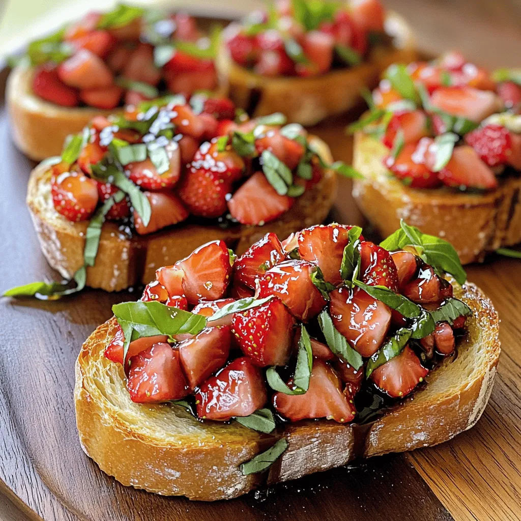 To make Strawberry Basil Bruschetta, gather these main ingredients: - Baguette - Fresh strawberries - Fresh basil leaves - Balsamic glaze - Honey - Lemon zest - Sea salt - Black pepper - Optional: Ricotta cheese and olive oil The baguette gives the bruschetta a nice crunch. Fresh strawberries add sweet and juicy flavor. Fresh basil leaves bring a lovely herbal note. The balsamic glaze adds a tangy sweetness, while honey enhances the natural sweetness of the strawberries. Lemon zest brightens the dish with a fresh zing, and a pinch of sea salt helps balance the flavors. Black pepper adds a little warmth and depth. If you choose to use ricotta cheese, it will add creaminess and richness. Brushing olive oil on the baguette slices adds flavor and helps them toast evenly. Gather these ingredients, and you're ready to create a delicious summer treat! 1. Preheat the oven to 400°F (200°C). This helps the bread toast nicely. 2. Place the baguette slices on a baking sheet. 3. Brush olive oil on each slice. This adds flavor and color. 4. Bake for 8-10 minutes. Watch closely until golden brown. 1. In a bowl, mix diced strawberries and chopped basil. 2. Add balsamic glaze, honey, lemon zest, salt, and black pepper. 3. Toss gently to coat all the pieces. 4. Let it sit for 5-10 minutes. This allows the flavors to blend well. 1. If you like, spread ricotta cheese on each toasted slice. 2. Spoon the strawberry mixture on top. 3. Drizzle extra balsamic glaze for a touch of sweetness. To make the best bruschetta, toasting properly is key. Start by preheating your oven to 400°F (200°C). This temperature gives the bread a nice crunch. Place the sliced baguette in a single layer on a baking sheet. Use a brush to coat the top with olive oil. This helps achieve a golden finish. - Avoiding burning: Keep a close eye on the baguette as it bakes. Set a timer for about 8 minutes. Check if they are golden brown and crisp. If they look too dark, take them out right away. - Achieving the right crispness: You want a crisp texture that holds the toppings. Bake until just golden, then let them cool for a moment. This cooling helps keep them crispy. Using fresh ingredients makes your bruschetta shine. Fresh strawberries and basil add bright flavors. Always pick ripe strawberries for sweetness. The basil should smell fragrant and look vibrant. - Recommended storage of toppings: If you have leftovers, store the topping in the fridge. Place it in an airtight container. Keep the bread separate to maintain its crunch. Plating your bruschetta well makes it even more inviting. Use a rustic wooden platter or a slate board. This adds charm to your dish. - Ideal plating techniques: Arrange the bruschetta in a circle or line. Add extra basil leaves and strawberry slices around the edge. This creates a beautiful look. - Complementary beverages to serve: Pair your bruschetta with a light white wine or sparkling water. These drinks enhance the flavors of the dish. {{image_4}} You can change up your bruschetta with different fruits. Peaches add a sweet twist. Diced tomatoes bring a fresh taste. You can also try different herbs. Mint adds a cool flavor. Parsley gives a nice touch too. Each option opens up new tastes. If you want a vegan option, skip the ricotta. You can use avocado for creaminess. For gluten-free bruschetta, look for gluten-free baguettes. Many stores carry them now. This way, everyone can enjoy this tasty treat. You can give bruschetta an Italian twist. Use classic toppings like tomatoes and garlic. For a Mediterranean style, add olives or feta cheese. These changes will create a unique flavor. Feel free to experiment and find your favorite mix! To keep your bruschetta fresh, store the bread and toppings separately. This way, the bread stays crisp. Place the toasted baguette slices in an airtight container or a zip-lock bag. The toppings should go in a separate container. They can last up to three days in the fridge. But for the best taste, eat them within one day. To reheat your bruschetta without losing crispness, use an oven. Preheat it to 350°F (175°C). Place the baguette slices on a baking sheet. Heat them for about 5-7 minutes. Check them often, so they don’t burn. This method keeps the bread nice and crunchy. You can freeze the bruschetta components for later use. For the bread, slice it and place it in a freezer bag. Make sure to remove as much air as possible. For the topping, mix and freeze it in a separate container. You can keep both for up to three months. When you’re ready to eat, thaw them in the fridge overnight. Reheat the bread as mentioned above before serving. Strawberry Basil Bruschetta is a fresh and tasty appetizer. It features toasted baguette slices topped with a sweet and savory mix of strawberries and basil. The dish combines juicy strawberries with aromatic basil, honey, and balsamic glaze. This mix creates a burst of flavor that dances on your taste buds. Optional creamy ricotta adds a rich layer to the bruschetta. This dish is a perfect summer treat that looks and tastes amazing. You can prep the toppings early. Chop the strawberries and basil and mix them with the other ingredients. Store this mix in the fridge for a few hours. This helps the flavors come together. Keep the baguette slices separate until you are ready to serve. Toast them fresh for the best crunch. This way, your bruschetta stays crisp and delightful when you serve it. Yes, you can use frozen strawberries. However, they may change the texture a bit. Frozen strawberries can be softer when thawed. This could make the topping less crunchy. To keep the flavor, thaw them and drain excess juice. For the best taste, fresh strawberries are always ideal. But if you only have frozen ones, they will still add a nice flavor to the bruschetta. Strawberry basil bruschetta is simple and delicious. We covered key ingredients, like fresh strawberries and basil, plus the perfect way to toast the baguette. Remember to mix flavors and consider serving tips for a great look. You can also try different toppings or modify for diets. Storing and reheating correctly helps you enjoy every bite. This dish is easy to make ahead, ensuring you impress your guests. Get creative and make it your own!