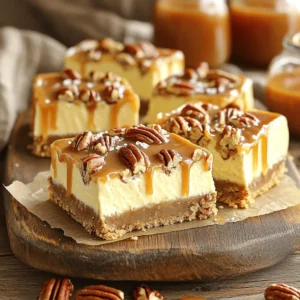 - 1 cup graham cracker crumbs - 1/4 cup unsalted butter, melted - 2 tablespoons brown sugar - 2 packages (8 oz each) cream cheese, softened - 1/2 cup granulated sugar - 1 teaspoon vanilla extract - 2 large eggs - 1 cup pecans, chopped - 1 cup caramel sauce - 1 teaspoon sea salt (for garnish) Graham cracker crumbs form a sweet crust that holds the bars together. Use fresh, unsalted butter for the best flavor. Cream cheese is the star of the filling, making it rich and creamy. Choose high-quality vanilla extract for a deeper taste. Pecans add crunch and flavor, so chop them well. Caramel sauce can be homemade or store-bought, depending on your time. Sea salt adds a nice contrast to the sweet topping. If you lack graham cracker crumbs, use crushed cookies or oats. Coconut oil can replace butter for a dairy-free option. For a lighter option, try using Neufchâtel cheese instead of cream cheese. Maple syrup could replace granulated sugar, but it might change the texture. If you want a nut-free version, leave out the pecans or replace them with pumpkin seeds. For a different flavor, you can use almond or hazelnut extract in place of vanilla. First, preheat your oven to 350°F (175°C). While the oven warms, grab a 9x9 inch baking dish. Lightly grease it with cooking spray or butter. This step helps the bars come out easily later. In a medium bowl, mix together the graham cracker crumbs, melted butter, and brown sugar. Stir until the mixture looks like wet sand. Press this mixture firmly into the bottom of your greased dish. Make sure it is even and compact. This crust will hold everything together. In a large bowl, use an electric mixer to beat the softened cream cheese and granulated sugar. Mix for 2-3 minutes until smooth and creamy. Add in the vanilla extract and mix it well. This creates a rich base for your cheesecake. With the mixer on low speed, add the eggs one at a time. Mix just until incorporated after each egg. Avoid overmixing to keep the cheesecake light. Pour the cheesecake filling over the crust. Bake for about 30-35 minutes. The edges should be set, but the center can jiggle a bit. It will firm up as it cools. Once baked, take the dish out of the oven. Let it cool at room temperature for about 30 minutes. After that, move the dish to the fridge. Chill for at least 2 hours. This helps the cheesecake set and makes it easier to cut. When making caramel pecan pie cheesecake bars, avoid some common pitfalls: - Overmixing: Mix the batter just enough. Too much mixing can make it dense. - Skipping the chill: Don’t skip chilling the bars. This step helps them set properly. - Ignoring the jiggle: When baking, the center should jiggle slightly. It will firm up later. To get that creamy and smooth texture in your cheesecake bars: - Room temperature ingredients: Make sure your cream cheese is soft. This helps it blend well. - Fold gently: When adding pecans, fold gently to keep the air in the batter. - Avoid high heat: Bake at 350°F. Too high can cause cracks and uneven texture. For a stunning presentation of your cheesecake bars: - Use a nice platter: Arrange the bars on a decorative dish for a great look. - Add extra caramel: Serve with extra caramel sauce in a small bowl for drizzling. - Garnish well: Top each bar with a whole pecan. This adds charm and flavor. {{image_4}} You can change the nuts in this recipe for a new taste. Walnuts or almonds work well. Both add a nice crunch. If you want a twist, try hazelnuts. They have a rich flavor that pairs nicely with caramel. Just chop them up like you do with pecans. While caramel sauce is a classic topping, you can mix it up. Try a chocolate ganache for a sweet twist. Melt dark chocolate and mix with cream for a rich topping. You can also use fresh fruit, like sliced strawberries or raspberries. They add freshness and a pop of color. Making mini cheesecake bars is easy and fun. Use a muffin tin lined with paper cups. This way, each bar is a perfect bite. Adjust the baking time to about 20-25 minutes. They will be cute and can be great for parties or snacks. To keep your caramel pecan pie cheesecake bars fresh, store them in an airtight container. Place a piece of wax paper between the bars and the lid. This will help prevent sticking. You can keep the bars in the fridge for up to five days. Make sure they are completely cool before storing. This will help them set and taste better. If you want to save some for later, you can freeze these cheesecake bars. First, cut them into squares. Wrap each square tightly in plastic wrap. Then, place the wrapped bars in a freezer-safe bag. They can last for up to three months in the freezer. When you are ready to eat them, just thaw them in the fridge overnight. If you want to enjoy them warm, you can reheat the cheesecake bars. Place a bar on a microwave-safe plate. Heat it in the microwave for about 10-15 seconds. Check to see if it is warm enough for you. Avoid overheating, as that can change the texture. Enjoy your delicious treat! Yes, you can make these cheesecake bars ahead of time. They taste even better after chilling. I suggest making them a day before your event. This gives the flavors time to blend. Just be sure to cover them well in the fridge. If you need a cream cheese substitute, try using mascarpone or ricotta cheese. Both provide a creamy texture. Another option is vegan cream cheese for a dairy-free choice. Just ensure that the substitute you select has a similar fat content. To prevent cracking, mix the batter on low speed. Avoid overmixing, as this adds too much air. Bake at a lower temperature, and do not open the oven door while baking. Cooling the cheesecake slowly helps, too. Let it cool at room temperature first. Yes, you can use a different type of crust. Options include an Oreo crust or a nut-based crust. Just make sure the crust holds up. If using a different crust, adjust the baking time if needed. Enjoy experimenting with flavors! You learned all about making cheesecake bars from ingredients to storage. We covered key notes, tips, tricks, and variations. With this guide, you can make delicious bars and impress everyone. Remember to avoid common mistakes for a great texture. Enjoy the process and feel free to experiment with flavors. Cheesecake bars are fun to make and share. Now, you’re ready to enjoy your tasty creation!