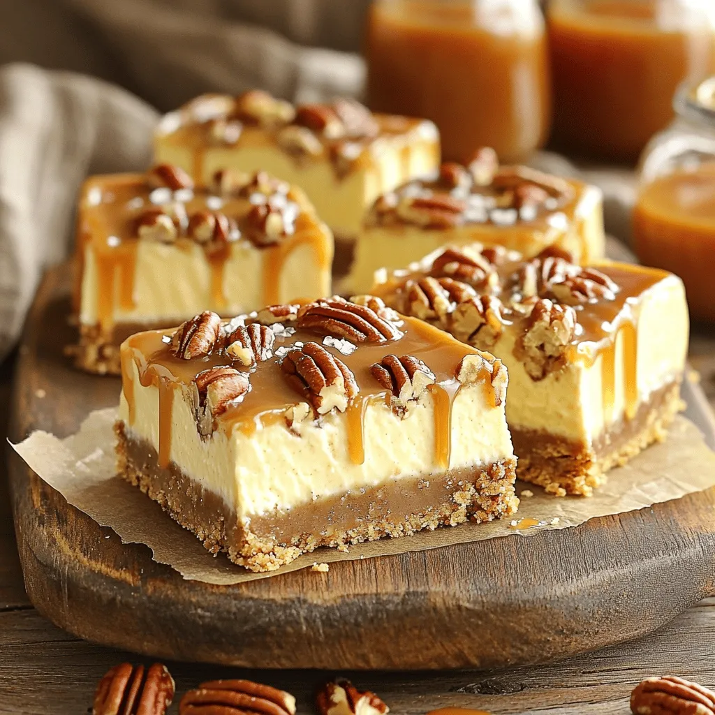 - 1 cup graham cracker crumbs - 1/4 cup unsalted butter, melted - 2 tablespoons brown sugar - 2 packages (8 oz each) cream cheese, softened - 1/2 cup granulated sugar - 1 teaspoon vanilla extract - 2 large eggs - 1 cup pecans, chopped - 1 cup caramel sauce - 1 teaspoon sea salt (for garnish) Graham cracker crumbs form a sweet crust that holds the bars together. Use fresh, unsalted butter for the best flavor. Cream cheese is the star of the filling, making it rich and creamy. Choose high-quality vanilla extract for a deeper taste. Pecans add crunch and flavor, so chop them well. Caramel sauce can be homemade or store-bought, depending on your time. Sea salt adds a nice contrast to the sweet topping. If you lack graham cracker crumbs, use crushed cookies or oats. Coconut oil can replace butter for a dairy-free option. For a lighter option, try using Neufchâtel cheese instead of cream cheese. Maple syrup could replace granulated sugar, but it might change the texture. If you want a nut-free version, leave out the pecans or replace them with pumpkin seeds. For a different flavor, you can use almond or hazelnut extract in place of vanilla. First, preheat your oven to 350°F (175°C). While the oven warms, grab a 9x9 inch baking dish. Lightly grease it with cooking spray or butter. This step helps the bars come out easily later. In a medium bowl, mix together the graham cracker crumbs, melted butter, and brown sugar. Stir until the mixture looks like wet sand. Press this mixture firmly into the bottom of your greased dish. Make sure it is even and compact. This crust will hold everything together. In a large bowl, use an electric mixer to beat the softened cream cheese and granulated sugar. Mix for 2-3 minutes until smooth and creamy. Add in the vanilla extract and mix it well. This creates a rich base for your cheesecake. With the mixer on low speed, add the eggs one at a time. Mix just until incorporated after each egg. Avoid overmixing to keep the cheesecake light. Pour the cheesecake filling over the crust. Bake for about 30-35 minutes. The edges should be set, but the center can jiggle a bit. It will firm up as it cools. Once baked, take the dish out of the oven. Let it cool at room temperature for about 30 minutes. After that, move the dish to the fridge. Chill for at least 2 hours. This helps the cheesecake set and makes it easier to cut. When making caramel pecan pie cheesecake bars, avoid some common pitfalls: - Overmixing: Mix the batter just enough. Too much mixing can make it dense. - Skipping the chill: Don’t skip chilling the bars. This step helps them set properly. - Ignoring the jiggle: When baking, the center should jiggle slightly. It will firm up later. To get that creamy and smooth texture in your cheesecake bars: - Room temperature ingredients: Make sure your cream cheese is soft. This helps it blend well. - Fold gently: When adding pecans, fold gently to keep the air in the batter. - Avoid high heat: Bake at 350°F. Too high can cause cracks and uneven texture. For a stunning presentation of your cheesecake bars: - Use a nice platter: Arrange the bars on a decorative dish for a great look. - Add extra caramel: Serve with extra caramel sauce in a small bowl for drizzling. - Garnish well: Top each bar with a whole pecan. This adds charm and flavor. {{image_4}} You can change the nuts in this recipe for a new taste. Walnuts or almonds work well. Both add a nice crunch. If you want a twist, try hazelnuts. They have a rich flavor that pairs nicely with caramel. Just chop them up like you do with pecans. While caramel sauce is a classic topping, you can mix it up. Try a chocolate ganache for a sweet twist. Melt dark chocolate and mix with cream for a rich topping. You can also use fresh fruit, like sliced strawberries or raspberries. They add freshness and a pop of color. Making mini cheesecake bars is easy and fun. Use a muffin tin lined with paper cups. This way, each bar is a perfect bite. Adjust the baking time to about 20-25 minutes. They will be cute and can be great for parties or snacks. To keep your caramel pecan pie cheesecake bars fresh, store them in an airtight container. Place a piece of wax paper between the bars and the lid. This will help prevent sticking. You can keep the bars in the fridge for up to five days. Make sure they are completely cool before storing. This will help them set and taste better. If you want to save some for later, you can freeze these cheesecake bars. First, cut them into squares. Wrap each square tightly in plastic wrap. Then, place the wrapped bars in a freezer-safe bag. They can last for up to three months in the freezer. When you are ready to eat them, just thaw them in the fridge overnight. If you want to enjoy them warm, you can reheat the cheesecake bars. Place a bar on a microwave-safe plate. Heat it in the microwave for about 10-15 seconds. Check to see if it is warm enough for you. Avoid overheating, as that can change the texture. Enjoy your delicious treat! Yes, you can make these cheesecake bars ahead of time. They taste even better after chilling. I suggest making them a day before your event. This gives the flavors time to blend. Just be sure to cover them well in the fridge. If you need a cream cheese substitute, try using mascarpone or ricotta cheese. Both provide a creamy texture. Another option is vegan cream cheese for a dairy-free choice. Just ensure that the substitute you select has a similar fat content. To prevent cracking, mix the batter on low speed. Avoid overmixing, as this adds too much air. Bake at a lower temperature, and do not open the oven door while baking. Cooling the cheesecake slowly helps, too. Let it cool at room temperature first. Yes, you can use a different type of crust. Options include an Oreo crust or a nut-based crust. Just make sure the crust holds up. If using a different crust, adjust the baking time if needed. Enjoy experimenting with flavors! You learned all about making cheesecake bars from ingredients to storage. We covered key notes, tips, tricks, and variations. With this guide, you can make delicious bars and impress everyone. Remember to avoid common mistakes for a great texture. Enjoy the process and feel free to experiment with flavors. Cheesecake bars are fun to make and share. Now, you’re ready to enjoy your tasty creation!