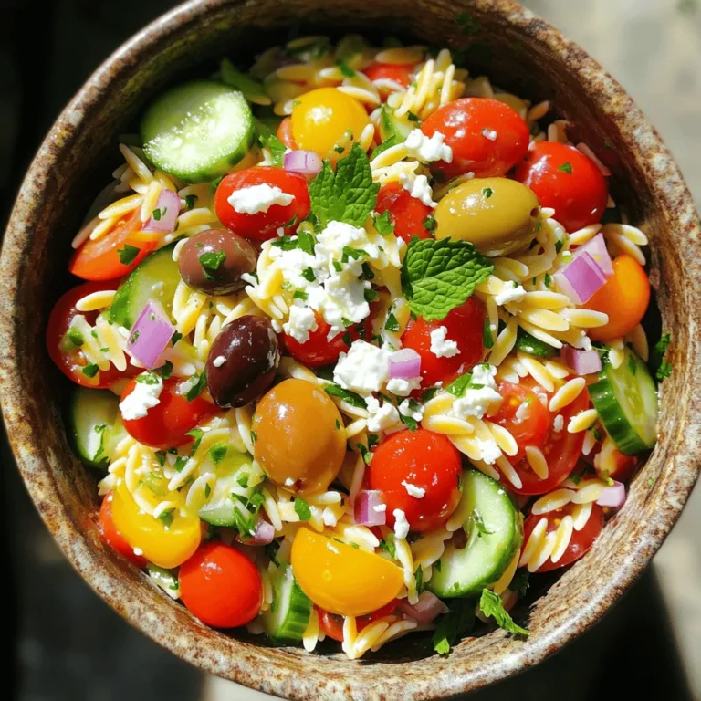 - 1 cup orzo pasta - 1 ½ cups cherry tomatoes, halved - ½ cucumber, diced into small cubes - ½ red onion, finely chopped - ½ cup feta cheese, crumbled - ¼ cup Kalamata olives, pitted and sliced - ¼ cup fresh parsley, chopped - ¼ cup fresh mint, chopped - 3 tablespoons extra-virgin olive oil - 2 tablespoons freshly squeezed lemon juice - 1 teaspoon dried oregano - Salt and freshly ground pepper to taste Orzo pasta is a great source of carbs. It gives energy for your day. Cherry tomatoes are full of vitamins and antioxidants. They help keep your skin healthy. Cucumbers provide hydration due to their high water content. They are low in calories too. Red onions contain quercetin, which may reduce inflammation. Feta cheese offers protein and calcium. It supports strong bones and muscles. Kalamata olives are rich in healthy fats, which can improve heart health. Fresh parsley and mint add flavor and nutrients. They also aid digestion. Olive oil is a good fat that can help lower cholesterol levels. If you can't find orzo, consider using quinoa or couscous. Cherry tomatoes can be swapped with grape tomatoes or diced bell peppers. For a crunch, you can replace cucumber with zucchini. If you prefer a milder taste, use green onions instead of red onions. For a dairy-free option, you can skip feta or use a vegan cheese. Black olives work well if you can’t find Kalamata olives. You can add other herbs like basil or dill for a new twist. To start, bring 4 cups of salted water to a boil in a medium pot. Once the water bubbles, add 1 cup of orzo pasta. Cook it for 8-10 minutes until it is al dente, meaning it is firm when you bite it. After cooking, drain the orzo in a colander. Rinse it with cold water to stop the cooking. Set the orzo aside to cool. Next, gather all your fresh veggies. In a large mixing bowl, combine 1 ½ cups of halved cherry tomatoes, ½ diced cucumber, and ½ finely chopped red onion. Add ¼ cup of sliced Kalamata olives, ¼ cup of chopped parsley, and ¼ cup of chopped mint. Toss these ingredients gently to mix them well. Now, let's make the dressing. In a small bowl, whisk together 3 tablespoons of extra-virgin olive oil, 2 tablespoons of freshly squeezed lemon juice, and 1 teaspoon of dried oregano. Add a sprinkle of salt and freshly ground pepper. Mix until everything is well blended. It’s time to bring the salad together. Add the cooled orzo to the bowl with the vegetables. Drizzle the dressing over the top. Gently fold in ½ cup of crumbled feta cheese. Be careful not to crush the cheese while mixing. For a great presentation, serve the salad on a large platter or in individual bowls. You can garnish with extra mint leaves and a light drizzle of olive oil. For the best taste, let the salad chill in the fridge for about 30 minutes. This helps all the flavors blend beautifully. Enjoy your fresh and flavorful Mediterranean Orzo Salad! To cook orzo perfectly, use a large pot with enough water. Bring the water to a rolling boil. Add salt to enhance flavor. Cook the orzo for 8 to 10 minutes until it is al dente. Stir occasionally to prevent sticking. After cooking, drain the orzo in a colander. Rinse it under cold water to stop the cooking process. This keeps it from getting mushy. Store leftover Mediterranean orzo salad in an airtight container. Place it in the fridge to keep it fresh. Enjoy the salad within three days for the best taste. If you want to keep it longer, you can freeze it. However, the texture may change after thawing. To change the flavor of your orzo salad, try adding more herbs. Fresh basil or dill can brighten the dish. If you like a bit of heat, add red pepper flakes. You can also change the acidity. Try using lime juice instead of lemon. For a richer taste, add more feta cheese or olives. Always taste as you go. This helps you find the perfect balance. {{image_4}} You can add grilled chicken to this salad for extra protein. Simply season chicken breast with salt, pepper, and oregano. Grill until cooked through, then slice it thin. Mix the chicken with the orzo, veggies, and feta. This version is filling and perfect for a main dish. To make this salad vegan, skip the feta cheese. You can use avocado for creaminess instead. For added texture, try adding chickpeas. They provide protein and fiber, making the salad hearty. This way, everyone can enjoy a fresh and vibrant meal. Seasonal veggies can enhance this salad's flavor. In spring, consider adding asparagus or peas. In summer, bell peppers and zucchini work well. In fall, try roasted butternut squash for a sweet touch. Mixing in seasonal produce keeps the dish exciting and fresh! To keep your Mediterranean Orzo Salad fresh, store it in an airtight container. This helps keep moisture out and flavors in. You can keep it in the fridge for up to three days. If you want to enjoy it later, make sure to keep the dressing separate until you are ready to eat. This keeps the salad crisp and tasty. You can freeze Mediterranean Orzo Salad, but it may change texture. First, store it in a freezer-safe container. Make sure to leave space at the top for expansion. The salad can last for up to three months in the freezer. When you’re ready to eat, thaw it overnight in the fridge. After thawing, add fresh herbs and dressing for best flavor. The shelf life of Mediterranean Orzo Salad is about three days in the fridge. To keep it at its best, check for any signs of spoilage like an off smell or slimy texture before eating. If you notice these signs, it’s best to toss it. To enjoy a fresh taste, try to eat it soon after making it. Yes, you can make Mediterranean Orzo Salad ahead of time. Prepare it in advance and store it in the fridge. The flavors will blend well if you let it chill for 30 minutes or more. Just remember to toss it gently before serving. You can serve Mediterranean Orzo Salad with many dishes. It pairs nicely with grilled chicken or fish. You can also enjoy it alongside pita bread or hummus. This salad is a great side for barbecues or picnics, too. The traditional orzo pasta is not gluten-free, as it is made from wheat. However, you can use gluten-free orzo or another gluten-free pasta. Look for brands that offer gluten-free options to keep the salad safe for those with gluten sensitivities. You can customize your Mediterranean Orzo Salad in many ways. Add different veggies like bell peppers, artichokes, or spinach. You can also swap feta cheese for goat cheese or omit cheese for a vegan option. For a protein boost, try adding grilled shrimp or chickpeas. The choice is yours! You learned how to make a healthy Mediterranean Orzo Salad. We covered the ingredients and their benefits, plus easy substitutes. I shared step-by-step cooking tips to enhance flavor and texture. Remember, you can adjust the recipe to fit your taste and diet needs. This salad is great for meals or snacks. Try it fresh or save leftovers for later. Enjoy this fun, delicious dish!