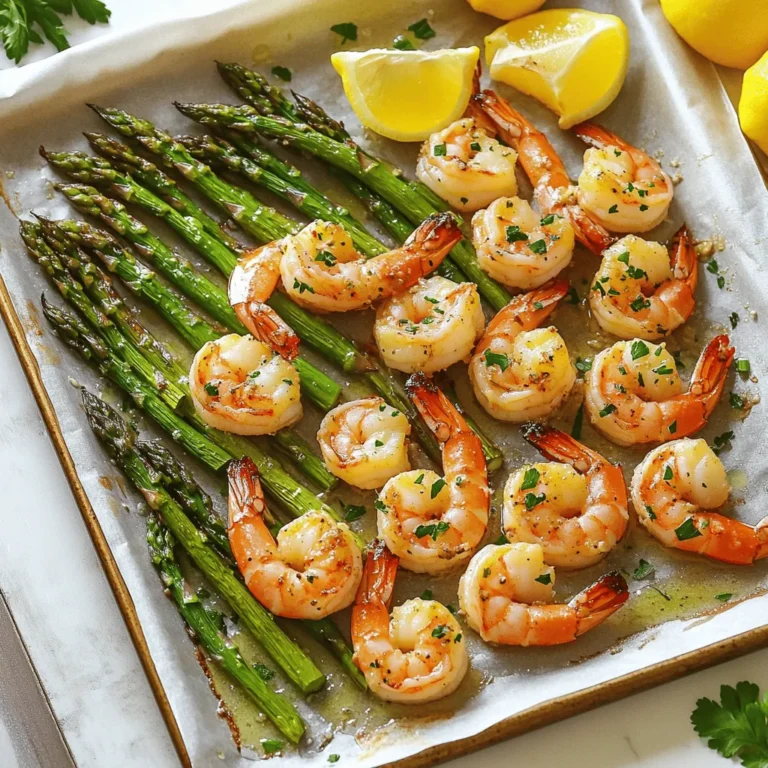 To make Sheet-Pan Garlic Butter Shrimp and Asparagus, you need the following items: - 1 pound large shrimp, peeled and deveined - 1 bunch asparagus, trimmed and cut into 2-inch pieces - 4 tablespoons unsalted butter, melted - 4 cloves garlic, minced - 1 teaspoon smoked paprika - 1 teaspoon lemon zest, finely grated - Salt and freshly ground black pepper, to taste - 1 tablespoon fresh parsley, finely chopped, for garnish - Lemon wedges, for serving You can easily adjust this recipe to fit your needs. If you dislike shrimp, try chicken or tofu. Swap asparagus for broccoli or green beans if you prefer. Use olive oil instead of butter for a dairy-free option. If you're on a low-sodium diet, reduce the salt or use herbs to add flavor. Always feel free to get creative with spices based on your taste! Using fresh ingredients makes a big difference in this dish. Fresh shrimp have a firm texture and a sweet taste that frozen ones lack. Fresh asparagus adds a crisp bite and bright flavor. When you use fresh garlic, it brings out a strong aroma and taste. Fresh lemon zest enhances the dish with a bright, citrusy note. Always choose quality ingredients for the best results! Start by gathering all your ingredients. You need shrimp, asparagus, butter, garlic, spices, and lemon. Preheat your oven to 400°F (200°C). Line a large sheet pan with parchment paper. This helps with easy cleanup. Trim the asparagus and cut it into 2-inch pieces. Peel and devein the shrimp if needed. In a small bowl, whisk together melted butter, minced garlic, smoked paprika, lemon zest, and a pinch of salt and pepper. Spread the shrimp and asparagus evenly on the sheet pan. Drizzle half of the garlic butter mixture over them. Use your hands or tongs to toss everything together. Make sure the shrimp and asparagus are in a single layer. This allows for even cooking. Place the sheet pan in the oven and bake for 10-12 minutes. The shrimp will turn pink and opaque. The asparagus should be tender but still crisp. To check if the shrimp are done, look for a pink color and opaque texture. The asparagus should be bright green and tender. If you want, you can use a fork to poke the asparagus. It should be soft but still have some snap. Once done, remove the pan from the oven. Drizzle the remaining garlic butter over the shrimp and asparagus. Toss gently to mix. For this recipe, I recommend using large shrimp. They cook evenly and stay juicy. You can also use jumbo shrimp for a heartier bite. If you prefer, try different shrimp types, like wild-caught or farmed. Each has its taste and texture. You can even swap shrimp for chicken or tofu if you want a twist. The garlic butter sauce is key to this dish. Use fresh garlic for the best flavor. Mince it finely to ensure it spreads evenly. Melt the butter before mixing to help it blend well. Make sure to balance the lemon zest with the smoked paprika. This will give your sauce a bright and rich taste. To make cooking easier, use these tools: - A large sheet pan to hold all the shrimp and asparagus. - Parchment paper for easy cleanup. - A small mixing bowl for the garlic butter sauce. - Tongs to toss the shrimp and asparagus gently. - A zester to get the lemon zest just right. Having these tools on hand will help you create this dish smoothly and enjoyably. {{image_4}} You can switch up the veggies in this dish. Try using broccoli, bell peppers, or snap peas. Carrots add a nice crunch, too. Just make sure to cut them into small pieces. This way, they cook evenly with the shrimp. Feel free to get creative with spices. Try adding chili flakes for some heat. You can also use Italian herbs like oregano or basil. For a twist, swap smoked paprika for curry powder. Each change can give the dish a new taste. To make this a full meal, serve it with rice or quinoa. Garlic bread is also a great side. A fresh salad with lemon vinaigrette pairs well, too. You can even add a fruit salad for a sweet touch. After you enjoy your meal, let the leftovers cool first. Store them in an airtight container. This helps keep the shrimp and asparagus fresh. You can keep them in the fridge for up to three days. Make sure to label the container with the date. This way, you won't forget when you made it. To reheat your leftovers, use the oven. Preheat it to 350°F (175°C). Place the shrimp and asparagus on a baking sheet. Cover them with foil to keep moisture in. Heat for about 10 minutes, or until warm. This method keeps the shrimp juicy and the asparagus crisp. You can freeze this dish if you have extra. Place it in a freezer-safe container or bag. Remove as much air as possible to prevent freezer burn. It can last for up to three months in the freezer. When you want to eat it, thaw it overnight in the fridge. Then, reheat as mentioned above for the best taste. Yes, you can use frozen shrimp. First, thaw them completely. Place the shrimp in a bowl of cold water for about 15-20 minutes. Once thawed, pat them dry with a paper towel. This step helps the shrimp cook evenly and soak up the garlic butter flavor. To make this recipe gluten-free, stick to the ingredients listed. All items in the recipe are naturally gluten-free. Just check the butter to make sure it’s labeled gluten-free. If you want to serve it with a side, choose gluten-free grains like rice or quinoa. This dish pairs well with several sides. Here are a few ideas: - Cooked rice or quinoa for a hearty base. - A simple green salad for a fresh crunch. - Garlic bread to soak up any extra garlic butter. - Roasted potatoes for a comforting addition. These sides will complement the shrimp and asparagus nicely, making your meal even more enjoyable. In this blog post, we covered the key ingredients for the dish, with options for substitutions. I shared step-by-step instructions for a tasty bake and offered tips for perfect doneness. You learned about shrimp sizes, a great garlic butter sauce, and useful kitchen tools. We explored vegetable alternatives, spice variations, and side dish ideas to make it a full meal. I also gave storage tips and answered common questions. With these insights, you can confidently create a delicious and satisfying meal. Enjoy cooking!