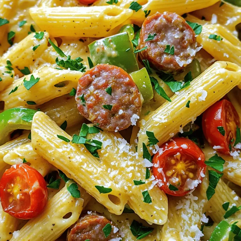- 12 oz penne pasta - 1 lb smoked sausage (like Andouille) - 1 cup heavy cream - 2 teaspoons Cajun seasoning - Sea salt and freshly ground black pepper - 1 medium onion - 1 bell pepper (red or green) - Fresh parsley and grated Parmesan cheese Gathering the right ingredients is key for great flavor. Start with the pasta. I love penne for its ridges, which hold the sauce well. The smoked sausage adds a savory kick. Andouille is my favorite choice. It brings a rich, smoky taste that truly shines. Next, we need heavy cream. It makes the sauce rich and smooth. Cajun seasoning adds a perfect zesty touch. You can adjust the amount if you like more heat. Don’t forget salt and pepper for balance. Now, for the veggies! Onions and bell peppers give a nice crunch and sweetness. Chop them up, and you’re ready to enhance the dish. Fresh parsley adds a pop of color and brightness. Grated Parmesan cheese on top? It’s the icing on the cake! Bring a large pot of salted water to a boil. Add the penne pasta. Cook it until it is al dente, which takes about 10 to 12 minutes. Once done, drain the pasta and set it aside in a large bowl. Heat a tablespoon of olive oil in a big skillet over medium heat. Add the sliced smoked sausage. Cook it for about 5 to 7 minutes. Stir it as it cooks until it turns a nice brown. When it's ready, transfer the sausage to a plate. In the same skillet, add the diced onion and bell pepper. Cook them for about 5 minutes, stirring often. You want them to be tender and a bit clear. Now, add the minced garlic. Cook it for another minute until it smells great. Pour in the low-sodium chicken broth to deglaze the skillet. This lifts up the tasty bits stuck on the bottom. Bring it to a gentle simmer. Next, stir in the heavy cream and the Cajun seasoning. Keep stirring until the sauce is well mixed. Let it simmer for 3 to 5 minutes until it thickens a little. Add the cooked sausage back into the skillet along with the halved cherry tomatoes. Stir gently so everything is coated in the creamy sauce. Let it bubble for about 2 minutes to warm the tomatoes. Now, add the drained penne pasta to the skillet. Toss everything together carefully. Make sure the pasta is well coated in the creamy sauce. Finally, season with sea salt and freshly ground black pepper to your taste. To cook pasta just right, aim for al dente texture. This means it should be firm but not hard. Follow the package instructions for timing, usually 10 to 12 minutes for penne. It’s key to salt your water well. This adds flavor to the pasta as it cooks. Use about 1-2 tablespoons of sea salt per gallon of water. The salt helps the pasta taste better. To make the dish pop, adjust the spice as you like. If you enjoy heat, add more Cajun seasoning. Start with the recommended amount, then taste and add more if needed. The type of sausage you use matters too. Smoked sausage, like Andouille, gives a rich flavor. You can also use spicy sausage for a kick. Feel free to experiment with flavors you love! To serve this dish beautifully, use wide, shallow bowls. This gives it an inviting look. For garnish, sprinkle fresh parsley on top. It adds color and freshness. You can also add grated Parmesan cheese for richness. Place a few cherry tomatoes on top for a pop of color. These small touches make your meal stand out and look appetizing! {{image_4}} You can change the protein in this dish. Instead of smoked sausage, try chicken or shrimp. Chicken adds a mild flavor, while shrimp cooks quickly and tastes great with Cajun spices. For a vegetarian option, use plant-based sausage. There are many brands that mimic the texture and flavor of meat. You can also add chickpeas or lentils for protein. Both options keep the dish filling and tasty. Adding veggies can change the flavor and texture. Spinach is a great choice. It wilts down nicely and adds nutrients. Mushrooms also work well. They bring an earthy taste that pairs well with cream. You can make the dish spicier too. Add more Cajun seasoning or a splash of hot sauce. This will give your pasta a nice kick. You can adjust the heat to your liking. If you need gluten-free options, choose gluten-free pasta. Many types are available, like brown rice or chickpea pasta. They cook well and taste good in this dish. For a dairy-free version, replace heavy cream with coconut cream. It adds a rich flavor while keeping the dish creamy. This swap is perfect for those who avoid dairy. To keep your creamy Cajun sausage pasta fresh, store leftovers in an airtight container. This helps prevent moisture loss and keeps flavors intact. You can keep it in the fridge for about 3 to 4 days. Make sure it cools down a bit before sealing to avoid steaming. When it’s time to enjoy your leftovers, reheating is key. The best method is to use a skillet over medium heat. Add a splash of chicken broth or water to keep it moist. Stir often to avoid sticking. If you prefer the microwave, use a microwave-safe dish. Heat it in short bursts, stirring in between to ensure even warming. This helps prevent dryness. If you want to save some for later, freezing works well. First, let the dish cool completely. Then, portion it into freezer-safe containers. It can last about 2 to 3 months in the freezer. When you’re ready to eat, thaw it overnight in the fridge. Reheat it in a skillet with a little broth to restore its creamy texture. For a true Cajun flavor, I recommend using Andouille sausage. This smoked sausage has a rich taste and a bit of spice. You can also try other smoked sausages if you can't find Andouille. Just look for something with a bold flavor to match the Cajun seasoning. Yes, you can make this dish ahead of time! Cook the pasta and sausage, then store them separately. You can mix them just before serving. Store in airtight containers in the fridge for up to three days. Reheat on low heat to keep the sauce creamy. To kick up the heat, add more Cajun seasoning. You can also mix in red pepper flakes or diced jalapeños. For a smoky flavor, try adding chipotle peppers in adobo sauce. Just remember to taste as you go to find the right spice level for you. This pasta pairs well with a side salad or garlic bread. A fresh green salad adds crunch and balance. For garlic bread, simply toast baguette slices with olive oil and garlic. These sides will make your meal complete and satisfying. This article shared a simple, tasty Cajun sausage pasta recipe, emphasizing main ingredients and cooking steps. You learned to create a rich sauce and combine it perfectly with pasta. We also explored tips for flavor, variations, and storage advice. Remember, this dish can be adjusted to suit your taste, whether you prefer chicken over sausage or need a vegetarian option. Enjoy experimenting with flavors and making this dish your own!