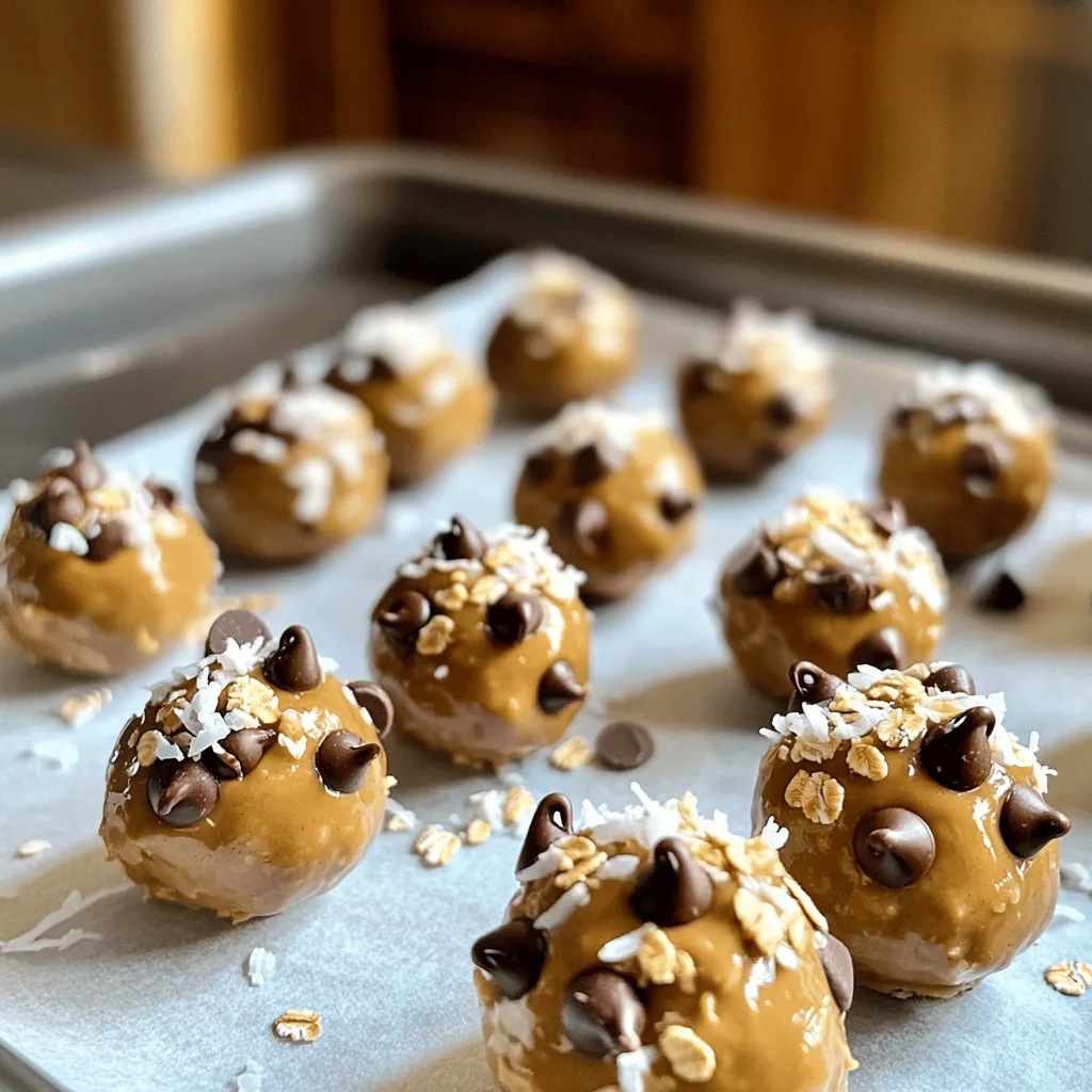 - 1 cup creamy peanut butter - 1 cup rolled oats - 1/2 cup honey or maple syrup - 1/2 cup mini chocolate chips - 1 teaspoon vanilla extract - 1/4 teaspoon salt - Optional: 1/4 cup shredded coconut or chopped nuts for added texture To make the No-Bake Peanut Butter Chocolate Chip Bites, gather these simple ingredients. The creamy peanut butter gives a rich base. Rolled oats add texture and fiber. Honey or maple syrup sweetens the bites perfectly. Mini chocolate chips bring a delightful surprise in every bite. Vanilla extract adds warmth, while salt enhances the flavors. You can add shredded coconut or chopped nuts for an extra crunch. This easy list makes it fun to prepare. First, gather your mixing bowl. Add 1 cup of creamy peanut butter and 1/2 cup of honey (or maple syrup). Blend them together. You want a smooth mix. Next, stir in 1 teaspoon of vanilla extract and 1/4 teaspoon of salt. This adds great flavor to our bites. Now, it’s time for the dry stuff. Gradually add 1 cup of rolled oats to the peanut butter mix. Stir well until the oats get fully mixed in. Then fold in 1/2 cup of mini chocolate chips. If you like, add 1/4 cup of shredded coconut or chopped nuts for extra crunch. Make sure everything is combined nicely. Once your mixture is ready, use your hands to roll it into small balls. Aim for about 1 inch in size. Place the balls on a parchment-lined baking sheet. This helps keep them from sticking. Next, put the baking sheet in the fridge. Let the bites chill for at least 30 minutes. This helps them hold their shape. After they chill, transfer the bites to an airtight container. They can stay fresh in the fridge for up to one week. Enjoy your tasty treats as a quick snack! To get the right sweetness, try adjusting your honey or maple syrup. If you want a different flavor, use alternative nut butters like almond or cashew. Each nut butter brings its own taste to the bites. You can serve these bites in fun ways. Try putting them in a pretty jar or on a nice platter. For an extra treat, add a drizzle of melted chocolate on top. This touch makes each bite feel special. You can also sprinkle more chocolate chips or shredded coconut on top for decoration. If you want to save time, prepare these bites in bulk. You can make a large batch and freeze some for later. They freeze well and are perfect for quick snacks when you're busy. Just grab a few from the freezer, and they'll be ready in no time! {{image_4}} You can easily change the flavor of your no-bake bites. Try adding different mix-ins to the base. Dried fruits like cranberries or raisins add a sweet chew. Seeds like chia or pumpkin seeds bring nice crunch and nutrition. If you want a twist, switch up the nut butter. Almond butter or cashew butter can replace peanut butter. Each nut butter gives a unique taste and texture. You can even use sunbutter for a nut-free option. Making these bites fit your diet is simple. For a vegan version, just swap honey with maple syrup. This change keeps the bites sweet without animal products. If you want lower sugar, use less honey or maple syrup. You can also use sugar-free chocolate chips. These options help keep the bites sweet without added sugar. No matter how you adapt the recipe, these bites stay delicious and satisfying! To keep your no-bake peanut butter chocolate chip bites fresh, store them in an airtight container. This helps prevent air and moisture from ruining their taste and texture. You can choose between refrigeration and freezing. - Refrigeration: If you store the bites in the fridge, they stay fresh for about one week. It's the best choice for short-term storage. - Freezing: For longer storage, freeze them. Place the bites in a single layer on a baking sheet. Once they are frozen solid, transfer them to a freezer-safe bag or container. They can last up to three months in the freezer. These bites stay fresh for about a week in the fridge. If you freeze them, they can last up to three months. Look for signs that the bites have gone bad. If they have an off smell, strange color, or mold, it’s time to toss them. Keeping an eye on these details helps ensure you enjoy every bite! Yes, you can use crunchy peanut butter. It changes the texture and taste. Crunchy peanut butter adds little bits of peanuts. This gives a nice crunch to each bite. Some people may prefer this texture over creamy peanut butter. It can also add a richer flavor. So, if you like a bit of crunch, go for it! To make these bites allergy-friendly, you can swap out some ingredients. If you need a nut-free option, use sun butter. For a gluten-free choice, make sure to use gluten-free oats. Instead of honey, maple syrup works well for a vegan option. You can also skip the chocolate chips or use dairy-free ones. These swaps keep the bites tasty while catering to dietary needs. Yes, you can make these without oats. Instead of oats, try using ground flaxseed or almond flour. These options will change the texture a bit. Ground flaxseed will add fiber and a nutty flavor. Almond flour will make the bites softer. Adjust the amount of sweetener if you use almond flour, as it can absorb moisture. Making these changes keeps the recipe flexible and fun! In this post, I broke down how to make easy and tasty no-bake peanut butter bites. We covered the ingredients, step-by-step instructions, and handy tips to perfect your treats. I also shared variations to fit different diets and preferences. Remember, you can experiment with flavors and textures to make these treats your own. Enjoy creating and sharing these bites with friends and family for a quick snack, and have fun along the way!