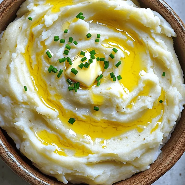 To make Instant Pot garlic mashed potatoes, you need a few simple ingredients. Here’s what you will need: - 2 pounds Yukon Gold potatoes, peeled and cut into 1-inch cubes - 4 cloves garlic, left whole - 1 cup chicken broth or vegetable broth - 1/2 cup heavy cream - 4 tablespoons unsalted butter, softened - Salt, to taste - Freshly ground black pepper, to taste - Chopped chives or parsley for garnish (optional) These ingredients come together to create a creamy delight. Yukon Gold potatoes give a rich texture. Garlic adds a nice kick. Broth infuses flavor, while cream and butter make it smooth. Feel free to explore different herbs for garnish. Chives or parsley brighten up the dish. Choose what fits your taste! Start by peeling and cutting 2 pounds of Yukon Gold potatoes into 1-inch cubes. This size helps them cook evenly. Place the cubed potatoes in your Instant Pot. Next, grab 4 whole garlic cloves and add them to the pot. These cloves will add a lovely garlic flavor to your mashed potatoes. Now, take 1 cup of chicken broth or vegetable broth and pour it over the potatoes and garlic. This broth gives the potatoes great taste. Close the Instant Pot lid tightly. Set the valve to sealing. Choose the “Manual” or “Pressure Cook” setting and set the timer for 10 minutes. This cooking time ensures the potatoes become tender. Once the timer goes off, carefully do a quick release of the pressure. Be cautious of the steam! After the pressure is gone, open the lid and check the potato mix. If there is extra liquid, drain some, but keep a little for moisture. Now, add ½ cup of heavy cream, 4 tablespoons of softened butter, salt, and black pepper to taste. Use a potato masher or a hand mixer to mash until creamy. Don’t overmix; this can make them gummy. Finally, taste and adjust the seasoning if needed. Serve warm, with a sprinkle of chives or parsley on top for a nice touch. To avoid gummy mashed potatoes, use the right potatoes. Yukon Golds are great for creamy texture. Don't overmix your potatoes, as this can make them sticky. When mashing, go for a gentle touch. A potato masher gives you control over texture. It lets you achieve your perfect creaminess without overworking the potatoes. If you prefer a smoother finish, use a hand mixer. Just remember to mix on low speed to avoid overdoing it. Garlic is key in this dish, but you can switch it up! Try adding roasted garlic for a sweeter, richer flavor. Simply roast whole garlic cloves until soft, then mash them in with your potatoes. You can also bring in fresh herbs like rosemary or thyme. These herbs add a lovely depth to your garlic mashed potatoes. A pinch of smoked paprika or a dash of cayenne can give a nice kick, too. Experiment and find your favorite mix! {{image_4}} To make this dish dairy-free, swap heavy cream for coconut milk. You can use vegan butter instead of regular butter. This keeps the creamy texture while making it plant-based. The coconut milk adds a subtle sweetness too. If you want a vegetarian option, use vegetable broth instead of chicken broth. This change keeps the dish rich and flavorful without any animal products. The veggie broth enhances the garlic taste, making it a perfect choice. For extra richness, try adding cheese or sour cream. Cream cheese gives a smooth texture and tangy flavor. You could also mix in shredded cheddar or Parmesan for a cheesy twist. These additions make the mashed potatoes even more indulgent and tasty. To keep your mashed potatoes fresh, store them in an airtight container. Place the container in the fridge. They will last about three to five days. If you want to save some for later, freezing is a great option. Use a freezer-safe container or a sealable freezer bag. Make sure to remove as much air as possible before sealing. This helps prevent freezer burn. They will stay good in the freezer for up to three months. When it's time to enjoy your leftovers, the best way to reheat them is in the microwave. Use a microwave-safe dish and cover it to keep moisture in. Heat in short bursts, stirring in between, until warm. You can also reheat on the stove. Just place them in a saucepan over low heat. Stir often to keep them from sticking. To keep your mashed potatoes creamy, add a splash of milk or cream as you heat them. This will restore their smooth texture and flavor. Yes, you can use other potatoes. For example, Russet potatoes work well. They create a fluffier texture. Red potatoes are creamier but may be a bit waxy. Yukon Gold potatoes are my favorite for their buttery taste. They give a rich, smooth texture. When choosing potatoes, consider what texture you want. Garlic mashed potatoes can last about three to five days in the fridge. Store them in an airtight container. This helps keep them fresh. If they start to dry out, add a bit of cream. You can also reheat them gently on the stove or microwave. Yes, you can double or halve this recipe easily. Just adjust the ingredient amounts accordingly. For cooking time, keep the same pressure time. The Instant Pot will adjust cooking time based on the amount inside. Always check for doneness before serving. You learned how to make tasty garlic mashed potatoes using simple steps. We covered the right ingredients, cooking methods, and tips for a creamy texture. Don't forget to try different flavors by adding herbs or cheese. You can also make dairy-free options if needed. Proper storage helps leftovers last longer. Enjoy making this dish your own! It’s easy, fun, and always satisfying. Now, dive in and enjoy every bite of your homemade garlic mashed potatoes!