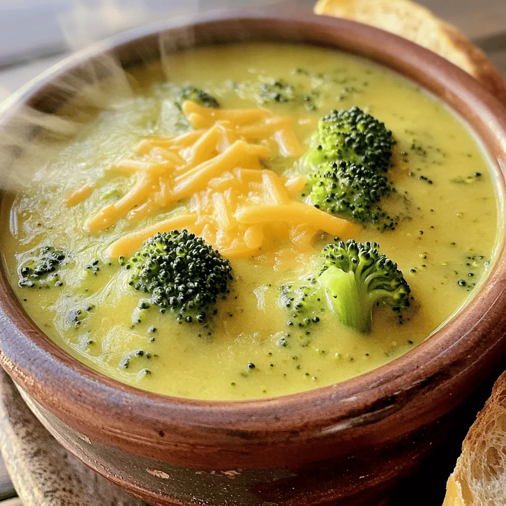 To make creamy broccoli cheddar soup, gather these fresh ingredients: - 4 cups fresh broccoli florets - 1 medium onion, diced - 2 cloves garlic, minced - 4 cups vegetable broth - 1 cup heavy cream - 2 cups sharp cheddar cheese, grated - 1 teaspoon mustard powder - 1/2 teaspoon paprika - Salt and freshly ground pepper to taste - 2 tablespoons olive oil - Optional: Crusty bread for serving - Use a dry measuring cup for the cheese and cream. - Chop broccoli into small, even pieces. This helps it cook faster. - Dice the onion small for even cooking and better flavor. - Use fresh garlic for a stronger taste, but pre-minced works too. If you need some swaps, try these: - Use cauliflower for a low-carb option instead of broccoli. - Swap heavy cream for half-and-half for a lighter soup. - Cheddar can be replaced with Gruyère or mozzarella for a twist. - For a vegan version, use coconut cream and nut cheese. - Vegetable broth can be replaced with chicken broth for added flavor. Feel free to mix and match based on what you have on hand. Enjoy the cooking process! Start by heating two tablespoons of olive oil in a large pot over medium heat. Add one diced onion. Sauté for about five minutes until the onion looks clear. Then, add two minced garlic cloves. Cook for one more minute until you smell the garlic's rich aroma. This step builds a great base for your soup. Next, toss in four cups of fresh broccoli florets. Pour in four cups of vegetable broth. Bring the mix to a gentle boil. Once it boils, lower the heat. Let it simmer for about ten to twelve minutes. The broccoli should become tender and bright green. This is when the flavors meld together. After the broccoli is ready, grab an immersion blender. Carefully blend the soup until it is smooth. If you like some pieces of broccoli, blend only half of the soup. This gives you a nice mix of textures, making each bite interesting. Reduce the heat to low. Gradually stir in one cup of heavy cream and two cups of grated sharp cheddar cheese. Mix in one teaspoon of mustard powder and half a teaspoon of paprika. Keep stirring until the cheese melts and the soup turns creamy. This step makes the soup rich and comforting. Taste your soup and add salt and freshly ground pepper as needed. If you want a thinner soup, add more broth or cream. Once seasoned, ladle the soup into bowls. Serve it hot, and if you wish, add slices of crusty bread. This makes it perfect for dipping and enjoying every drop. To get the best texture, blend the soup well. Use an immersion blender for a smooth feel. If you want some chunks, blend half the soup. This gives a nice bite with creamy parts. You can also adjust the thickness. Add more broth for a thinner soup. For a thicker soup, blend it less. Boost the flavor with simple spices. Mustard powder adds depth, while paprika gives a hint of warmth. You can also add a splash of lemon juice for brightness. Try fresh herbs like thyme or parsley. These will lift the flavor and make it even better. Always taste the soup while cooking. Adjust the salt and pepper to your liking. Presentation matters in making soup look inviting. Ladle the soup into bowls. Garnish with extra cheese on top and a few broccoli florets. This adds color and makes it pop. Serve with slices of crusty bread. It’s perfect for dipping and adds a nice touch to your meal. Enjoy making your soup look as good as it tastes! {{image_4}} You can boost the soup's flavor and make it heartier by adding protein. A few great options include: - Cooked chicken: Shred or dice cooked chicken and stir it in. - Bacon: Crispy bacon bits add a smoky taste. - Tofu: Firm tofu gives a nice texture for a vegetarian choice. Choose one or mix a few for a tasty twist. Adding more veggies increases nutrition and flavors. Here are some fun ideas: - Carrots: Diced carrots add sweetness and color. - Cauliflower: This veggie blends well and adds creaminess. - Spinach: Stir in fresh spinach just before serving for a pop of green. Feel free to experiment with what you have on hand; the soup will still taste amazing. While sharp cheddar is classic, you can mix it up with different cheeses. Some tasty options include: - Gruyère: This cheese brings a nutty and rich flavor. - Monterey Jack: For a creamier melt, try Monterey Jack. - Parmesan: Sprinkle some grated Parmesan for a salty kick. Mix and match cheeses to find your favorite flavor profile in this creamy soup. Store leftover creamy broccoli cheddar soup in an airtight container. It keeps well in the fridge for up to four days. Make sure the soup cools to room temperature before sealing it. This helps maintain its creamy texture. You can freeze this soup for longer storage. Place it in freezer-safe containers. Leave some space at the top, as the soup will expand when frozen. It can last for up to three months in the freezer. To thaw, move it to the fridge overnight. To reheat, pour the soup into a pot. Warm it over medium heat, stirring often. If the soup seems too thick, add a splash of broth or cream. Heat until it is hot throughout, and enjoy! You can also microwave it in short bursts, stirring in between. Yes, you can use frozen broccoli. Frozen broccoli works well in this soup. Just add it to the pot with the broth and cook until tender. Frozen broccoli is often picked at peak freshness. This helps keep its flavor and nutrients. To make this soup gluten-free, simply ensure your vegetable broth is gluten-free. Most store-bought broths are gluten-free, but always check the label. Avoid using any flour-based thickeners. The heavy cream and cheese will keep the soup rich and creamy. This soup pairs well with crusty bread. A nice baguette or sourdough is great for dipping. You can also serve it with a simple salad for a light meal. A side of roasted veggies adds color and nutrients. Creamy broccoli cheddar soup lasts about 3 to 4 days in the fridge. Store it in an airtight container to keep it fresh. If you see any signs of spoilage, like off-smells or mold, discard it. Reheat on the stove or in the microwave before serving. Yes, you can make this soup without heavy cream. Substitute it with whole milk or a non-dairy milk like almond or oat milk. For a thicker texture, blend in some cooked potatoes or cashews. This keeps the soup creamy while reducing fat. You now have a complete guide to creating a delicious broccoli cheddar soup. We covered each ingredient, measurement tips, and helpful substitutes. You learned how to cook and blend the soup, add cream, and season it perfectly. Remember the tips for texture, flavor, and presentation. Explore variations with protein, veggies, or different cheeses. Lastly, know how to store and reheat your leftovers. Enjoy your cooking and share this delightful soup with friends!