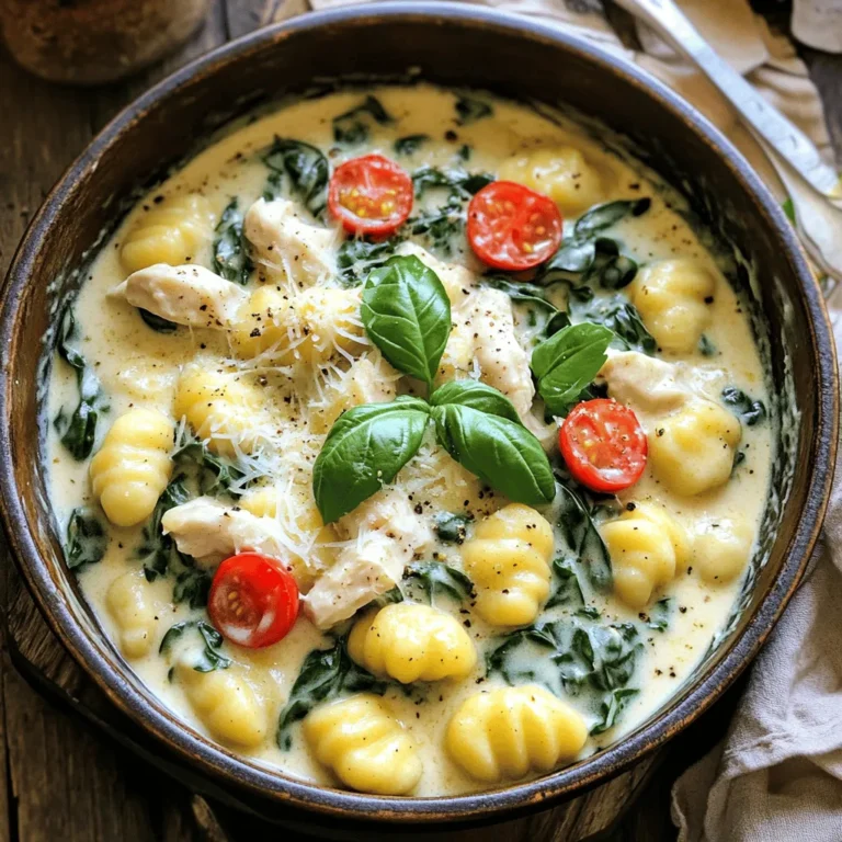 - 1 pound chicken breast, diced into bite-sized pieces - 1 pound potato gnocchi - 1 cup heavy cream - 2 cups fresh spinach, roughly chopped - 1 teaspoon Italian seasoning - Fresh basil for garnish - 1/2 cup freshly grated Parmesan cheese - Large pot - Cooking utensils In this one-pot creamy chicken gnocchi recipe, we use simple yet tasty ingredients. The chicken breast adds protein and flavor, while the gnocchi provides a soft and chewy base. Heavy cream gives the dish its rich texture, and fresh spinach adds color and nutrition. For seasoning, Italian seasoning brings warmth and depth. Fresh basil brightens the dish, making your meal look and taste amazing. Don’t forget the Parmesan cheese! It adds a salty, nutty flavor that ties everything together. You only need a large pot and your favorite cooking tools. This makes cleanup easy and keeps your kitchen neat. Enjoy cooking this simple delight! To cook the chicken, first, heat olive oil in a large pot over medium heat. When the oil is hot, add the diced chicken. Season it with salt and pepper. Sauté the chicken for about 5 to 7 minutes. You want it to be browned and cooked through. Browning adds great flavor to the dish. Once done, take the chicken out and set it aside on a plate. In the same pot, toss in the diced onion. Sauté it for about 3 to 4 minutes until it gets soft and clear. This makes a nice base for your sauce. Then, add minced garlic and cook for 1 to 2 minutes more. Be careful not to burn the garlic. Next, pour in the chicken broth and bring it to a gentle simmer. After that, stir in the heavy cream. Mix well until everything blends together smoothly. Now, it's time to add the gnocchi. Follow the package instructions. Usually, this takes about 2 to 3 minutes. Look for the gnocchi to float to the top; that means they are cooked. After the gnocchi is ready, gently fold in the chicken, fresh spinach, halved cherry tomatoes, and Italian seasoning. Cook this mixture for another 2 to 3 minutes. The spinach should wilt down nicely, and everything should heat through perfectly. To make your sauce just right, adjust the creaminess by adding more or less heavy cream. If you want a richer taste, add a bit more cheese. To keep the sauce from separating, stir gently and avoid high heat. This helps the sauce stay smooth and creamy. To know when the gnocchi is done, watch for them to float to the surface. This means they are cooked. Be careful not to overcook them. If you leave them too long, they can become mushy. For a nice presentation, serve the dish in shallow bowls. Drizzle a bit of olive oil or balsamic glaze on top. You can also add a sprinkle of cracked pepper for a pop of color and flavor. Pair this dish with a simple green salad or crusty bread for a complete meal. {{image_4}} You can easily make this dish fit your diet. For gluten-free gnocchi, look for brands made from rice or corn flour. Many stores offer these options now. For dairy-free alternatives, use coconut milk or almond milk instead of heavy cream. These options still give a creamy texture without the dairy. Want to change the taste? Add more veggies! Try bell peppers, carrots, or zucchini. They add color and nutrition. You can also mix in different herbs like thyme, rosemary, or dill. Each herb brings a new twist to the dish. If you prefer turkey, use ground turkey instead of chicken. Cook it in the same way. For seafood lovers, shrimp works great too! Just add shrimp when you add the gnocchi. If you want a meatless option, use chickpeas or tofu. They soak up flavors and keep the dish hearty. To keep your One-Pot Creamy Chicken Gnocchi fresh, follow these steps: - Refrigerate: Let the dish cool down first. Place it in the fridge within two hours. - Containers: Use airtight containers. Glass or plastic works well. Avoid metal containers for long-term storage. When it's time to enjoy leftovers, here’s how to do it right: - Stovetop: Heat in a pot over low heat. Stir often to prevent sticking. - Microwave: Use a microwave-safe bowl. Heat in short bursts, stirring in between. - Creamy Texture: Add a splash of cream or broth while reheating. This keeps the sauce smooth and tasty. Can you freeze this dish? Yes, but with care: - Freezing: Portion out the gnocchi dish into containers. Leave space for expansion. - Thawing: Move it to the fridge overnight. Reheat gently on the stovetop or microwave. Avoid freezing if you want the best texture. Creamy sauces can separate when frozen. Yes, you can prep this dish ahead of time. Cook the chicken and sauce, then store them separately. Keep the gnocchi and sauce in the fridge for up to a day. When ready to eat, just heat the chicken and sauce. Then, cook the gnocchi fresh to maintain its texture. This ensures your meal stays creamy and delicious! If you need a substitute for heavy cream, there are a few great options. You can use half-and-half or whole milk for a lighter dish. Coconut cream adds a nice flavor if you want a dairy-free choice. Greek yogurt can also work, but mix it with a bit of water to thin it. This keeps your dish creamy without using heavy cream. One-Pot Creamy Chicken Gnocchi lasts about 3 to 4 days in the fridge. Always store it in an airtight container to keep it fresh. When you reheat, add a splash of broth or cream to help it stay creamy. Enjoy your leftovers with the same tasty flavors! This blog post covered how to make One-Pot Creamy Chicken Gnocchi. You learned about the key ingredients like chicken, gnocchi, and spinach. We discussed the best cooking methods and essential tips for perfecting the sauce and gnocchi texture. Finally, we explored variations to fit different diets and how to store leftovers. With this knowledge, you can cook a delicious, creamy dish that impresses everyone. Enjoy your cooking journey!