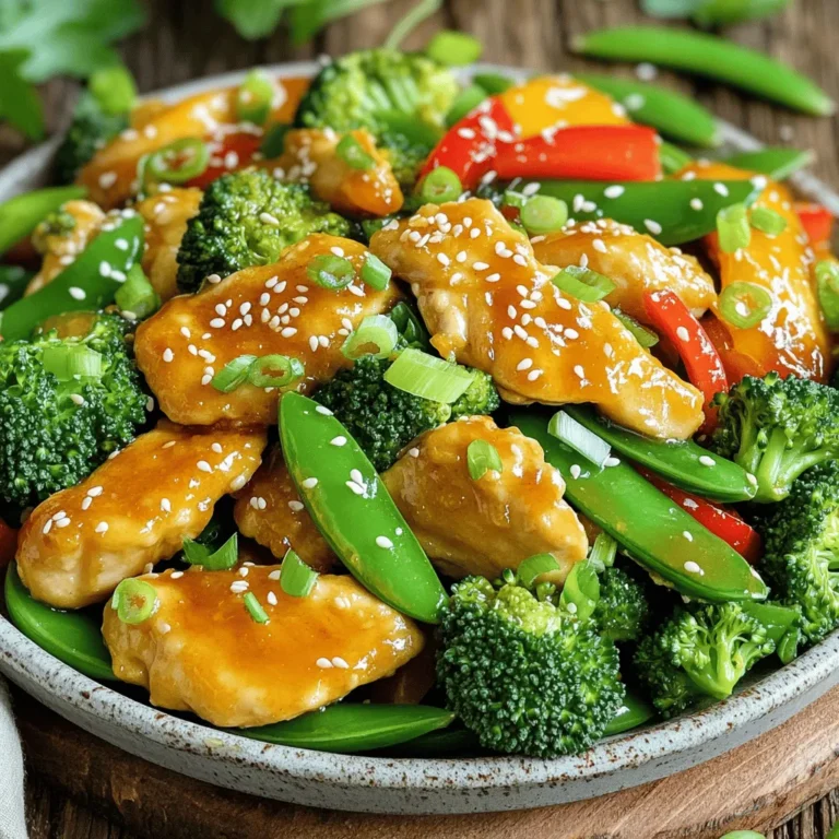 - 1 lb (450g) chicken breast, thinly sliced - 2 tablespoons soy sauce - 2 tablespoons cornstarch - 1 tablespoon olive oil - Juice and zest of 1 large orange - 1 tablespoon honey - 1 teaspoon fresh ginger, finely grated - 3 cloves garlic, minced - 1 red bell pepper, thinly sliced - 1 cup broccoli florets - 1 cup snap peas - Salt and freshly ground pepper to taste - Green onions, thinly sliced - Toasted sesame seeds - Skillet or wok - Mixing bowls - Measuring cups and spoons Gather these items before you start cooking. The chicken breast gives a nice base, while the fresh veggies add color and crunch. Orange juice and zest brighten the dish, and soy sauce with honey brings the sweet and salty balance. Don’t skip the garnishes. Green onions and sesame seeds add a pop of flavor and texture. 1. Marinate the chicken with soy sauce and cornstarch: Start by slicing 1 pound of chicken breast into thin strips. In a mixing bowl, combine the chicken with 2 tablespoons of soy sauce, 2 tablespoons of cornstarch, and a pinch of salt and pepper. Mix it well until all pieces are coated. Cover the bowl and let it sit for at least 15 minutes. This step makes the chicken tender and flavorful. 2. Prepare the orange sauce mixture: Take a separate bowl and whisk together the juice and zest from 1 large orange, 1 tablespoon of honey, 1 teaspoon of grated ginger, and 3 minced garlic cloves. This sauce will give your stir fry a bright, sweet flavor. 3. Sauté the marinated chicken: Heat 1 tablespoon of olive oil in a large skillet over medium-high heat. Once the oil is hot, add the marinated chicken in a single layer. Cook for about 4-5 minutes until the chicken is golden brown. Make sure to stir it occasionally. When done, take the chicken out and set it aside on a plate. 4. Stir-fry the vegetables: In the same skillet, add sliced red bell pepper, 1 cup of broccoli florets, and 1 cup of snap peas. Stir-fry these vegetables for about 3-4 minutes. You want them bright and slightly tender but still crisp. 5. Return the chicken to the skillet: After the vegetables are ready, add the cooked chicken back into the skillet with the veggies. 6. Pour and toss with the orange sauce: Now, pour the orange sauce over the chicken and veggies. Toss everything gently to combine. Let it cook for an extra 2-3 minutes. This allows the sauce to coat the chicken and vegetables nicely. Adjust seasoning with salt or pepper if needed. Enjoy the vibrant flavors and colors of your orange glazed chicken stir fry! - Marination time is key. Letting the chicken sit for at least 15 minutes helps it soak up flavor. This step also makes the chicken more tender. - Cook at the right temperature. Use medium-high heat to get a nice sear on the chicken. This helps lock in juices and adds a great taste. - Adjust seasoning to your taste. After cooking, taste the stir fry and add more salt or pepper if needed. - Use fresh ingredients. Fresh veggies and a ripe orange make a big difference in flavor. They add brightness and crunch to your dish. - Pair this stir fry with rice or quinoa. Both options soak up the sauce well and make your meal filling. - This dish is perfect for meal prep. You can make a big batch and enjoy it throughout the week. Just store in the fridge. {{image_4}} You can switch the chicken for shrimp or tofu. Shrimp cooks fast and adds a nice flavor. Tofu is a great choice for a plant-based meal. You can marinate the tofu just like chicken for extra taste. If you prefer beef, use thin slices of flank steak. For pork, try tenderloin or pork chops. Feel free to use any seasonal produce you like. Zucchini, bell peppers, or asparagus can work well. Adding mushrooms gives a nice, earthy taste. Carrots add a sweet crunch and color to the dish. You can mix your favorite veggies for a colorful stir fry. This dish is flexible, so use what you have on hand. Change up the sweetener in your sauce for fun. You can use maple syrup or agave for a twist. If you like heat, add some chili flakes or fresh chili. Garlic can boost the flavor even more. Try adding a splash of rice vinegar for tang. These changes can make the dish feel new and exciting. - Refrigerating leftovers: Store any leftover orange glazed chicken stir fry in an airtight container. It keeps well in the fridge for up to four days. Make sure it has cooled to room temperature before sealing. This helps avoid condensation, which can make the food soggy. - Freezing stir fry: If you want to save it for later, freeze the stir fry in a freezer-safe bag or container. It can last for up to three months. Try to remove as much air as possible before sealing. This prevents freezer burn and keeps the flavors intact. - Best practices for reheating in the skillet: To reheat, place the stir fry in a skillet over medium heat. Add a splash of water or broth to help steam and rehydrate the dish. Stir it occasionally until it’s hot throughout. This method keeps the veggies crisp and tasty. - Microwave options: If you're in a hurry, use the microwave. Place the stir fry in a microwave-safe dish. Cover it with a microwave-safe lid or wrap, leaving a small vent. Heat in short bursts, stirring in between until it’s warm. This keeps the chicken from drying out. - How long it lasts in the fridge: The orange glazed chicken stir fry stays safe to eat for about four days in the fridge. Always check for any signs of spoilage before consuming. - Signs of spoilage: Look for changes in color, texture, or smell. If the chicken smells sour or the veggies look wilted, it’s best to throw it away. Trust your senses; they help keep you safe! You can pair this dish with several sides. Here are some great options: - Steamed white rice - Brown rice or quinoa - Noodles, like chow mein or rice noodles - A crisp green salad - Roasted vegetables These sides will complement the sweet and tangy flavors of your stir fry. Yes, you can make this stir fry in advance! Here are some tips: - Cook the chicken and vegetables, then store them in the fridge. - Prepare the orange sauce and keep it separate. - When ready to eat, reheat the stir fry and add the sauce. This way, you can enjoy a quick, delicious meal later. You can easily modify this recipe for dietary needs: - For gluten-free, use tamari instead of soy sauce. - If you're vegetarian, try tofu or tempeh instead of chicken. - For low-sugar diets, use a sugar substitute in the sauce. These adjustments let everyone enjoy the tasty orange glazed chicken stir fry! This guide showed how to make delicious Orange Glazed Chicken Stir Fry. I covered key ingredients and equipment, plus step-by-step cooking instructions. Remember, marinating your chicken and using fresh veggies makes all the difference. You can vary this dish with different proteins and seasonings for new flavors. Proper storage ensures your leftovers stay tasty. Enjoy your tasty stir fry and feel free to experiment with it!