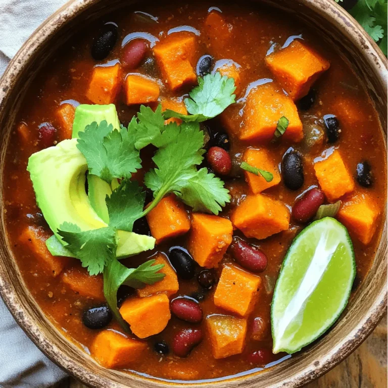 - 2 large sweet potatoes, peeled and cut into 1-inch cubes - 1 (15 oz) can of black beans, drained and rinsed - 1 (15 oz) can of kidney beans, drained and rinsed - 1 (14 oz) can of diced tomatoes, with juices - 1 bell pepper, chopped into bite-sized pieces - 1 medium onion, finely chopped - 3 cloves garlic, minced - 1 cup vegetable broth (low-sodium recommended) - 2 tablespoons chili powder - 1 tablespoon ground cumin - 1 teaspoon smoked paprika - Salt and black pepper to taste - 2 tablespoons extra virgin olive oil - Fresh cilantro, chopped (for garnish) - Slices of ripe avocado (for serving) In this vegan sweet potato chili, you will find a mix of hearty ingredients. Sweet potatoes bring natural sweetness and a creamy texture. Beans add protein and fiber. Tomatoes provide a rich base, while peppers and onions add crunch and flavor. I love using colorful bell peppers. They make the dish look vibrant. The spices create a warm, cozy feeling. Chili powder gives a kick, and cumin adds depth. Smoked paprika brings a unique, smoky taste. Olive oil is perfect for sautéing. It helps to soften the onions and peppers. Lastly, fresh cilantro and creamy avocado make the chili even better. They add freshness and balance the heat. This dish is not just filling; it is also full of nutrients. Each bite offers a burst of flavor and satisfaction. Gather these ingredients, and you are ready to create a delicious meal! Start by gathering all your ingredients. For the sweet potatoes, peel them and cut them into 1-inch cubes. You want them to cook evenly. Chop one bell pepper into bite-sized pieces. A vibrant red or earthy green one adds nice color. Finely chop one medium onion and mince three cloves of garlic. Set these aside. Next, measure out your spices. You will need two tablespoons of chili powder, one tablespoon of ground cumin, and one teaspoon of smoked paprika. Also, get one cup of low-sodium vegetable broth and one can of diced tomatoes, including the juices. Now, heat two tablespoons of extra virgin olive oil in a large pot over medium heat. Once hot, add your chopped onion and bell pepper. Sauté these for about five minutes until they are soft and translucent. Add the minced garlic along with the chili powder, cumin, and smoked paprika. Stir well and let this cook for one to two minutes. This helps the spices release their rich aroma. Next, add the diced sweet potatoes to the pot. Stir to coat them well in the onion and spice mixture. Pour in the vegetable broth and the can of diced tomatoes. Then, add the drained black beans and kidney beans. Stir everything together until well mixed. Increase the heat and bring your chili to a gentle boil. Once boiling, reduce the heat to low, cover the pot, and let it simmer for about 30 to 35 minutes. Check for tenderness by piercing the sweet potatoes with a fork. Stir occasionally to avoid sticking. Once the sweet potatoes are tender, taste your chili. Adjust the flavor with salt and black pepper as needed. For a final touch, serve the chili hot. Garnish generously with chopped fresh cilantro and top with slices of creamy avocado. To make your presentation pop, serve the chili in colorful bowls. Add a wedge of lime on the side for a zesty finish. Enjoy this hearty, flavorful chili that is sure to please! To ensure sweet potatoes cook evenly, cut them into 1-inch cubes. This size helps them cook through at the same rate. Stir the chili often while it simmers. This action helps distribute heat and prevents sticking. Avoiding spice overload is key for balance. Start with the recommended chili powder. If you want more heat, add a little at a time. You can always add more, but it’s hard to take it out once it's in. For complementary toppings, fresh cilantro and avocado slices are perfect. They add creaminess and freshness. A squeeze of lime also brightens the flavors nicely. Best sides to serve with chili include warm cornbread or tortilla chips. Both options add texture and make the meal more filling. Pairing with a simple green salad brings a nice crunch and freshness to the table. {{image_4}} You can switch up the beans in your chili. If you want a different flavor, try using chickpeas or pinto beans. These beans add their own unique taste and texture to the dish. For a heartier chili, lentils work well too. You can also change the vegetables based on what you have. For example, zucchini, corn, or carrots can be great additions. If you want a bit of crunch, try adding some diced celery. You can also use quinoa or rice instead of sweet potatoes for a different base. If you like a kick, add some spicy peppers. Jalapeños or serrano peppers can add heat. Just chop them up and mix them in with the onions. If you want more flavor, try adding chipotle peppers in adobo sauce. They give a smoky taste that pairs well with sweet potatoes. Using unique spices can also elevate your chili. Try adding cinnamon for warmth or cocoa powder for depth. Both can surprise your taste buds. You can also play with herbs like oregano or thyme for a fresh twist. Keep tasting and adjusting until you find the perfect mix! To store leftover Vegan Sweet Potato Chili, let it cool first. Place it in an airtight container. This helps keep it fresh. I recommend using glass containers with tight-fitting lids. They prevent spills and keep flavors strong. You can store it in the fridge for up to 5 days. To freeze your chili, first, let it cool completely. Use freezer-safe bags or containers. Make sure to leave some space for expansion. Label the bags with the date. You can freeze it for about 3 months. When you're ready to eat, thaw it in the fridge overnight. For quick thawing, place the bag in warm water. To reheat, warm it on the stove over low heat. Stir it often to avoid hot spots. You can also microwave it in a safe bowl. Just heat in short bursts, stirring in between. Enjoy your warm, hearty meal! Yes, you can make this chili in a slow cooker. First, sauté the onions, garlic, and spices in a pan. Then, add all the ingredients to the slow cooker. Cook on low for 6-8 hours or on high for 3-4 hours. This method gives the flavors time to mix well. Yes, this vegan sweet potato chili is gluten-free. All the ingredients are naturally gluten-free. Just ensure that your vegetable broth is also gluten-free. It’s a great option for those with gluten sensitivities. To make the chili spicier, add more chili powder. You can also toss in chopped jalapeños or other hot peppers. For extra heat, add some cayenne pepper. Start small and taste as you go. You can always add more spice! Absolutely! You can add any vegetables you like. Zucchini, corn, or even spinach work great. Just chop them into small pieces and add them when you add the sweet potatoes. This way, they will cook evenly and soak up all the flavors. This blog post covered the key ingredients for a delicious chili. You learned how to prep and cook it step by step. Tips on even cooking and flavor balance were included. I shared ways to change up the recipe using different beans or spices. Lastly, I provided storage tips for leftovers. Chili is fun to make and enjoy. You can always tweak it to fit your taste. Enjoy creating your perfect bowl!