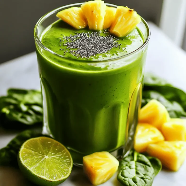 - 1 cup fresh spinach leaves, tightly packed - 1 ripe banana, peeled - 1/2 cup pineapple chunks (can be fresh or frozen) - 1/2 cup coconut water - 1/2 ripe avocado, pitted and scooped - 1 tablespoon chia seeds - Juice of 1 lime (about 2 tablespoons) - 1/2 inch piece of fresh ginger, peeled and finely grated - Ice cubes (optional, for a chilled smoothie) To make the Tropical Green Smoothie, you need fresh ingredients. Start with tightly packed spinach leaves. Spinach adds a great green color and loads of nutrients. Next, grab a ripe banana. It adds natural sweetness and creaminess. Pineapple chunks are next. They give a fruity punch that brightens the flavor. You can use fresh or frozen. Coconut water keeps the smoothie light and refreshing. Avocado adds a silky texture. It also packs healthy fats. Chia seeds are tiny powerhouses. They add fiber and omega-3s. Lime juice brings a zesty kick. Fresh ginger adds warmth and spice. Lastly, ice cubes are optional. They make your smoothie cold and refreshing. Gather these ingredients, and you are ready to blend your way to a tasty treat! 1. Start by putting the packed spinach leaves into your blender. Add the coconut water too. Blend on high until smooth. You want no spinach bits left. 2. Next, add the peeled banana, pineapple chunks, and the scooped avocado. Squeeze in the lime juice, add chia seeds, and the grated ginger. 3. Blend all the ingredients together. You want a creamy and uniform mix. If you like it thicker and colder, toss in a handful of ice cubes. Blend again until you reach the right consistency. 4. Taste your smoothie. If it needs more sweetness, add half a banana or a few extra pineapple chunks. Blend again to mix. 5. Once your smoothie is perfect, pour it into two glasses. For a nice touch, sprinkle some chia seeds on top. You can also add a lime slice or extra pineapple chunks to make it look great. To make your smoothie the best it can be, focus on the texture. A smooth drink feels nice and creamy. Start with the spinach and coconut water. Blend them well until there are no bits left. This step is key for a smooth finish. When blending, add the ingredients in the right order. Begin with liquids first, then add softer fruits and greens. This method helps everything blend better. If you want a thicker smoothie, toss in ice cubes at the end. Selecting ripe fruits is crucial. For the banana, look for yellow skin with a few brown spots. This means it's sweet and ready. For the avocado, give it a gentle squeeze. If it feels soft, it’s perfect for your smoothie. Spinach and avocado are super healthy choices. Spinach is loaded with vitamins A and K. It also offers iron, which is good for your blood. Avocado gives you healthy fats that keep you full longer. Chia seeds are tiny but mighty. They add fiber and protein to your drink. Plus, they help keep you hydrated. One tablespoon has about 58 calories and 2 grams of protein. Each serving of this smoothie gives you a tasty mix of nutrients. You get vitamins, healthy fats, and fiber. It’s a great start to your day or a refreshing snack! {{image_4}} You can switch up the fruits in your Tropical Green Smoothie. For a fun twist, try using mango or kiwi. These fruits add a unique taste and great nutrients. Mango gives a sweet, creamy texture. Kiwi adds a tangy kick and vibrant color. If you want to change the liquid, coconut water is not your only option. You can use orange juice for a citrusy flavor or almond milk for creaminess. Each choice will change the taste, so feel free to get creative! When it comes to greens, spinach is a classic choice, but kale is also a great option. Kale has a stronger flavor, so you may want to start with a smaller amount. It packs a punch of nutrients, making your smoothie even healthier. To enhance the flavor, consider adding fresh herbs like mint or basil. These herbs add a refreshing note that pairs well with the tropical fruits. Just a few leaves can elevate your smoothie to a new level of deliciousness. For your Tropical Green Smoothie, storing it well keeps it fresh. Here’s how to do it: - Refrigeration: Keep your smoothie in an airtight container. It stays good in the fridge for up to 24 hours. Shake it well before drinking, as it may separate a bit. - Freezing: If you have leftovers, pour your smoothie into ice cube trays. Once frozen, transfer the cubes to a zip-top bag. This way, you can blend them later for a quick treat. Sometimes, you may have extra smoothie. Here are fun ways to use it: - Ideas for Recipes: You can mix the leftover smoothie into yogurt or oatmeal for a fruity twist. It adds flavor and nutrition. - Smoothie Bowls: Use the leftover smoothie to create a smoothie bowl. Pour it into a bowl and top with your favorite fruits, nuts, or seeds. This makes a filling breakfast or snack. You can make your smoothie sweeter by adding more fruit. Half a banana or extra pineapple chunks work well. You can also add a splash of honey or agave syrup for added sweetness. Yes, adding protein powder is a great choice! It boosts nutrition and keeps you full longer. Just mix in a scoop when you blend your smoothie. Absolutely! Frozen fruits work great in smoothies. They keep your drink cold and add thickness. You can use frozen pineapple or even frozen banana. You can store your smoothie in the fridge for about one day. Keep it in a sealed container to maintain freshness. Shake it well before drinking again. Spinach is a top choice because it blends well and has a mild taste. Kale is another option, but it has a stronger flavor. You can also try Swiss chard or even lettuce for variety. This blog post shared a simple and tasty smoothie recipe. We covered key ingredients like spinach, banana, and avocado. I gave tips to blend for the best texture and flavor. You learned how to store your smoothies and even use leftovers creatively. Remember, you can swap out fruits or greens to make it your own. Enjoy experimenting with your healthy smoothies!