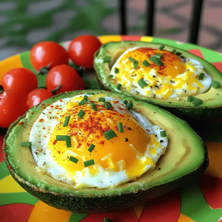 - 2 ripe avocados - 4 large eggs - Sea salt and freshly cracked black pepper - 1/4 teaspoon smoked paprika - 1 tablespoon fresh chives, finely chopped - 1/4 cup shredded cheese (choose between sharp cheddar or creamy feta) - Dash of hot sauce (optional, for an extra kick) When it comes to making Avocado Egg Breakfast Boats, the right ingredients are key. First, you need ripe avocados. Look for ones that are slightly soft to the touch. This means they are ready to use. Next, get some large eggs. They are perfect for filling the avocado wells. For seasoning, I like to keep it simple. A sprinkle of sea salt and cracked black pepper brings out the flavors. Smoked paprika adds warmth and color. Fresh chives provide a nice pop of flavor and color as well. Don’t forget the cheese! A quarter cup of shredded cheese, like sharp cheddar or creamy feta, melts beautifully on top. If you like a little heat, add a dash of your favorite hot sauce before serving. You can adjust the toppings to match your taste. Enjoy mixing flavors and creating your perfect breakfast! Set your oven to 375°F (190°C). This temperature helps cook the eggs just right. Cut each avocado in half. Twist the halves apart to separate them. Use a spoon to remove the pit. Scoop out a small bit of flesh to make a well for the egg. Place the avocado halves cut-side up in a baking dish. You can also use a baking sheet. This keeps them stable and prevents spills. Crack one egg into each avocado well. If the egg white spills over, discard a small amount. Make sure the egg fits snugly in the well. Sprinkle each egg with sea salt, pepper, and smoked paprika. This adds flavor and a nice color. Top the eggs with shredded cheese and chopped chives. This gives a fresh taste and creamy texture. Put the baking dish in the oven and bake for 15-20 minutes. Watch them closely. The cooking time depends on how you like your egg yolk. Enjoy this tasty breakfast! To get the perfect egg yolk, check your time. Bake for 15 minutes for a runny yolk. If you want a more set yolk, keep them in for 20 minutes. Watch closely, as ovens vary. You want to catch them just right! You can boost the taste of your avocado egg boats easily. Try adding spices like garlic powder or onion powder. Fresh herbs like parsley or basil can add a nice touch too. Mix and match to find your favorite flavor combo! A great plate makes your meal pop! Use a colorful dish to show off the boats. Add a sprinkle of chives on top for a fresh look. Halved cherry tomatoes on the side bring color and freshness. Your breakfast will look as good as it tastes! {{image_4}} You can easily switch up the cheese in your avocado egg boats. Try sharp cheddar for a bold taste. Creamy feta adds a nice tang. Each cheese brings a unique flavor, so mix and match to find your favorite. Want to add more texture? Consider cooked bacon or crispy spinach. Bacon gives a savory crunch, while spinach adds freshness. Both options make your dish even more filling and tasty. You can also mix in some diced tomatoes for a burst of flavor. If you prefer a vegan option, replace the eggs with tofu or a chickpea mix. Crumble firm tofu and season it like you would the eggs. Chickpeas can also work well; mash them and add spices for flavor. Both alternatives keep the dish hearty and delicious while being plant-based. To store leftovers, let the avocado egg boats cool first. Place them in an airtight container. This keeps them fresh for up to two days. If you can, cover the avocado halves with plastic wrap. This helps slow down browning. If the eggs still look good, eat them within two days for the best taste. When you’re ready to eat, you can reheat them. The best way is to use the oven. Preheat it to 350°F (175°C). Place the boats on a baking sheet. Heat for about 10 minutes. Check if the eggs are warm but not overcooked. You can also use a microwave. Heat in short bursts of 30 seconds. This way, you avoid cooking the eggs too much. Enjoy your tasty breakfast again! Yes, you can prepare the avocados in advance. Cut and scoop the avocados, then store them in the fridge. Add some lemon juice to keep them fresh. You can crack the eggs in right before baking. This helps avoid spills and keeps the eggs fresh. These boats pair well with many sides. Here are some great choices: - Fresh fruit salad - Toasted whole grain bread - Crispy bacon or turkey bacon - A light green salad These sides add variety and nutrition to your meal. Selecting ripe avocados is easy. Look for these signs: - The avocado should feel soft but not mushy. - Check the skin color. Dark green or black indicates ripeness. - Gently press with your thumb. It should yield slightly. Avoid avocados with large dark spots or blemishes. This article explained how to make Avocado Egg Breakfast Boats. You learned the main ingredients, the steps to prepare them, and tips for perfect results. Remember, adjusting the baking time can help you achieve the perfect egg yolk texture. Feel free to add your favorite toppings or try different flavor combinations. With these easy steps, you can create a healthy and delicious meal. Enjoy this dish as a tasty breakfast or snack. Happy cooking!