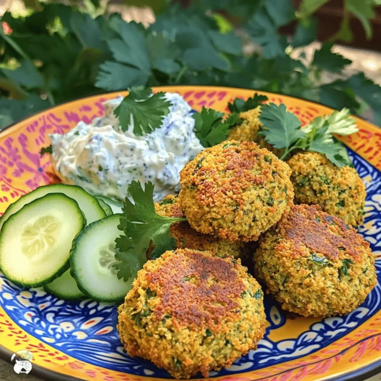 To make crispy air fryer falafel, gather the following ingredients: - Chickpeas: 1 can (15 oz), thoroughly drained and rinsed - Vegetables: 1 small onion, roughly chopped - Fresh Herbs: 1/4 cup parsley, coarsely chopped - Fresh Herbs: 1/4 cup cilantro, coarsely chopped - Spices: 1 teaspoon ground cumin - Spices: 1 teaspoon ground coriander - Spices: Salt and pepper to taste - Leavening Agents: 1/2 teaspoon baking powder - Leavening Agents: 1/2 teaspoon baking soda - Oils and Flour: 2 tablespoons olive oil - Oils and Flour: 1/4 cup all-purpose flour (or chickpea flour for a gluten-free option) Each ingredient plays a key role. The chickpeas provide protein and texture. Onions and garlic add depth of flavor. Fresh herbs bring brightness, while spices like cumin and coriander give warmth and earthiness. Baking powder and baking soda help the falafel rise, making them light and crisp. Olive oil adds richness, and flour helps bind everything together. This mix ensures your falafel will be flavorful and easy to make. Start by gathering your ingredients. Take the drained chickpeas, chopped onion, minced garlic, parsley, and cilantro. Place them in your food processor. Pulse the mix until it’s coarse. Be careful not to make it a paste. You want some texture to keep it interesting. Next, add your spices. Sprinkle in the ground cumin and coriander. Then, toss in the baking powder and baking soda. Season with salt and pepper to taste. Pulse the mixture again until the spices blend in well. This step adds warmth and depth to your falafel. Now, it’s time to shape your falafel. Scrape down the sides of the food processor. Add the olive oil and flour to the mix, then pulse until just combined. The mixture should hold its shape when you press it together. If it feels too sticky, you can add a bit more flour. Form the mixture into balls, about 1.5 inches in diameter. Wet your hands lightly to help shape them without sticking. To get your falafel crispy, lightly brush or spray them with olive oil before air frying. This small step adds a lovely crunch. It also enhances the flavor, making each bite more delicious. Air fry the falafel in a single layer. Avoid overcrowding the basket. This allows hot air to circulate around each piece. Flip the falafel halfway through cooking for even browning. This method helps create that perfect crispy outside. Check for doneness by looking for a golden brown color. The falafel should be crispy on the outside. If they look good, they are ready to come out of the air fryer. Enjoy the crispy texture and flavorful taste! {{image_4}} If you want a gluten-free option, use chickpea flour. This works great in place of all-purpose flour. It keeps the falafel light and crispy. Plus, it adds a nice nutty taste. Just swap the flour in the recipe, and you’re set! You can make your falafel even more exciting! Try adding different herbs. Fresh mint or dill can give a fresh twist. These herbs add brightness and complexity. Just chop them finely and mix them in with your other ingredients. Your taste buds will thank you! Want to boost the nutrition? Consider adding finely chopped nuts or seeds. Walnuts, almonds, or sunflower seeds are great choices. They add texture and healthy fats. Just mix them into the falafel mixture before shaping. This little change can make a big difference! You can store leftover falafel in an airtight container. They will stay fresh for up to 3 days in the fridge. Just make sure the container is sealed well to keep them from drying out. To reheat, use the air fryer. This keeps the falafel crispy. Set the air fryer to 375°F and cook for about 5-7 minutes. Check them often to make sure they do not burn. You can freeze uncooked falafel balls for later use. Lay them flat on a baking sheet and freeze until solid. Once frozen, transfer the balls to a freezer bag. When you are ready to eat, air fry them directly from frozen. Cook for 12-15 minutes at 375°F, and enjoy a quick meal! Simply use a potato masher or fork to mash chickpeas and mix ingredients by hand. Start by draining and rinsing your chickpeas. Then, mash them until they are mostly smooth but still a bit chunky. Chop your onion, garlic, parsley, and cilantro finely. Mix everything in a bowl. This method takes a little more effort but still gives you tasty falafel. Yes, you can bake at 375°F for about 20-25 minutes until crispy. To bake, form the falafel balls and place them on a lined baking sheet. Brush them lightly with olive oil to help them crisp up. Bake them in the oven, flipping halfway through for even cooking. Keep an eye on them to ensure they don’t burn. Recommended sides include tahini sauce, tzatziki, pita bread, and fresh veggies. Tahini sauce adds a creamy, nutty flavor that pairs well with falafel. Tzatziki offers a cool, refreshing taste. Pita bread is great for wrapping the falafel, and fresh veggies like cucumber or tomatoes add a nice crunch. These sides make your meal more complete and delicious. You now know how to make delicious falafel using simple ingredients. We covered each step, from preparing the mixture to air frying for that perfect crisp. Remember, using fresh herbs and spices makes a huge difference in taste. You can switch up flavors and even store leftovers easily. Try it with different dips or sides for a fun meal. Enjoy your cooking and experiment with this tasty dish!