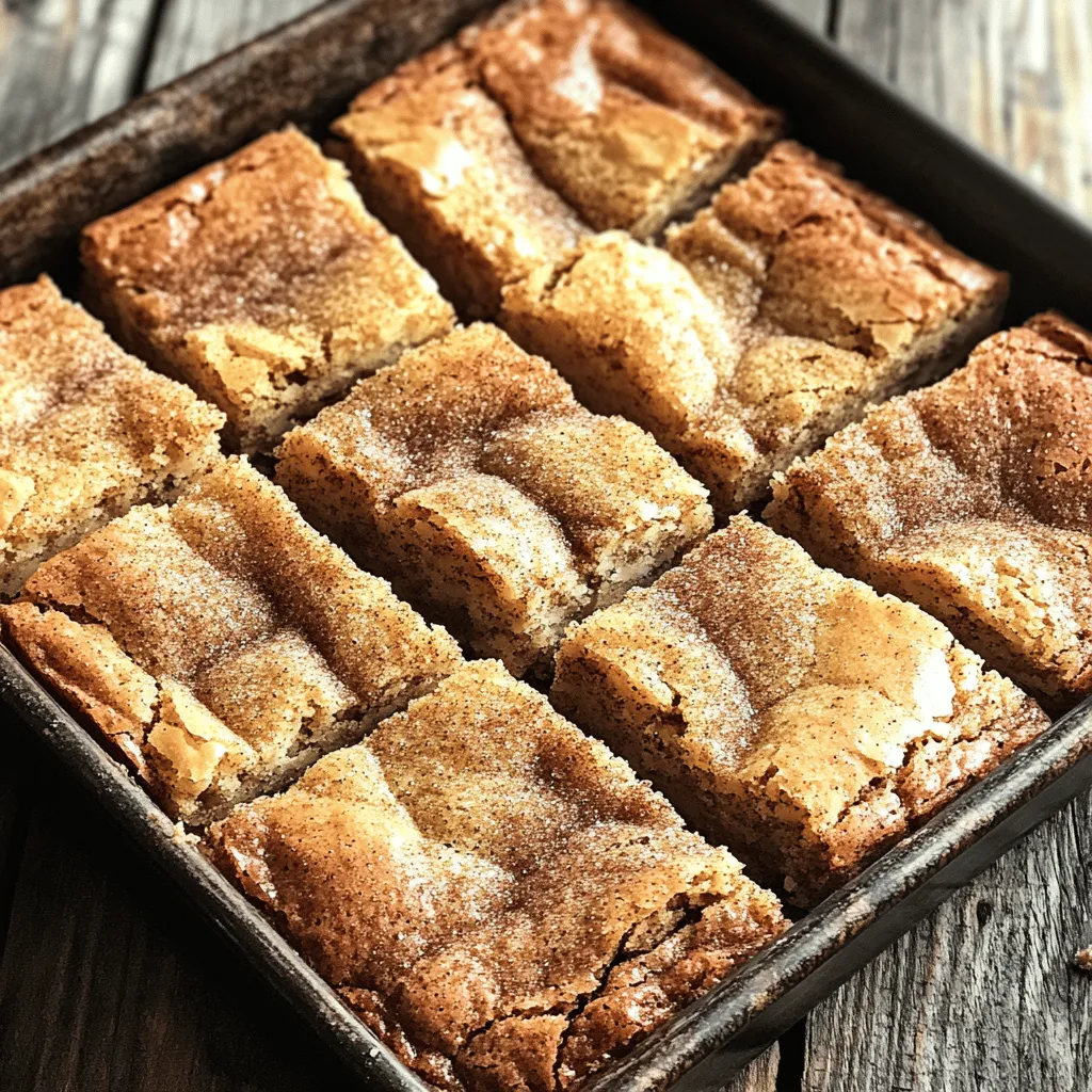 - 1 cup unsalted butter, melted - 1 cup packed brown sugar - 1/2 cup granulated sugar - 2 large eggs, at room temperature - 2 teaspoons pure vanilla extract - 2 cups all-purpose flour - 1 teaspoon baking powder - 1/2 teaspoon baking soda - 1 teaspoon ground cinnamon - 1/2 teaspoon fine salt - 1/4 cup granulated sugar (for topping) - 2 teaspoons ground cinnamon (for topping) I love using simple measures for easy baking. Here, you need 1 cup of melted butter. It adds richness. Brown sugar and granulated sugar blend well at 1 cup and 1/2 cup. Eggs bring moisture; use 2 large ones. For flavor, 2 teaspoons of vanilla extract work wonders. The base is 2 cups of flour. A mix of 1 teaspoon baking powder and 1/2 teaspoon baking soda helps it rise. Use 1 teaspoon of cinnamon for that snickerdoodle taste and 1/2 teaspoon salt for balance. Lastly, a topping of 1/4 cup granulated sugar and 2 teaspoons cinnamon gives a sweet crust. You can swap unsalted butter with coconut oil for a dairy-free treat. Use light brown sugar if dark is not on hand. Granulated sugar can be replaced with coconut sugar for a twist. If you want egg-free blondies, use 1/4 cup unsweetened applesauce per egg. All-purpose flour can be swapped for a gluten-free blend, but check the ratios. For a different flavor, try almond extract instead of vanilla. First, preheat your oven to 350°F (175°C). This step is key for even baking. While the oven heats, grab a 9x13 inch baking pan. Lightly grease it or line it with parchment paper. This makes it easy to lift out the blondies once they are baked. In a large mixing bowl, add 1 cup of melted unsalted butter. Then, mix in 1 cup of packed brown sugar and 1/2 cup of granulated sugar. Use a whisk or electric mixer to blend these until smooth. This creates a creamy base. Next, crack in 2 large eggs, one at a time. Beat well after each egg. Finally, stir in 2 teaspoons of pure vanilla extract. In a separate bowl, whisk together 2 cups of all-purpose flour, 1 teaspoon of baking powder, 1/2 teaspoon of baking soda, 1 teaspoon of ground cinnamon, and 1/2 teaspoon of fine salt. Gradually add this dry mix to your wet mix. Stir gently until just combined. A few lumps are okay; do not overmix. Pour the thick batter into your prepared baking pan. Use a spatula to spread it evenly. In a small bowl, mix 1/4 cup of granulated sugar with 2 teaspoons of ground cinnamon for the topping. Sprinkle this blend over the batter. Bake in your preheated oven for 20-25 minutes. Test for doneness with a toothpick. It should come out clean or with a few moist crumbs. Once baked, let the blondies cool in the pan for about 15 minutes. Then slice them into squares for serving. To get the best texture, follow these steps: - Use room temperature eggs. They mix in better. - Do not overmix the batter. A few lumps are okay. - Bake until the edges are golden. This helps keep the center soft. Here are some mistakes to avoid: - Forgetting to measure ingredients correctly. This can change the taste. - Not preheating the oven. This affects how evenly they bake. - Opening the oven too soon. It can cause them to sink. Add-ins can make your blondies more fun: - Try adding chocolate chips for extra sweetness. - Nuts can add a nice crunch. Walnuts or pecans work well. - Dried fruits, like raisins or cranberries, add a chewy texture. {{image_4}} You can make chocolate chip snickerdoodle blondies by adding chocolate chips. Use about one cup of semi-sweet or milk chocolate chips. Stir them into the batter after mixing in the dry ingredients. The sweet chocolate adds a nice twist to the classic flavor. You get a soft and chewy treat with each bite. For nutty snickerdoodle blondies, add your favorite nuts. Chopped walnuts or pecans work great. Use about half a cup, and fold them into the batter at the same time as the dry ingredients. The nuts provide a crunchy texture that contrasts with the soft blondies. This makes each bite more exciting and flavorful. To make gluten-free snickerdoodle blondies, swap all-purpose flour for a gluten-free blend. Look for a blend that works well in baking. Measure it out the same way as regular flour. Follow the same recipe steps, and you will have a tasty treat for everyone. These blondies stay soft and delicious, even without gluten. To keep your snickerdoodle blondies fresh and tasty, follow these simple steps: - Let them cool completely before storing. - Use an airtight container to stop air from getting in. This keeps them soft. - Layer parchment paper between the blondies if stacking to avoid sticking. Store your blondies at room temperature for easy access. A cool, dry place works best. Snickerdoodle blondies can last for about 4 to 5 days when stored correctly. If you keep them in an airtight container, they stay soft longer. Always check for any signs of spoilage before eating. You can freeze snickerdoodle blondies for longer storage. Here’s how: - Wrap the cooled blondies tightly in plastic wrap or foil. - Place them in a freezer-safe bag or container. - Label with the date so you know when you made them. They can last up to 3 months in the freezer. To enjoy, just thaw them in the fridge or at room temperature. Blondies and brownies share some traits, yet they differ in key ways. Blondies use brown sugar, giving them a sweet, caramel flavor. Brownies, on the other hand, often use cocoa powder, making them chocolatey. Blondies are lighter in color. Brownies usually have a rich, dark hue. Yes, you can make Snickerdoodle Blondies ahead of time. Bake them and let them cool completely. Once cooled, cut them into squares. Store them in an airtight container. They stay fresh at room temperature for up to five days. You can also refrigerate them for longer shelf life. To check if your blondies are done, insert a toothpick into the center. If it comes out clean or with a few moist crumbs, they are ready. Avoid overbaking, as this can lead to dry blondies. The edges should be slightly golden, and the top may look set. We explored the ingredients, steps, and tips for making perfect Snickerdoodle Blondies. You can customize your blondies with tasty variations like chocolate chip or nutty options. Remember to store them correctly to enjoy them longer. With these tips, you can bake with confidence. Whatever your choice, these blondies will impress. Happy baking!
