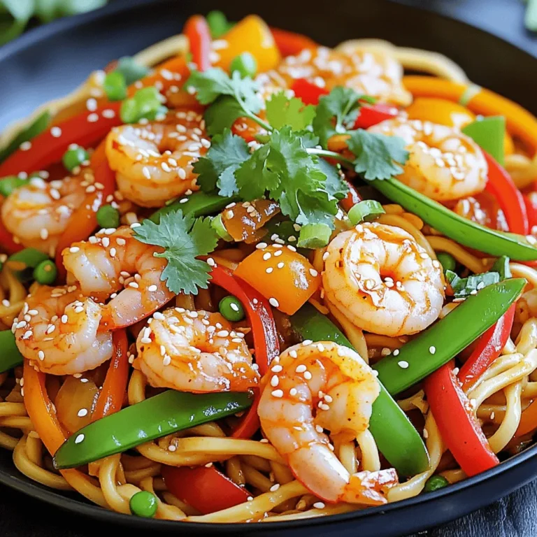 - 200g udon noodles - 300g large shrimp, peeled and deveined - 4 cloves garlic, minced - 1 tablespoon fresh ginger, grated - 1 tablespoon chili paste (adjust for heat preferences) - 2 tablespoons soy sauce - 1 tablespoon sesame oil - 1 green onion, finely chopped - 1 bell pepper, any color, thinly sliced - 1 cup snow peas, trimmed - 1 tablespoon sesame seeds (optional, for garnish) - Fresh cilantro sprigs (optional, for garnish) If you want to switch things up, you can try: - Using rice noodles instead of udon for a different texture. - Substituting shrimp with chicken or tofu for a new protein. - Adding broccoli or zucchini for extra veggies. To make this dish, you will need: - A large pot for boiling noodles - A large skillet or wok for sautéing - A spatula for stirring - Measuring spoons for accuracy - A cutting board and knife for chopping - A colander for draining noodles First, boil water in a large pot. Add the udon noodles and cook them for about 5 to 7 minutes. Check the package for exact cooking times. Drain the noodles and save a little pasta water. Set the noodles aside for later. Next, heat sesame oil in a large skillet over medium heat. Once the oil is hot, add minced garlic and grated ginger. Cook this mix for about 30 seconds. Stir often until it smells great but does not brown. Now, turn the heat to high. Add the shrimp to the skillet. Cook for 2 to 3 minutes while stirring. The shrimp should become pink and opaque. Then, add sliced bell pepper and snow peas. Stir-fry everything for another 2 minutes until the veggies are bright and slightly tender. Pour in soy sauce and chili paste. Use a spatula to mix all the ingredients. Let it cook for 1 minute to blend the flavors nicely. Then, gently add the cooked udon noodles. If it looks dry, splash in some reserved pasta water. Toss everything well to coat the noodles, then heat for another minute. Once everything is hot, take the skillet off the heat. Serve the dish right away. Top with chopped green onions, sesame seeds, and fresh cilantro. For a fun touch, you can also add a lime wedge on the side for some zing! To get the best udon noodles, follow these steps: - Use plenty of water to boil the noodles. - Cook them until they are just tender. - Drain them but keep a little pasta water. This keeps the noodles soft and helps blend flavors later. The chili paste is key for heat. Start with one tablespoon. If you want it milder, use less. For more heat, add more chili paste. Taste as you go to find your ideal spice level. Garnishes can add fun and flavor. Here are some ideas: - Top with chopped green onions for freshness. - Sprinkle sesame seeds for crunch. - Add fresh cilantro for a herbaceous touch. - A lime wedge can give a zesty kick. These small touches can elevate your dish. {{image_4}} You can swap shrimp for chicken, tofu, or beef. If you choose chicken, use bite-sized pieces. Cook them until they are no longer pink, about 5-7 minutes. For tofu, use firm or extra-firm. Cut it into cubes and sauté until golden. If you prefer beef, thinly slice it against the grain. Cook it for 3-4 minutes or until browned. Each protein adds its own flavor and texture, making the dish fun and diverse. Adding more veggies can increase the nutrients in your meal. You can use broccoli, carrots, or bok choy for a colorful mix. Just chop them into small pieces for easy cooking. Add them when you stir-fry the bell pepper and snow peas. This way, they stay bright and crisp. You can also try mushrooms for an earthy taste, or zucchini for a light touch. The more veggies, the better! If you need gluten-free options, look for gluten-free udon noodles. These noodles are made from rice or other gluten-free grains. They cook similarly to regular udon. Follow the package instructions for the best results. You can also use rice noodles, which are a great substitute. Just be sure to adjust cooking times. Enjoy your dish without worrying about gluten! To keep your leftovers fresh, store them in an airtight container. Make sure the dish cools down before sealing. This helps to lock in flavors and prevent sogginess. You can keep it in the fridge for up to three days. If you plan to eat it later, don’t add any garnishes until you reheat. When it’s time to enjoy your leftovers, you have a few options. The microwave is quick and easy. Place your udon in a microwave-safe bowl and cover it with a lid or a damp paper towel. Heat for one to two minutes, stirring halfway through. You want it warm, not hot. If you prefer the stove, heat a skillet over medium heat. Add a splash of water or broth to prevent sticking. Stir until warmed through, about five minutes. If you want to save your udon for a later date, freezing is a great option. First, let the dish cool completely. Then, portion it into freezer-safe bags or containers. Remove excess air before sealing to avoid freezer burn. You can freeze it for up to three months. When ready to eat, thaw in the fridge overnight. Reheat using your preferred method, adding a bit of water if needed to keep it moist. It takes about 5 to 7 minutes to cook udon noodles. Start by boiling water in a large pot. Once the water is boiling, add the noodles. Stir them gently to prevent sticking. Follow the package instructions for perfect results. When done, drain the noodles and set them aside. Yes, you can make this dish without shrimp. Try using chicken, tofu, or even mushrooms instead. Cook the protein until it is done, just like the shrimp. This gives you tasty options while keeping the same great flavor. If you don’t have sesame oil, use olive oil or peanut oil. These oils bring a nice flavor too. Just remember, sesame oil has a unique taste that adds to the dish. You might miss that special touch. The spice level comes from the chili paste. It offers a nice kick, but you can adjust it. Use less chili paste for a milder dish or add more for extra heat. Taste as you go to find the right balance for you. Adding vegetables is simple! You can toss in bell peppers, broccoli, or bok choy. Stir-fry them with the shrimp for about 2 minutes. This keeps them crisp and colorful. More veggies not only add nutrition but also make the dish even more delicious! In this post, we explored how to make Minute Spicy Garlic Shrimp Udon. We covered the ingredients, step-by-step cooking instructions, and useful tips. You learned how to adjust spice levels and improve your dish with extras. Plus, we discussed variations for different diets and how to store leftovers. Cooking this dish is easy and fun. I hope you feel ready to try it! Enjoy your tasty creation.