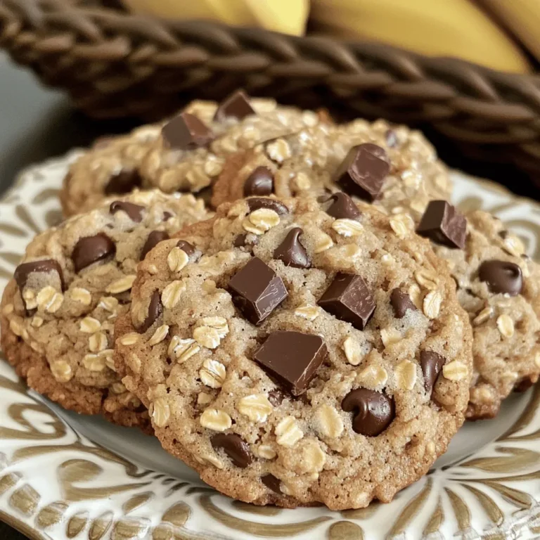 To make Chocolate Chip Banana Oat Cookies, you need a few simple ingredients. These items come together to create a tasty treat that feels good to eat. Here’s what you will need: - 2 ripe bananas, well-mashed - 1 cup rolled oats - 1/2 cup almond flour - 1/2 teaspoon baking soda - 1/4 teaspoon fine salt - 1/4 cup honey or pure maple syrup - 1/2 teaspoon vanilla extract - 1/3 cup dark chocolate chips - Optional: 1/4 cup chopped walnuts or pecans Each ingredient plays a key role. The ripe bananas add natural sweetness and moisture. Rolled oats give the cookies a hearty texture. Almond flour makes them soft and nutty. Baking soda helps them rise. Fine salt balances the sweetness. Honey or maple syrup adds extra flavor. Vanilla extract gives a warm touch. Dark chocolate chips bring rich taste. If you like, add nuts for crunch! Gather these ingredients before you start. This helps make the process smooth and fun. Enjoy the journey of baking these delicious cookies! 1. Preheating the oven: Start by preheating your oven to 350°F (175°C). This step ensures your cookies bake evenly. 2. Preparing the baking sheet: Line your baking sheet with parchment paper. This helps prevent sticking and makes cleanup easy. 3. Mashing the bananas: Take your ripe bananas and mash them in a large bowl. Use a fork or potato masher. Aim for a smooth texture with no big lumps. 4. Combining dry and wet ingredients: Add the rolled oats, almond flour, baking soda, and fine salt to the mashed bananas. Mix well until all ingredients are combined into a sticky batter. 5. Forming the cookie dough: Next, pour in the honey or maple syrup and the vanilla extract. Stir until the dough is smooth and free from dry spots. 6. Folding in chocolate chips: Carefully mix in the dark chocolate chips. If you want, add chopped walnuts or pecans for extra crunch. 7. Dropping dough onto the baking sheet: Using a tablespoon or cookie scoop, drop spoonfuls of dough onto your prepared sheet. Leave about 2 inches between each cookie. 8. Flattening the cookie tops: Gently press the tops of each cookie with the back of a spoon. This helps them bake evenly and gives a nice shape. 9. Baking time and temperature: Place the baking sheet in the oven. Bake for 12-15 minutes, or until the edges turn golden brown. Let the cookies cool on the baking sheet for about 5 minutes. Then, move them to a wire rack to cool completely. Enjoy your tasty cookies! - Sugar substitute options: You can use stevia, agave, or coconut sugar. Each adds a unique flavor. Adjust the amount based on your chosen substitute. Start with less and taste, as some options are sweeter than honey. - Gluten-free variations: Replace almond flour with coconut flour or gluten-free oat flour. Ensure your oats are certified gluten-free. This keeps the cookies tasty while meeting dietary needs. - Achieving the perfect texture: For chewy cookies, don’t overmix the dough. Mix just until combined. This keeps the cookies soft and moist. Also, be careful not to bake them longer than needed. - Preventing cookies from spreading too much: Chill the dough for 30 minutes before baking. This helps the cookies hold their shape. Also, make sure you use enough oats to bind the mixture together. - Presentation ideas: Stack cookies on a decorative plate. Add a few chocolate chips on top for a fun touch. You can also dust them lightly with powdered sugar for a pretty look. - Pairing with beverages: These cookies pair well with milk, coffee, or tea. The chocolate and banana flavors enhance the drink's taste. Try them warm for a delightful treat that brings comfort on any day. {{image_4}} You can make these cookies even tastier. Try adding spices like cinnamon or nutmeg. Just a pinch can boost the flavor. You can also mix in dried fruits. Raisins or chopped dates work well. These additions bring new textures and flavors to your cookies. Nuts add crunch and flavor to cookies. You can swap in pecans or macadamia nuts for a different taste. If you want a nut-free version, you can skip the nuts altogether. This keeps the cookies safe for those with allergies. If you're looking for different ways to sweeten your cookies, consider using stevia or coconut sugar. These options are great for cutting down on sugar. If you use stevia, start with a small amount, as it is much sweeter than sugar. Adjust the measurements as needed to keep the cookie dough from becoming too dry. To keep your cookies fresh, use an airtight container. A glass jar or plastic container works well. Make sure the lid seals tightly. If you leave cookies at room temperature, they stay soft for up to a week. If your kitchen is warm, consider placing them in the fridge. This helps them last longer, but they may become a bit firmer. Freezing cookies is a great way to save some for later. To freeze, place the cookies in a single layer on a baking sheet. Once frozen, transfer them to a freezer bag. Make sure to remove as much air as you can. This helps prevent freezer burn. To thaw, take out the cookies and leave them at room temperature for about 30 minutes. You can also warm them in the oven for a few minutes for that fresh-baked taste. These cookies stay fresh for about one week at room temperature. If stored in the fridge, they can last up to two weeks. If you freeze them, they can last for about three months. Look for signs of spoilage like hard texture or an off smell. If you see any mold or discoloration, it's best to toss them. Enjoy your cookies while they are at their best! Yes, you can use overripe bananas. In fact, they are best for flavor! Overripe bananas have more sweetness and a smooth texture. This makes your cookies extra tasty. Look for bananas with brown spots. They are perfect for baking! Absolutely! To make these cookies vegan, you can swap honey for maple syrup. Use a plant-based milk if you like. Almond flour is already vegan, so you’re all set. Just ensure your chocolate chips are dairy-free. This way, everyone can enjoy these treats. To get chewy cookies, use less flour. You can add a little more banana too. Another tip is to bake them a bit less. Take them out when they are soft in the center. Let them cool on a rack; they will firm up nicely. If your dough feels dry, add a splash of milk or water. You can also mash an extra banana. This will bring moisture back into the dough. Mix well until it feels sticky but not too wet. Adjusting the moisture helps create the perfect cookie! These tasty cookies blend ripe bananas and oats for a great snack. We covered how to prepare, mix, and bake them perfectly. Use tips to modify ingredients or enhance flavors. Remember to store cookies to keep them fresh. Experiment with different nuts and sweeteners for variety. With these steps, you will bake cookies everyone loves. Enjoy your baking journey!