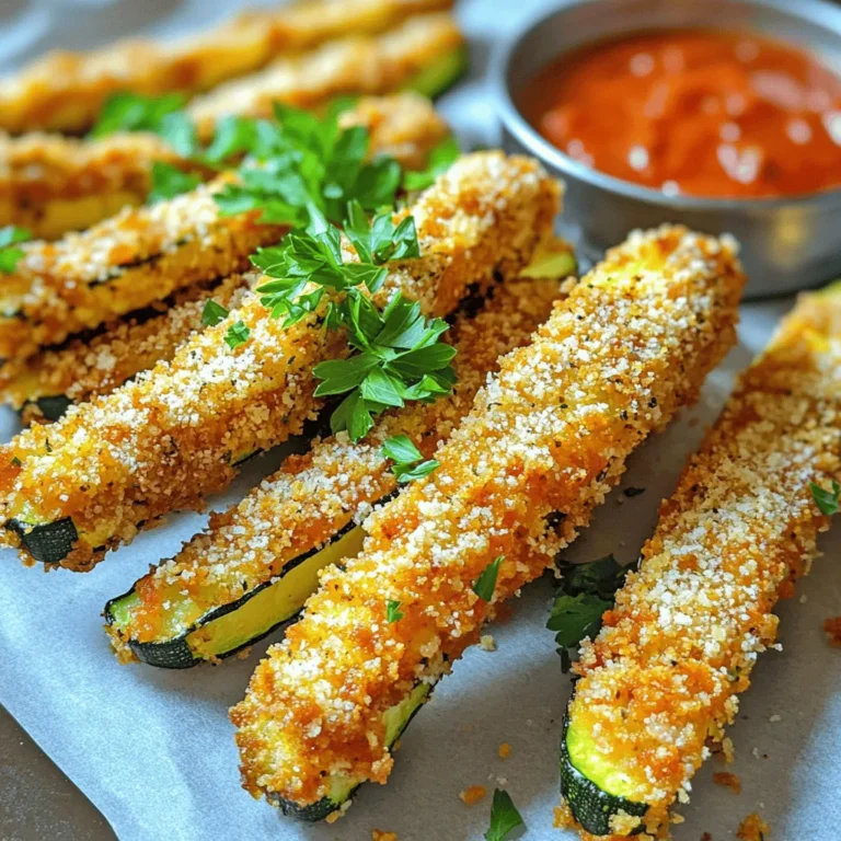 - 2 medium zucchinis, cut into fry shapes - 1 cup panko breadcrumbs - 1/2 cup grated Parmesan cheese - 1 teaspoon garlic powder - 1 teaspoon onion powder - 1 teaspoon Italian seasoning - Salt and pepper, to taste - 2 large eggs, lightly beaten - Olive oil spray How to measure zucchini for fries To get even fries, choose medium zucchinis. Cut them into 1/4-inch thick sticks. This size helps them cook well in the air fryer. If they are too thick, they may not crisp up nicely. Alternatives for ingredients If you don’t have panko, regular breadcrumbs will work. For a twist, you can use crushed cornflakes for an extra crunch. If you want a dairy-free option, try nutritional yeast instead of Parmesan cheese. You can also leave out the eggs and use a flaxseed mixture as a binder. To make zucchini fries, start with two medium zucchinis. Cut them into fry shapes, about half an inch thick. This size helps them cook evenly. Use a sharp knife for clean edges. A cutting board keeps your workspace tidy. Make sure to wash the zucchinis well before cutting. You need three bowls for this part. In the first bowl, add one cup of panko breadcrumbs. In the second bowl, pour in two large eggs, beaten lightly. The last bowl holds the mix of half a cup of grated Parmesan cheese, one teaspoon each of garlic powder, onion powder, and Italian seasoning. Season with salt and pepper to taste. This setup helps keep things organized and makes coating easy. First, preheat your air fryer to 400°F (200°C) for about five minutes. This step warms it up for even cooking. For the fries, arrange them in a single layer in the air fryer basket. Avoid stacking them to let hot air circulate. Air fry the zucchini fries for 10-12 minutes. They should turn golden brown and crispy. Halfway through the cooking time, shake the basket gently. This action helps the fries cook evenly. When the fries are golden and crispy, they are ready. Let them cool for a moment before serving. Enjoy the perfect crunch! Using olive oil spray helps your zucchini fries get that desired crunch. After coating the fries, give them a light spritz of olive oil. This adds flavor and helps the breadcrumbs crisp up. Avoid soaking them; a fine mist is all you need. For the best results, set your air fryer to 400°F (200°C). This high heat cooks the fries fast, making them crispy on the outside and tender inside. Keeping the right temperature is key to achieving that perfect golden color. Zucchini fries shine when paired with the right dips. A small bowl of marinara sauce works well. Its tangy flavor complements the savory fries. Ranch dressing is another great choice for a creamy contrast. For added flair, garnish your fries with fresh parsley or basil. This not only looks pretty but also adds a fresh taste. Serve them hot for the best experience. One common mistake is overcrowding the air fryer basket. When the fries touch, they steam instead of crisp. Cook them in batches if needed. This ensures each fry gets enough hot air to cook well. Another mistake is not cooking them long enough. Cook for about 10-12 minutes. Check for a golden brown color. If they look pale, give them a few more minutes. This way, you will avoid undercooked or soggy fries. {{image_4}} You can add more flavor to your zucchini fries. Mix spices or herbs into the breadcrumbs. Try adding paprika or cayenne for some heat. Dried oregano or thyme can also work well. Different cheese options can give your fries a twist. Use mozzarella for a gooey texture, or feta for a salty kick. Each choice changes the taste and makes the dish fun. If you want to cut carbs, you can swap zucchini for other veggies. Try using eggplant or bell peppers instead. Both will hold up well and taste great. For a gluten-free option, use crushed nuts or ground oats for the breadcrumbs. This keeps the crunch without the gluten. You can make these fries even healthier by baking them. Preheat your oven to 425°F (220°C). Spread the coated zucchini on a baking sheet and bake for about 15-20 minutes. This method reduces oil use but still gives a nice crisp. You can also replace eggs with flaxseed or chia seeds mixed with water. This is a great vegan option. To keep your zucchini fries fresh, use an airtight container. Glass or plastic containers work well. Place a paper towel at the bottom to absorb moisture. They will stay fresh for up to three days in the fridge. The best way to reheat zucchini fries is in the air fryer. Set it to 350°F (175°C) for about 5 minutes. This method helps keep them crispy. You can also use an oven. Place them on a baking sheet and heat at 375°F (190°C) for 10 minutes. Avoid the microwave, as it makes them soggy. For extra crispiness, spritz them lightly with olive oil before reheating. To keep your zucchini fries crispy, control moisture. First, salt the zucchini strips. This draws out water. Let them sit for 15 minutes. After that, pat them dry with a towel. The less moisture, the crispier your fries will be. Yes, you can bake these fries. Preheat your oven to 425°F (220°C). Arrange the coated zucchini in a single layer on a baking sheet. Bake for 20-25 minutes. Flip them halfway through for even browning. They will still be crispy and delicious! If you need a substitute for Parmesan, try nutritional yeast. It gives a cheesy flavor and is vegan. You can also use any hard cheese, like Pecorino Romano or Grana Padano, for a similar taste. To prep ahead, cut and coat the zucchini fries. Place them on a baking sheet in a single layer. Cover and refrigerate for up to 24 hours. When ready to cook, just air fry or bake as usual. They will taste fresh and delicious! Zucchini fries are a fun and tasty way to enjoy a healthy snack. We covered ingredients, step-by-step instructions, and helpful tips to make the perfect fries. You can customize flavors, store leftovers easily, and even reheat them for later. Remember, the key to crispiness is in how you prepare and cook them. By following this guide, you'll create delicious zucchini fries every time. Enjoy your cooking journey!