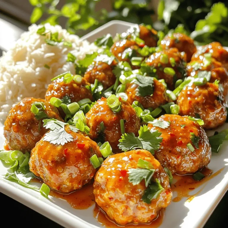 To make sweet chili chicken meatballs, you need these simple ingredients: - 1 lb (450g) ground chicken - 1/2 cup (50g) breadcrumbs - 1/4 cup (25g) grated Parmesan cheese - 1/4 cup (15g) green onions, finely chopped - 1/4 cup (15g) fresh cilantro, finely chopped - 1 garlic clove, minced - 1 large egg, lightly beaten - 1 teaspoon salt - 1/2 teaspoon black pepper - 1/2 teaspoon red pepper flakes (optional) - 1 cup (240ml) sweet chili sauce - 2 tablespoons (30ml) sesame oil You will need a few key tools to make these meatballs: - A large mixing bowl - A spoon or your hands for mixing - A baking sheet lined with parchment paper - A large skillet for cooking - Tongs for turning the meatballs You can swap out ingredients if you need to: - Ground chicken can be replaced with ground turkey or beef. - Breadcrumbs can be replaced with crushed crackers or panko. - Parmesan cheese can be swapped for any hard cheese, like Pecorino. - Fresh herbs can be changed to parsley or basil. - Sweet chili sauce can be replaced with teriyaki sauce for a different flavor. To start, grab a big mixing bowl. Here, I mix the ground chicken with breadcrumbs, grated Parmesan, green onions, cilantro, and minced garlic. The egg helps bind everything together, so add it next. Season with salt, black pepper, and optional red pepper flakes for a little heat. Use your hands or a spoon to mix gently. You want it combined but not overmixed. This keeps the meatballs soft. Once mixed, scoop out portions and roll them into small balls, about one inch wide. Place them on a lined baking sheet. Now, heat sesame oil in a large skillet over medium heat. Once the oil shimmers, add the meatballs in batches. Don’t crowd the pan; this helps them cook evenly. Cook the meatballs for about 6 to 8 minutes. Use tongs to turn them for even browning. Check if they are cooked through by using a meat thermometer. The internal temperature should be 165°F. When done, carefully transfer the meatballs to a large mixing bowl. Next, pour sweet chili sauce over the hot meatballs in the bowl. Toss them gently to coat each meatball evenly. This adds great flavor. Return the coated meatballs to the skillet. Heat them on low for 2 to 3 minutes. This warms the sauce without sticking. Now, your sweet chili chicken meatballs are ready to enjoy! To make tender meatballs, avoid overmixing. When you combine the ground chicken with other ingredients, mix gently. I like to use my hands for this. It makes it easier to feel when everything blends well. Adding a beaten egg helps keep them moist. Breadcrumbs also absorb moisture, which helps. Perfect browning comes from a hot skillet and enough space. When you heat the sesame oil, let it shimmer before adding the meatballs. This tells you it's ready. Cook the meatballs in batches, leaving space between them. This helps them brown evenly. Turn them gently with tongs to avoid breaking them apart. These meatballs shine when served right. I love placing them on a large platter. Garnish with extra green onions and cilantro for a pop of color. Drizzle some sweet chili sauce on top for a glossy look. For sides, serve with fluffy jasmine rice or a fresh salad. Both options balance the meal and add flavors. {{image_4}} If you love spice, you can add more heat to your meatballs. Use extra red pepper flakes in the mix. Add a dash of hot sauce to the sweet chili sauce before coating the meatballs. This gives them a fiery twist. You can also try using ground turkey or pork for a different taste. Both meats pair well with spicy flavors. You can enjoy this dish as a vegetarian or vegan option. Replace the ground chicken with mashed chickpeas or lentils. Use breadcrumbs made from whole grains for added texture. Instead of an egg, try using flaxseed meal mixed with water. This acts as a binder. For cheese lovers, use vegan Parmesan. Your meatballs will still be tasty and satisfying. Want to explore global flavors? You can twist this recipe with Thai or Asian spices. Add ginger and lime zest to the meat mixture for a zesty kick. You can also mix in chopped water chestnuts for crunch. Instead of sweet chili sauce, use teriyaki or hoisin sauce. These sauces add a rich flavor that pairs well with the chicken. Serve with coconut rice or a side of stir-fried vegetables for a complete meal. To store leftover meatballs, let them cool first. Place them in an airtight container. You can keep them in the fridge for up to three days. Be sure to layer parchment paper between layers if you stack them. This helps prevent sticking. You can freeze these meatballs for later use. Place them on a baking sheet and freeze until solid. After that, transfer them to a freezer bag. They can last for up to three months in the freezer. To reheat, thaw them overnight in the fridge. Then, heat them in a skillet over medium heat until warmed through. You can also microwave them for a quick option. The shelf life of cooked meatballs is about three days in the fridge. If stored properly, they can last for three months in the freezer. Always check for signs of spoilage before using. If they smell off or have changed color, it’s best to toss them out. You can serve these meatballs with many sides. Here are some ideas: - Steamed jasmine rice - A fresh green salad - Roasted vegetables - Noodles or pasta - Crispy Asian slaw These sides balance the sweet and spicy flavors of the meatballs. Rice soaks up the sauce well. A salad adds freshness to your meal. Yes, you can make these meatballs ahead of time. You can prepare the meatball mixture and form the meatballs. Then, cover them and keep them in the fridge for up to 24 hours. You can also freeze them for later use. Just make sure to freeze them on a baking sheet first, then store in a bag. When you are ready to cook, thaw them in the fridge overnight before cooking. To check if the meatballs are done, use a meat thermometer. The inside should reach 165°F (75°C). You can also cut one open. The center should be no longer pink, and the juices should run clear. Cooking times may vary based on the size of the meatballs. Always cook them until they are golden and firm to the touch. This guide covered making Sweet Chili Chicken Meatballs. I shared ingredients, tools, and substitutions. Then, I provided step-by-step cooking instructions. I also included tips for tender meatballs and serving ideas. Variations for spice and dietary needs were discussed. Lastly, I explained storage and answered common questions. Sweet Chili Chicken Meatballs are easy to make and delicious. Enjoy them your way!