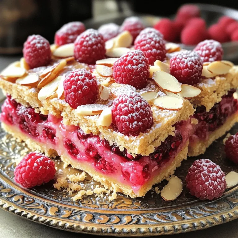 - 2 cups all-purpose flour - 1/2 cup powdered sugar - 1 cup unsalted butter, softened - 1/2 teaspoon pure almond extract - 1/4 teaspoon fine salt - 1 cup fresh raspberries - 1/4 cup sliced almonds - 1 tablespoon granulated sugar The main ingredients are pretty simple yet delightful. The flour forms the base of the shortbread. The powdered sugar adds a gentle sweetness. Using unsalted butter gives you control over salt levels. The almond extract adds a rich flavor, making these bars special. The raspberries bring a bright, fruity taste, while the sliced almonds add crunch. - Alternative flours (gluten-free options): You can swap all-purpose flour with gluten-free flour blends. These blends often work well in shortbread. - Vegan butter alternatives: For a vegan option, use coconut oil or a vegan butter. Both can create a similar texture and taste. - Using frozen vs. fresh raspberries: You can use frozen raspberries if fresh ones aren't available. Just thaw them and drain any extra moisture. This keeps your bars from getting soggy. - 9x9 inch baking pan - Electric mixer - Parchment paper - Mixing bowls and measuring cups You’ll need a 9x9 inch baking pan to shape the bars. An electric mixer helps cream the butter and sugar nicely. Parchment paper makes it easy to lift the bars out after baking. Mixing bowls and measuring cups are essential for gathering ingredients. Having the right tools makes the process smooth and fun! - Preheat the oven to 350°F (175°C). - Grease a 9x9 inch baking pan with butter. - Line the pan with parchment paper, leaving some overhang. - In a large bowl, beat softened butter and powdered sugar together. - Mix for about 2-3 minutes until fluffy. - Gradually add flour, almond extract, and salt. - Mix on low speed until just combined; the dough should be crumbly but hold together when pressed. - Take two-thirds of the dough and press it into the pan evenly. - Spread fresh raspberries evenly over the pressed dough. - Crumble the remaining dough on top of the raspberries. - Sprinkle sliced almonds and granulated sugar on top for a sweet crunch. - Bake for 25-30 minutes or until edges are golden brown. - Cool the pan on a wire rack for about 30 minutes. - Once cool, lift the bars out using the parchment paper. - Cut into squares or bars as desired. To get the right texture in your bars, you want a crumbly dough. This dough should hold together when you squeeze it. If your dough is too dry, add a little butter. If it feels too wet, add a bit more flour. Mix just until combined; overmixing makes the bars tough. You can boost the flavor of these bars by adding lemon zest. This gives a bright, fresh taste. You can also try using different sweeteners, like honey or maple syrup. A pinch of cinnamon or nutmeg can bring warmth and depth to the flavor. For a lovely display, serve the bars on a nice platter. Add fresh raspberries on top for color. A light dusting of powdered sugar makes them look extra special. These bars go well with tea or coffee. They also pair nicely with a scoop of vanilla ice cream for a fun treat. {{image_4}} You can change the flavor of raspberry almond shortbread bars in fun ways. One easy option is to add chocolate chips or chunks. Just mix them in with the dough before pressing it into the pan. This adds a rich twist to every bite. You can also try using other fruits, like blueberries. Just swap out the raspberries and layer them like before. Blueberries give a unique taste and color. If you need a gluten-free version, use gluten-free flour. This will work well in place of all-purpose flour. You'll still get that nice shortbread texture. For those who want a vegan option, use plant-based butter instead of regular butter. Make sure any chocolate you add is dairy-free if you go vegan. Both changes make these bars fit for everyone. Seasonal fruits can add a fresh touch. In summer, try using strawberries or peaches. These fruits bring a bright flavor and lovely colors. For the holidays, consider adding a pinch of cinnamon to the dough. This warms up the flavor and makes it special for festive occasions. Each twist keeps the bars exciting and new, no matter the season. To keep your Raspberry Almond Shortbread Bars fresh, use an airtight container. Line the container with parchment paper for extra protection. You can store them at room temperature for up to three days. If you live in a warm area, put them in the fridge. This helps maintain their texture and flavor. To freeze the bars, allow them to cool completely. Then, wrap each bar in plastic wrap. Place the wrapped bars in a freezer-safe bag or container. They can last in the freezer for up to three months. When you're ready to enjoy them, thaw the bars in the fridge overnight. For a quick thaw, leave them at room temperature for a few hours. At room temperature, these bars stay fresh for about three days. If you keep them in the fridge, they can last up to a week. Watch for signs of spoilage, like a change in smell or texture. If the bars look dry or hard, it’s time to toss them out. Always check before you dig in! Yes, you can make these bars ahead of time. Before baking, store the dough in the fridge. Wrap it in plastic wrap or place it in an airtight container. You can keep it for up to two days. After baking, let the bars cool completely. Store them in a sealed container at room temperature. They will stay fresh for about a week. If you want a dairy-free option, use coconut oil instead of butter. It works well and adds a nice flavor. You can also try vegan butter. Look for brands that are solid at room temp. Applesauce can be an option too, but it will change the texture. Use half the amount of applesauce compared to butter. You can tell the bars are done when the edges turn golden brown. The top should look slightly browned too. Insert a toothpick into the center. If it comes out clean or with a few crumbs, the bars are ready. If you see wet batter, bake a little longer. Yes, you can use frozen raspberries! Thaw them first and drain any excess moisture. This helps keep the bars from becoming soggy. Spread them evenly over the dough for great taste in every bite. In this post, I shared how to make delicious raspberry bars. You learned about main ingredients and easy substitutions. We covered key steps, tips for the best texture, and fun variations. These bars are simple and tasty, perfect for any occasion. With a few tweaks, you can match any diet. Enjoy baking and share these treats with friends. Have fun in your kitchen!
