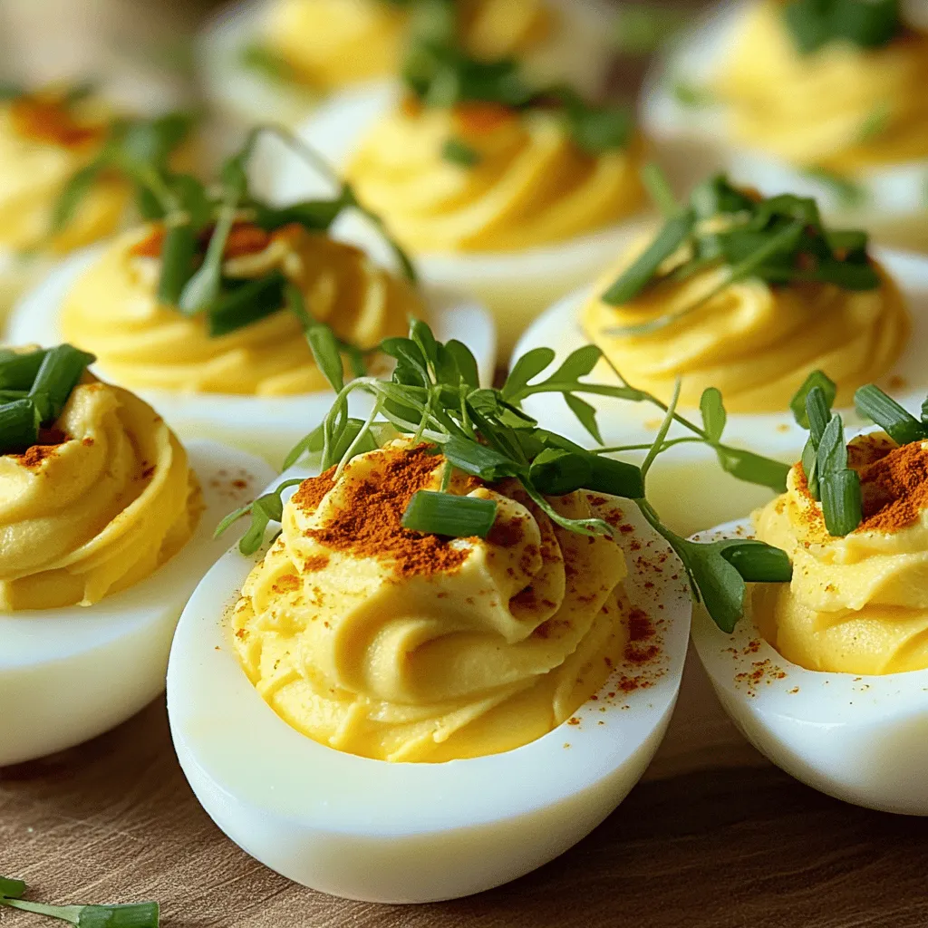 - 6 large eggs - 3 tablespoons mayonnaise - 1 tablespoon Dijon mustard - 1 teaspoon apple cider vinegar - 1 tablespoon sriracha sauce - Salt and freshly ground black pepper - 1 tablespoon fresh chives, finely minced - 1 tablespoon pickled jalapeños, finely diced - Paprika for garnish - Microgreens or edible flowers (optional) These ingredients create a creamy and spicy filling. You can adjust the sriracha sauce to suit your spice level. The chives add a fresh taste. Pickled jalapeños give a nice kick. The paprika adds color and flavor. If you want to impress, use microgreens or edible flowers as a garnish. They make the dish look beautiful and fun! 1. Place 6 large eggs gently in a medium pot. 2. Cover the eggs with cold water, ensuring there is at least an inch of water over them. 3. Heat the pot over medium-high heat until the water reaches a rolling boil. 4. Once boiling, cover the pot and remove it from the heat. 5. Let the eggs sit in the covered pot for 12 to 14 minutes. 6. To cool the eggs quickly, prepare an ice bath with a bowl of cold water and ice. 7. After the time is up, transfer the eggs to the ice bath for 5 to 10 minutes. 1. Once the eggs cool, peel them under running water. This helps remove the shells easily. 2. Slice each egg in half lengthwise and place the yolks in a mixing bowl. 3. Add 3 tablespoons of mayonnaise, 1 tablespoon of Dijon mustard, and 1 teaspoon of apple cider vinegar to the yolks. 4. Mix in 1 tablespoon of sriracha sauce, plus salt and pepper to taste. 5. Blend until smooth and creamy with no lumps. 6. Fold in 1 tablespoon of finely minced chives and 1 tablespoon of diced pickled jalapeños. 7. Taste the mixture and adjust seasoning as needed. 1. Use a spoon or piping bag to fill each egg white half with the yolk mixture. 2. Mound the filling slightly for a nice look. 3. Sprinkle paprika on top for color. 4. For a final touch, add microgreens or edible flowers for a fancy presentation. To make great hard-boiled eggs, I have learned a few tricks. First, always place the eggs in a pot and cover them with cold water. This helps prevent cracking. You want at least an inch of water over the eggs. Next, heat the pot on medium-high until the water boils. Once it boils, cover the pot and remove it from the heat. Let the eggs sit for 12 to 14 minutes. This timing gives you the best texture. After that, an ice bath is key! Quickly move the eggs to a bowl filled with ice water. This cools the eggs fast and makes peeling easier. When peeling, do it under running water. The water helps loosen the shell. Tap the eggs gently to crack them. Want to jazz up your deviled eggs? Try adding unique ingredients. Besides sriracha, you can use chipotle for a smoky kick. You could also add avocado for creaminess or bacon bits for crunch. Consider pairing your deviled eggs with fresh veggies or crackers for a fun platter. They work great for brunch, picnics, or parties. For a fancy touch, serve them with a side of pickled veggies. They add color and zing to the dish. Enjoy exploring different flavors and toppings! {{image_4}} You can spice up deviled eggs easily. Try using different sauces like hot sauce or chipotle mayo. Each sauce adds a unique kick. If you want a milder taste, use a sweet chili sauce. You can also make vegetarian-friendly versions. Replace sriracha with avocado for creaminess. Add a pinch of cumin for warmth. These options keep the dish fresh and exciting. How you present deviled eggs can make them pop. Use a nice platter or egg tray for serving. For a fun twist, serve them in avocado halves. This adds color and flavor. You can also get creative with garnishes. Use fresh herbs like dill or parsley for a bright touch. Edible flowers add elegance and charm. These small changes make your deviled eggs stand out at any gathering. To keep your deviled eggs fresh, store them in an airtight container. This helps to keep them from drying out. You can place a damp paper towel in the container to add moisture. Deviled eggs last about 3 to 4 days in the fridge. After that, they may lose flavor and texture. Reheating deviled eggs is not common. They taste best cold. If you must reheat them, do so gently in the microwave. Use low power for just a few seconds. This helps to avoid overcooking the eggs. When serving leftovers, ensure they are cold and fresh. Garnish with new chives or paprika for a nice look. Enjoy them within a few days for the best taste! The best eggs for deviled eggs are large, fresh eggs. Fresh eggs cook better and taste great. Look for eggs with no cracks. Organic or pasture-raised eggs can add flavor. They also help you make a healthier dish. Yes, you can make deviled eggs a day ahead. Prepare the filling and store it in the fridge. Keep the egg whites separate until you serve. This way, they stay fresh and tasty. Just fill the whites before serving for the best taste. To make deviled eggs less spicy, use less sriracha sauce. You can also skip the pickled jalapeños. Try adding more mayonnaise to tone down the heat. A little honey can also balance the spice. Taste as you go to get it just right. If you want a substitute for mayonnaise, try Greek yogurt. It adds creaminess and a tangy flavor. Hummus is another great option for a unique twist. You can also use avocado for a rich, healthy choice. Each option changes the taste a bit, so have fun with it! Freezing deviled eggs is not a good idea. The texture changes when thawed. The egg whites become rubbery, and the filling may separate. It is best to enjoy deviled eggs fresh. If you have leftovers, store them in the fridge for a few days. We covered how to make delicious deviled eggs step by step. You learned the best ingredients and ways to cook and store them. Don't forget to try unique twists to impress your guests. Experiment with garnishes and flavors to make each batch special. With the tips provided, you can create perfect deviled eggs every time. Enjoy cooking and sharing your tasty creations!
