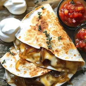 - 2 large onions, thinly sliced - 2 tablespoons olive oil - 1 tablespoon unsalted butter - Sea salt and freshly cracked black pepper to taste - 1 cup Gruyere cheese, grated - 4 large flour tortillas - 1 tablespoon fresh thyme leaves (optional) - 1/2 teaspoon garlic powder - Sour cream and salsa for serving Gather these ingredients to make your quesadillas shine. First, onions are key. They bring sweetness when caramelized. Use two large onions, sliced thin for the best results. Next, the fats. Olive oil and unsalted butter help the onions cook. They add flavor and richness. You will also want sea salt and black pepper for seasoning. These enhance every bite. Now for the cheese! Gruyere cheese melts beautifully and has a nutty flavor. Grate one cup to layer in your quesadillas. You will need four large flour tortillas. They hold the filling and get crispy when cooked. Fresh thyme leaves add an aromatic touch, but they are optional. If you like garlic, add garlic powder for an extra kick. Lastly, prepare sour cream and salsa for dipping. These sides balance the rich flavors of the quesadillas. Enjoy creating this delicious treat! - Heat 2 tablespoons of olive oil and 1 tablespoon of butter in a skillet. - Add 2 large, thinly sliced onions and sprinkle with sea salt. - Cook for 15 to 20 minutes until the onions turn golden brown and caramelized. - Wipe the skillet clean and heat it again over medium heat. - Place one large flour tortilla in the skillet. - Layer half of the tortilla with 1 cup of grated Gruyere cheese. - Spread an even layer of caramelized onions on top. - Add another sprinkle of Gruyere cheese for extra flavor. - Fold the tortilla in half to create a half-moon shape and press gently to seal. - Cook the quesadilla for 3 to 4 minutes on each side until golden and crispy. - Remove from the skillet and let cool slightly. - Slice into wedges and serve warm with sour cream and salsa on the side. To get those sweet, golden onions, cook them on low heat. This helps them soften and turn brown without burning. Aim for medium to low heat. A pinch of sugar can boost sweetness even more. Just a little helps the onions caramelize nicely. If you can’t find Gruyere, don’t worry! Try Swiss or mozzarella for a similar taste. Mixing cheeses can add depth. Combine sharp cheddar with creamy fontina for a fun twist. Serve your quesadillas with sour cream and salsa. They add a nice coolness and tang. For a pretty plate, garnish with fresh thyme leaves. Arrange the wedges in a circle to impress your guests! {{image_4}} You can make these quesadillas even better with some tasty veggies. Adding spinach or mushrooms gives a nice twist. They bring more flavor and nutrients to your meal. Try roasted peppers too. They add a sweet touch and a pop of color. Just sauté them a bit before adding to the quesadilla. If you want a heartier dish, consider adding chicken or turkey. Cook the meat first and then mix it in with the onions and cheese. For a vegetarian option, use beans or lentils. They pack protein while keeping the meal plant-based. Do you like heat? Infuse your quesadillas with jalapeños or a dash of hot sauce. This will give them a spicy kick that many enjoy. You can also swap Gruyere with pepper jack cheese. This cheese melts well and adds a bold flavor. Experiment with these spicy options to find your favorite blend! After making caramelized onion Gruyere quesadillas, you may have leftovers. To keep them fresh, store them in an airtight container. Place parchment paper between layers if they stack. This helps maintain texture and prevents sticking. When reheating, use a skillet over medium heat. This keeps the tortillas crisp. Heat for about 2-3 minutes on each side. You can also microwave them, but that may make them soft. If you want to freeze quesadillas, let them cool first. Wrap each one in plastic wrap. Then, place them in a freezer bag. Squeeze out as much air as you can before sealing. This helps avoid freezer burn. To thaw, take them out and let them sit in the fridge overnight. Reheat in a skillet for the best results. Cook on medium heat for 3-4 minutes on each side. In the fridge, these quesadillas last about 3-4 days. If frozen, they can stay good for up to 2 months. Always watch for signs of spoilage. If you see mold or smell something off, it's best to discard them. Enjoy your tasty quesadillas while they are fresh! To caramelize onions well, use medium heat. Start with olive oil and butter in a skillet. Add thinly sliced onions and a pinch of sea salt. Stir them often for 15 to 20 minutes. Watch for a golden-brown color. If they cook too fast, lower the heat. This slow cooking brings out their sweet flavor. Yes, corn tortillas work great too! They add a nice crunch. Just keep in mind they might break easier when folding. Use them if you prefer a gluten-free option. The taste will still be delicious with the cheese and onions. I love serving these quesadillas with sour cream and salsa. They add a lovely contrast to the rich flavors. You can also try guacamole or a fresh salad. These sides help balance the meal and keep it fresh. To reheat quesadillas, use a skillet over low heat. This allows them to warm up without getting soggy. Avoid the microwave, as it adds moisture. Heat each side for a few minutes until crispy again. Gruyere has a nutty and rich flavor. It melts very well, making it perfect for quesadillas. Other cheeses like cheddar or mozzarella have different tastes and textures. Cheddar is sharper, while mozzarella is milder and gooier. Gruyere gives a unique taste you won’t want to miss! You now have all the steps to make delicious caramelized onion Gruyere quesadillas. We discussed the ingredients, cooking techniques, and tasty variations. Remember to perfect your onion caramelization for rich flavor. You can customize with proteins or spicy additions. Store leftovers correctly to keep them fresh. Enjoy making and sharing these tasty quesadillas with friends and family! Your culinary skills will shine as you serve this comforting dish.