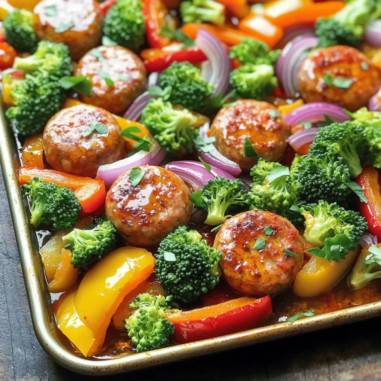 - 1 lb spicy chicken sausage, sliced into 1/2-inch rounds - 2 cups mixed bell peppers (red, yellow, green), sliced into strips - 1 medium red onion, sliced into wedges - 2 cups fresh broccoli florets - 3 tablespoons extra virgin olive oil - 1 tablespoon pure honey - 1 teaspoon smoked paprika - 1 teaspoon garlic powder - 1/2 teaspoon red pepper flakes (adjust to personal heat preference) - Salt and pepper, to taste The main ingredients bring great flavor and fun colors to the dish. The spicy chicken sausage adds a nice kick. The sweet honey balances it out. Fresh veggies bring crunch and health. This mix makes a meal both tasty and good for you. - Fresh parsley, finely chopped Adding fresh parsley gives a burst of color. It also adds a fresh taste to each bite. You can also squeeze fresh lemon juice over the dish before serving. This will brighten the flavors even more. - Large mixing bowl - Sheet pan - Whisk - Knife - Cutting board These tools help make cooking easier. A large mixing bowl is great for tossing all the ingredients. A good knife and cutting board help you chop veggies quickly. A sheet pan ensures even cooking in the oven. Start by preheating your oven to 400°F (200°C). This heat helps cook everything evenly. While the oven warms up, get your ingredients ready. Slice the spicy chicken sausage into 1/2-inch rounds. Next, cut the mixed bell peppers into strips. Chop the red onion into wedges, and break the broccoli into florets. This prep makes cooking faster and easier. In a large mixing bowl, add the sliced sausage, bell peppers, onion, and broccoli. Make sure to mix them well. You want all the veggies and sausage together for great flavor. This step is key for even cooking and taste. In a small bowl, combine the extra virgin olive oil, honey, smoked paprika, garlic powder, and red pepper flakes. Add a pinch of salt and pepper for taste. Whisk everything together. This marinade adds a sweet and spicy kick to the dish. It’s the secret to making your meal pop with flavor. Drizzle the flavorful marinade over the sausage and veggie mix. Toss everything until well-coated. Now, spread the mixture out on a large sheet pan in a single layer. This helps it roast evenly. Place the pan in your preheated oven. Bake for 20-25 minutes, stirring halfway through. This ensures even browning, and the veggies will become tender. When done, the sausage should look caramelized. After removing it from the oven, let it cool a bit. Sprinkle fresh parsley on top for a colorful finish. Enjoy your delightful meal! To get great results, set your oven to 400°F (200°C). This temp helps the sausage brown and the veggies soften. A hot oven cooks the food evenly and keeps flavors bright. Remember to preheat for about 10-15 minutes before you start roasting. Cut your veggies into similar sizes. This helps them cook at the same rate. For bell peppers, slice them into strips about 1 inch wide. For the onion, cut it into wedges. Broccoli florets should be about the same size as the sausage rounds. This way, everything roasts evenly and tastes great. To change the heat of your dish, tweak the red pepper flakes. If you like it mild, use less. For a spicier kick, add more. You can also add other spices or hot sauce if you want. Taste before serving to get it just right! {{image_4}} You can easily change the sausage for other types. Try turkey sausage for a leaner choice. Chicken sausage gives a lighter flavor. If you prefer meat-free, use plant-based sausage. Each option brings its own taste. This keeps the dish fresh and exciting. Seasonal veggies can change the taste of your meal. Use zucchini or asparagus in the spring. In the summer, try corn or cherry tomatoes. Fall is great for butternut squash or Brussels sprouts. Winter brings hearty vegetables like carrots or parsnips. These swaps keep your dish colorful and nutritious. For gluten-free, check the sausage label for gluten. Use cauliflower instead of broccoli for a low-carb swap. You can also use bell peppers as a base. They add crunch and taste without the carbs. This way, everyone can enjoy the meal without worry. You can store the Spicy Honey Sausage Veggie Sheet Pan in the fridge. Place leftovers in an airtight container. It stays fresh for about 3 to 4 days. Make sure to cool it to room temperature before sealing. This helps avoid excess moisture that can make your dish soggy. You can freeze this dish for longer storage. Allow it to cool completely first. Then, transfer it to a freezer-safe container. It can last for up to 3 months in the freezer. When you're ready to eat, thaw it in the fridge overnight. This keeps the flavors intact and ensures even reheating. To reheat, preheat your oven to 350°F (175°C). Spread the leftovers on a baking sheet. Cover it with foil to keep moisture in. Heat for about 15-20 minutes, or until warmed through. Stir halfway to ensure even heating. If you prefer, you can also use the microwave. Just heat in short intervals and stir often to prevent hot spots. Enjoy it as if it was freshly made! It takes about 20 to 25 minutes to cook this dish. Preheat your oven to 400°F (200°C). Once your sheet pan is ready, roast until the veggies are tender and the sausage is caramelized. Yes, you can make this dish ahead of time. Prepare it, then store it in the fridge. Just reheat before serving. You can serve this meal with rice or quinoa for a complete dinner. A fresh salad pairs well too. Absolutely! This dish is perfect for meal prep. You can portion it out for easy lunches or dinners throughout the week. Spicy chicken sausage works best for this recipe. You can also use turkey sausage or any spicy sausage you enjoy. This recipe for Spicy Honey Sausage Veggie Sheet Pan is simple and tasty. We covered key ingredients, tools, and easy steps to make this dish. You learned how to roast veggies just right and control spice levels. With variations and storage tips, you can enjoy this meal your way. Trust me; you’ll love how the flavors blend. Now, gather your ingredients and start cooking; a delicious meal awaits!