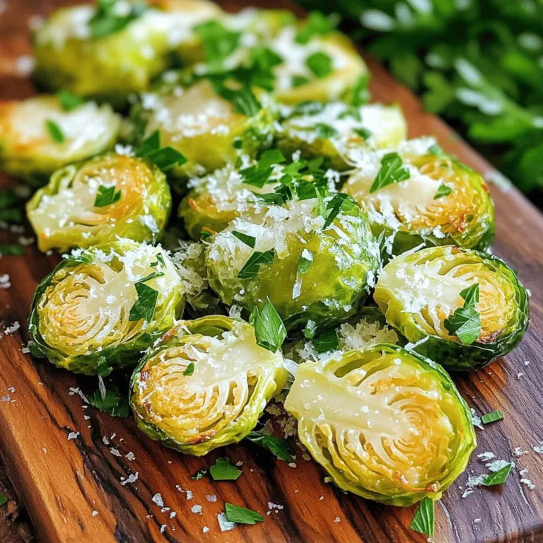 - 1 pound Brussels sprouts, halved - 4 tablespoons unsalted butter - 4 cloves garlic, minced - 1 teaspoon sea salt - ½ teaspoon black pepper - ½ teaspoon red pepper flakes (optional) - 2 tablespoons freshly grated Parmesan cheese - Fresh parsley, chopped Brussels sprouts are the star of this dish. Their unique taste shines when you roast them. I use fresh, firm sprouts for the best flavor. If they look sad or wilted, they won’t taste good. Unsalted butter adds richness. It helps the garlic and seasonings stick to the sprouts. I love using fresh garlic because it gives a strong, bold taste. It browns as it cooks, adding a lovely aroma. For seasonings, sea salt enhances the flavor. Black pepper adds a slight kick. If you enjoy heat, add red pepper flakes. They give a nice spicy twist. Garnishing with Parmesan cheese is a must. It melts perfectly onto the hot sprouts. Fresh parsley adds color and freshness. It makes the dish look inviting and lively. Set your oven to 400°F (200°C). This is key for roasting the sprouts to crispiness. First, wash the Brussels sprouts under running water. This helps remove dirt. Next, trim any dry ends. Then, slice each sprout in half lengthwise. Halving them ensures even cooking. In a large bowl, melt the unsalted butter. You can do this in the microwave or on the stovetop. Make sure it’s just melted and not browned. After that, add minced garlic, sea salt, black pepper, and red pepper flakes if you want spice. Mix it well. Carefully add the halved Brussels sprouts to the garlic butter mixture. Toss them until every sprout is coated. Now, spread the coated sprouts on a baking sheet lined with parchment paper. This step helps them get crispy. Put the baking sheet in the preheated oven. Roast for 25-30 minutes. Halfway through, toss the sprouts again for even cooking. You want them crispy on the outside and tender inside. When the Brussels sprouts are done, take them out of the oven. Quickly sprinkle freshly grated Parmesan cheese on top while they’re hot. The cheese will melt slightly. Finally, add chopped fresh parsley for color and freshness before serving. To get those Brussels sprouts nice and crispy, spread them in a single layer on the baking sheet. This helps the hot air flow around each sprout. If they are too close together, they will steam instead of crisp up. Halfway through roasting, toss the sprouts. This ensures they cook evenly and become crispy all around. Look for bright green sprouts with tight leaves. Avoid any that have yellow or brown spots. Fresh sprouts feel firm and heavy. The size matters too; smaller sprouts cook quicker and taste sweeter. When you pick quality sprouts, your dish will shine. Serve your Brussels sprouts in a rustic bowl or on a wooden platter for an inviting look. For added flavor, drizzle leftover garlic butter from the baking sheet over the sprouts. This not only enhances taste but also makes your dish visually appealing. A sprinkle of Parmesan and fresh parsley on top adds color and a gourmet touch. {{image_4}} You can change the flavor of your Crispy Garlic Butter Brussels Sprouts with ease. If you like heat, add more red pepper flakes. This gives your dish a spicy kick that makes it exciting. You can also add fresh herbs like thyme or rosemary. These herbs add depth and richness to the dish. Just remember, start with a little and taste as you go. Want to try something new? Use an air fryer! It cooks Brussels sprouts quickly and makes them crispier. Just toss them in the garlic butter mixture and place them in the air fryer. Cook at 375°F for about 15 minutes. Shake the basket halfway to get an even cook. If you prefer stovetop cooking, sautéing is a great option. Heat some butter in a large pan. Add the coated Brussels sprouts and cook on medium heat. Stir them often until they turn brown and crispy. This method gives you control over the cooking process and lets you keep an eye on the sprouts. If you want a vegan dish, skip the cheese or use a vegan substitute. Nutritional yeast adds a cheesy flavor without dairy. You can also try vegan Parmesan cheese for a similar taste. If you want to stick with dairy, explore different cheese types. Goat cheese or feta can add a tangy twist. Creamy cheeses like gouda can enhance the flavor as well. To store your crispy garlic butter Brussels sprouts, first let them cool down. Place them in an airtight container. This keeps them fresh and helps avoid moisture buildup. You can store them in the fridge for up to three days. Just remember, the longer they sit, the less crispy they become. When it’s time to eat leftovers, you have two good options: the microwave or the oven. The microwave is quick but may make the sprouts soft. The oven keeps them crispier. Preheat your oven to 350°F (175°C). Spread the sprouts on a baking sheet and heat for about 10 minutes. This way, they stay crunchy and tasty. If you want to save some for later, you can freeze the Brussels sprouts. First, let them cool completely. Then, place them in a freezer-safe bag or container. Try to remove as much air as possible before sealing. They can last up to three months in the freezer. When you’re ready to eat them, thaw them in the fridge overnight. Reheat in the oven for the best texture. Yes, you can use frozen Brussels sprouts. First, thaw them in the fridge overnight. If you’re short on time, place them in warm water for about 15 minutes. After thawing, drain them well. Frozen sprouts may have extra moisture, so dry them thoroughly with a kitchen towel. This step helps them crisp up in the oven. Follow the same cooking method as fresh sprouts. You may need to adjust the roasting time slightly. Keep an eye on them to ensure they reach the perfect crispness. To make this recipe vegan, swap the unsalted butter with a plant-based butter. There are many great options on the market. For the Parmesan cheese, you can use a vegan cheese alternative or nutritional yeast. Nutritional yeast adds a cheesy flavor without using dairy. This way, you can enjoy the crispy garlic butter Brussels sprouts while keeping them plant-based. The taste will still be rich and satisfying. You won't miss the dairy at all! Crispy garlic butter Brussels sprouts make a great side dish. They pair well with roasted chicken or grilled fish. You can also serve them with a hearty grain dish, like quinoa or farro. For a vegetarian option, try them alongside a rich mushroom risotto. The flavors of the sprouts balance beautifully with these dishes. They add a nice crunch and depth to your meal. Don't forget to drizzle any leftover garlic butter over your main dish for added flavor! In this post, I shared how to make delicious crispy garlic butter Brussels sprouts. I detailed each step, from preheating the oven to roasting and garnishing. You now have a clear guide to enjoy this dish with friends or family. Don’t forget to try the tips for crispy sprouts and variations to suit your taste. With simple ingredients and easy methods, this recipe fits any meal. Enjoy your cooking, and don’t hesitate to explore new flavors!