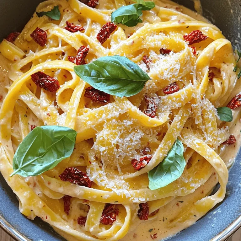 To make this creamy sun-dried tomato pasta, you need a few key items. First, pick your pasta. You can use penne, fettuccine, or spaghetti. Each type brings a unique texture. Next, grab one cup of sun-dried tomatoes in oil. Drain them and chop them finely. You'll also need one cup of heavy cream and one cup of grated Parmesan cheese. These ingredients make the sauce rich and creamy. For flavor, we need some simple seasonings. Mince two garlic cloves to add a nice aroma. Use one teaspoon of dried basil and one teaspoon of dried oregano for a taste boost. Don’t forget salt and freshly ground pepper to make it pop. To make your dish look pretty, add some fresh basil leaves on top. You can also sprinkle extra Parmesan cheese for more flavor. These little touches make the meal feel special. Start by boiling a large pot of salted water. Once the water reaches a rolling boil, add 8 oz of your favorite pasta. Cook it until it is al dente, which usually takes about 8 to 10 minutes. This means it should be firm but not hard. Before you drain the pasta, make sure to reserve about 1/2 cup of that starchy pasta water. This water will help your sauce later. After reserving, drain the pasta and set it aside in a large bowl. Now, take a large skillet and pour in 1 tablespoon of olive oil. Heat it over medium heat. Once the oil is hot, add 2 minced garlic cloves. Sauté the garlic for about 1 minute. You want it to smell nice, but be careful not to burn it. Burnt garlic can make your dish taste bitter. Next, stir in 1 cup of finely chopped sun-dried tomatoes. Cook this mixture for another 2 to 3 minutes. This helps the flavors blend together. Lower the heat to keep things gentle. Now, pour in 1 cup of heavy cream, stirring well to mix. Let this simmer for about 2 to 3 minutes. You want it to thicken a bit. While stirring, add 1 cup of grated Parmesan cheese, along with 1 teaspoon of dried basil and 1 teaspoon of dried oregano. Continue stirring until the cheese melts completely. Finally, season the sauce with salt and freshly ground pepper to your taste. Next, add the drained pasta to your skillet. Toss it gently so that every piece is coated in the creamy sauce. If the sauce feels too thick, you can add some of that reserved pasta water. Add it a little at a time until you find the right consistency. After everything is combined, let the pasta sit for about a minute. This helps the sauce cling to the pasta better. Enjoy your delicious creamy sun-dried tomato pasta! To avoid a burnt garlic taste, be careful with the heat. Always sauté garlic on medium heat. Stir it often and watch closely. It should smell great, not burnt. If it burns, the sauce will taste bitter. For the right sauce thickness, let it simmer gently after adding the cream. Stir often and keep an eye on it. If it gets too thick, add some reserved pasta water. This water adds flavor and helps adjust the sauce. Salting the water is key for tasty pasta. Use a good amount of salt. It should taste like the sea. This adds flavor to the pasta while it cooks. Timing is important for al dente pasta. Follow the package instructions, usually 8-10 minutes. Test a piece a minute or two before the time is up. It should be firm but not hard. Serve this creamy sun-dried tomato pasta with a side salad or garlic bread. These pair well and add freshness to your meal. For plating, use deep bowls for a nice look. Top with fresh basil leaves for color. A sprinkle of Parmesan cheese adds a touch of elegance. Drizzle a little olive oil for extra richness. Enjoy your delicious meal! {{image_4}} You can try different pasta types. Gluten-free options like brown rice or chickpea pasta work well. They have great taste and texture. For a dairy-free choice, use cashew cream instead of heavy cream. It gives a creamy feel without dairy. Adding protein can make your meal heartier. Try grilled chicken or shrimp for a nice twist. You can also add vegetables like spinach or peas. They add color and nutrients to your dish. Cheese can change the taste of your pasta. You can swap Parmesan for feta or mozzarella. Feta gives a tangy flavor, while mozzarella makes it milder. Experiment with these cheeses to find your favorite blend. To store leftovers, let the pasta cool down first. Place it in an airtight container. This keeps the flavors fresh. Make sure to eat it within three days for the best taste. Use glass or BPA-free plastic containers. These work best for creamy pasta. They seal well and prevent spills. The best way to reheat pasta is on the stove. Use a non-stick skillet over low heat. Add a splash of water or extra cream. This helps the sauce stay creamy. Stir often to heat evenly. You can also use the microwave. Place the pasta in a bowl and cover it. Heat in short bursts, stirring in between. This method works, but it may dry out the pasta. Yes, you can freeze creamy sun-dried tomato pasta. However, the texture may change when thawed. The cream can separate a bit. To freeze, let the pasta cool completely. Then, use freezer-safe containers or bags. Remove as much air as possible before sealing. When ready to eat, thaw it overnight in the fridge. Reheat it gently on the stove, adding a bit of cream or water to restore creaminess. Yes, you can easily make this recipe vegan. Here are some substitutions: - Replace heavy cream with coconut cream or cashew cream. - Use nutritional yeast instead of Parmesan cheese for a cheesy flavor. - Make sure the sun-dried tomatoes are packed in oil with no animal products. These changes will keep the dish rich and flavorful without dairy. To add some heat, you can try these tips: - Add red pepper flakes to the sauce while it simmers. - Mix in diced jalapeños or fresh chili peppers when sautéing garlic. - Use a spicy olive oil when cooking the garlic and tomatoes. These options will give your creamy sun-dried tomato pasta a nice kick. If the sauce feels too thick, here’s how to fix it: - Gradually add the reserved pasta water, mixing until it reaches the right consistency. - If you don’t have pasta water, use vegetable broth as a substitute. - Stir well to ensure the sauce blends smoothly with the pasta. These steps will help your sauce become creamy and perfect for coating your pasta. This blog post shared a tasty creamy sun-dried tomato pasta recipe. I covered key ingredients and seasonings, plus step-by-step cooking steps. You learned tips to perfect your sauce and make variations. Finally, we discussed storage and reheating options. I hope you feel ready to make this dish your own. With a few simple tweaks, you can enjoy different flavors and styles. Dive in and have fun cooking!