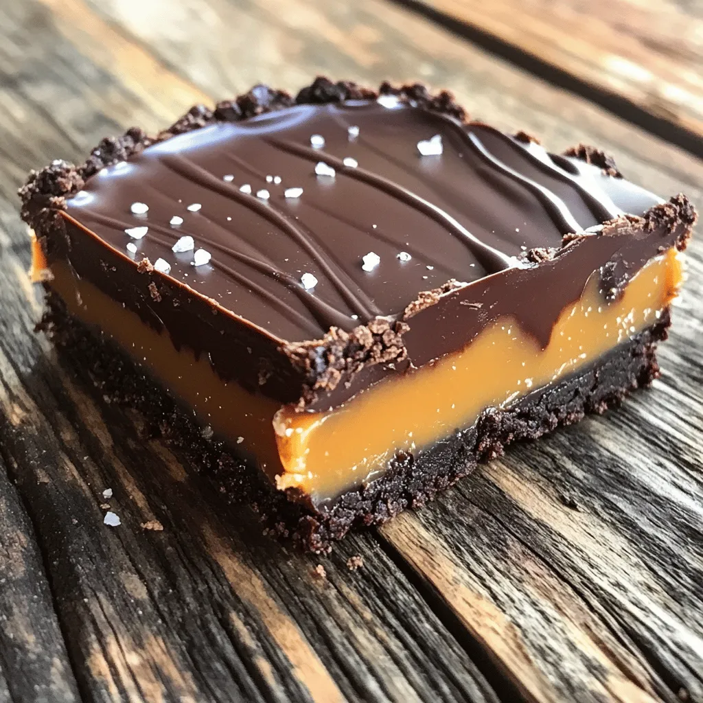 To create the No-Bake Salted Caramel Chocolate Tart, you need some key ingredients. Each one plays an important role in the flavor and texture. Here’s the full list: - 1 1/2 cups chocolate cookie crumbs (or graham cracker crumbs) - 1/2 cup unsalted butter, melted - 1 cup Medjool dates, pitted and roughly chopped - 1/2 cup full-fat coconut milk - 1/2 cup creamy almond butter (or another nut/seed butter of choice) - 1 teaspoon pure vanilla extract - 1/2 cup pure maple syrup (or honey, if preferred) - 1/4 teaspoon fine sea salt (plus extra for garnishing) - 1/2 cup dark chocolate chips (dairy-free if needed) - 1 tablespoon coconut oil Using chocolate cookie crumbs gives the crust a rich taste. You can swap them for graham cracker crumbs if you prefer a milder flavor. Unsalted butter adds creaminess to the crust. The melted butter helps bind the crumbs together. Medjool dates are a natural sweetener and create a smooth caramel layer. If you want a milder sweetness, you can use fewer dates. Coconut milk adds richness and creaminess to your caramel. It also helps bind the ingredients together. Almond butter gives a nutty flavor. You can use any nut or seed butter you like, such as peanut or sunflower butter. Pure vanilla extract enhances the overall flavor of the tart. Maple syrup adds a sweet touch. If you prefer, you can substitute it with honey. Fine sea salt balances the sweetness. Always sprinkle a little extra for that salty kick. Dark chocolate chips provide that decadent chocolate layer. You can choose dairy-free chips if needed. Coconut oil helps in melting the chocolate and gives it a nice glossy finish. Feel free to experiment! You can add extra flavors or swap out ingredients to suit your taste. - In a bowl, mix 1 1/2 cups chocolate cookie crumbs with 1/2 cup melted unsalted butter. - Stir until all crumbs are coated. - Press this mixture firmly into a 9-inch tart pan. - Make sure to cover the bottom and sides evenly. - Chill the crust in the fridge for 30 minutes. - For the caramel, gather these ingredients: - 1 cup Medjool dates, pitted - 1/2 cup full-fat coconut milk - 1/2 cup creamy almond butter - 1 teaspoon pure vanilla extract - 1/2 cup pure maple syrup - 1/4 teaspoon fine sea salt - Blend these ingredients in a high-speed blender. - Keep blending until the mixture is smooth. - If it’s too thick, add a splash of water. - Pour the caramel layer over the chilled crust. - Use a spatula to spread it evenly. - Gently tap the tart pan on the counter to remove air bubbles. - Return the tart to the fridge for 1 hour to set. - In a small saucepan, combine 1/2 cup dark chocolate chips and 1 tablespoon coconut oil. - Melt these over low heat, stirring until smooth. - Remove from heat and let it cool for a few minutes. - Once the caramel has set, pour the chocolate mixture over it. - Smooth out the chocolate with a spatula. - Sprinkle a pinch of sea salt on top for extra flavor. - Chill the tart for another 30 minutes to set the chocolate. Making this tart is easy, but some errors can happen. Here are common mistakes to watch out for: - Overmixing or undermixing the crust: Mix the chocolate cookie crumbs and melted butter until they are just combined. If you mix too much, the crust can become tough. If you mix too little, the crust won’t hold together well. - Tips for achieving the silky consistency of caramel: When making the caramel, blend the dates, coconut milk, and almond butter well. If it feels too thick, add a splash of water. This helps create a smooth and pourable caramel. A beautiful tart is a treat for the eyes. Here are some simple ideas to make your tart shine: - Decorative garnishing ideas, such as whipped coconut cream: Top each slice with a dollop of whipped coconut cream. It adds a creamy texture and looks stunning. - Tips on serving with seasonal fruits: Fresh berries or slices of ripe fruit add color and freshness. Consider strawberries, raspberries, or even kiwi for a vibrant touch. Pairing your tart with the right flavors enhances the experience: - Best pairings for the tart: Serve this tart with a scoop of vanilla ice cream or a glass of cold almond milk. These pairings balance the rich flavors of the tart. - Ideal serving temperatures: The tart is best served chilled. Let it sit out for a few minutes before serving. This helps soften the chocolate topping and makes it easier to slice. {{image_4}} You can add different nut butters to this tart. Almond butter gives a creamy taste. Peanut butter adds a rich, nutty twist. You can also try cashew butter for a mild flavor. Each nut butter will change the tart's taste and texture. Another way to enhance flavor is by adding spices. A pinch of cinnamon can warm the flavor up. Espresso powder adds a nice coffee kick. Both spices will make your tart stand out. If you're vegan, swap the butter for coconut oil. Use maple syrup instead of honey. This way, you keep the tart creamy without dairy. For gluten-free options, use gluten-free cookies for the crust. They still hold together well and taste great. If you want a lower-sugar tart, use less maple syrup. You can use ripe bananas for sweetness instead. This keeps the dessert tasty but cuts down on sugar. To keep your no-bake salted caramel chocolate tart fresh, wrap it well. Use plastic wrap or place it in an airtight container. This will help prevent it from drying out. Store the tart in the refrigerator. It will stay good for about five days. If you want to keep it longer, you can freeze it. Just slice it first and wrap each piece separately. It can last up to two months in the freezer. You don’t need to heat the tart since it’s meant to be served cold. If it feels too firm after storage, let it sit at room temperature for about 10 minutes. This makes it easier to slice and enjoy. If you prefer a softer texture, you can microwave a slice for about 10-15 seconds. This will warm it slightly without melting the chocolate topping. Enjoy your tart at the perfect temperature! Yes, you can make this tart ahead of time. I suggest preparing it a day in advance. This allows the flavors to meld well together. Just store it in the fridge. Cover it tightly with plastic wrap to keep it fresh. If your caramel layer is runny, don’t worry! You can thicken it easily. Add more chopped Medjool dates to the blender. Blend until smooth. You can also chill the caramel in the fridge for a bit. This helps it firm up before pouring it on the crust. If you need a nut-free option, try sunflower seed butter. It works well and adds a nice flavor. You can also use peanut butter or cashew butter. Just pick your favorite nut or seed butter for the recipe. Yes, this tart can be gluten-free! Use gluten-free chocolate cookie crumbs or graham cracker crumbs. Always check the labels to ensure they are certified gluten-free. This way, everyone can enjoy this tasty treat without worry. This blog post covered everything you need to make a delicious tart. We discussed key ingredients like chocolate cookie crumbs and almond butter. You learned how to prepare the crust, make a silky caramel layer, and assemble the tart. We shared tips to avoid common mistakes and suggested ways to present your dessert beautifully. Lastly, you gained insight into flavor variations and proper storage. Enjoy creating your tart, and impress everyone with your skills!