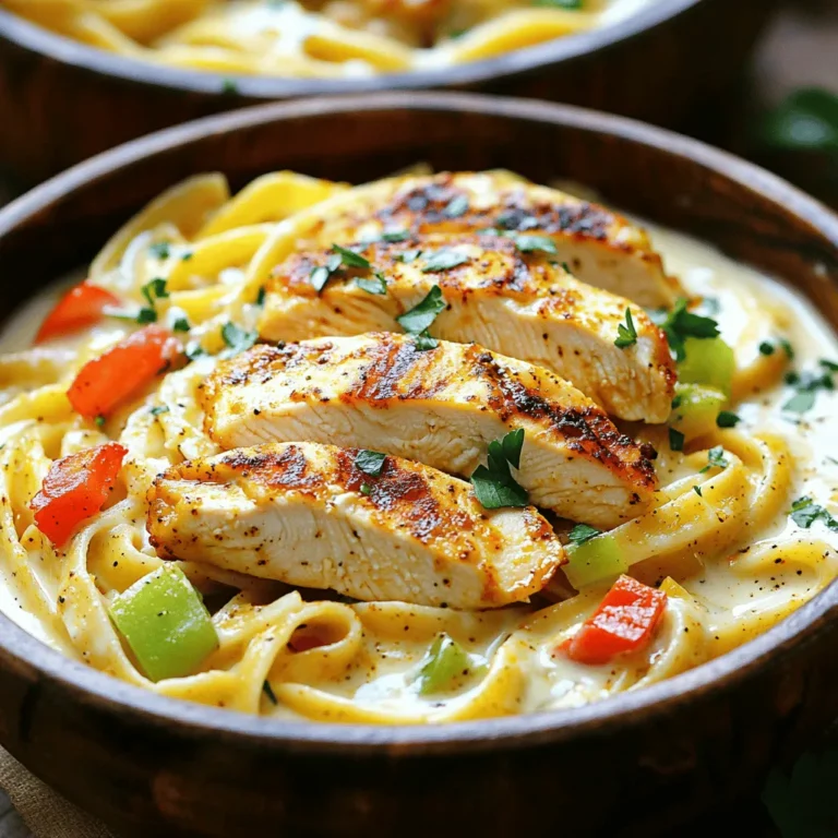 - 2 boneless, skinless chicken breasts - 8 oz fettuccine pasta - 1 cup heavy cream - 1 cup grated Parmesan cheese - 2 tablespoons Cajun seasoning - 2 tablespoons olive oil - Salt and pepper, to taste - 1 red bell pepper, sliced - 1 green bell pepper, sliced - 1 small onion, thinly sliced - 3 cloves garlic, minced To make Cajun chicken pasta, you need fresh, quality ingredients. Start with two boneless, skinless chicken breasts for the main protein. They cook quickly and soak up flavor well. Fettuccine pasta is perfect for this dish, as it holds the creamy sauce nicely. You will also need heavy cream and grated Parmesan cheese. These make the sauce rich and smooth. Next, grab Cajun seasoning. This spice blend gives the dish its signature kick. You will also need olive oil for cooking. Salt and pepper help enhance all the flavors. For the veggies, choose a red and a green bell pepper for color. A small onion adds sweetness, while garlic gives a lovely aroma. These ingredients come together to create a delightful meal. Each component plays a role in building layers of flavor. 1. Start by boiling a large pot of salted water. 2. Once it boils, add 8 oz of fettuccine pasta. 3. Cook the pasta until it is al dente. This usually takes around 8-10 minutes. 4. After cooking, drain the pasta and set it aside. 1. While the pasta cooks, take 2 boneless, skinless chicken breasts. 2. Generously season both sides with 2 tablespoons of Cajun seasoning. 3. In a large skillet, heat 2 tablespoons of olive oil over medium-high heat. 4. Add the seasoned chicken breasts and sear them until golden brown. This takes about 5-7 minutes on each side. 5. Once cooked, remove the chicken and let it rest before slicing into strips. 1. In the same skillet, add sliced red and green bell peppers, a small sliced onion, and 3 minced garlic cloves. 2. Sauté the mixture for about 5 minutes until the vegetables are tender and fragrant. 1. Lower the heat and pour in 1 cup of heavy cream. 2. Let it simmer gently, stirring occasionally. This helps the cream thicken slightly. 3. Gradually add 1 cup of grated Parmesan cheese and mix until melted and creamy. 4. Season the sauce with salt and pepper to taste. 1. Add the drained fettuccine and sliced chicken into the skillet. 2. Toss everything together until the pasta and chicken are evenly coated in the creamy sauce. 1. Cook the combined pasta and chicken on low heat for an additional 2 minutes. 2. This step warms everything through and blends the flavors. 3. Serve the dish in bowls and garnish with fresh parsley. Enjoy your meal! To adjust the spice levels, start with less Cajun seasoning. You can always add more later. If you want a milder taste, mix in some paprika or garlic powder. For a bolder flavor, try adding cayenne pepper. Marinating the chicken adds depth. Use Cajun seasoning, olive oil, and lemon juice. Let it sit for at least 30 minutes for better flavor. If you have time, marinate overnight for the best results. To control the thickness of your cream sauce, simmer it longer. This helps it reduce and thicken. If it's too thick, add a splash of chicken broth or milk. Stir well to combine. If you need substitutes for heavy cream, you can use half-and-half or a mix of milk and butter. For a lighter option, try Greek yogurt. Just whisk it in slowly to avoid curdling. For garnishing ideas, sprinkle fresh parsley on top. This adds a nice color and flavor. You can also add some crushed red pepper for a pop of color. Serving recommendations include rustic bowls for a cozy feel. Pair the dish with a crisp green salad or garlic bread to balance the flavors. This makes your meal look inviting and delicious. {{image_4}} You can switch the chicken for shrimp. Shrimp cooks fast and adds a nice flavor. Just sauté the shrimp in the same skillet. Cook them until they’re pink and firm. If you want a vegetarian dish, try using tofu. Press the tofu to remove extra water. Cut it into cubes and season it like chicken. It will soak up the Cajun spice and taste great. While fettuccine is classic, you can use penne or linguine too. Both types hold the sauce well. Penne adds a fun, chewy texture. Linguine gives a nice twist to your dish. If you need gluten-free options, look for rice or quinoa pasta. They cook differently, so follow the package instructions. They still offer a delicious meal that everyone can enjoy. To boost flavor, add sun-dried tomatoes. They give a sweet and tart taste that pairs well. Spinach is another great option. It wilts down nicely and adds nutrients. Feel free to mix in other veggies too. Zucchini, mushrooms, or asparagus can work well. This way, you make the dish your own and add extra colors. To store leftovers of Cajun chicken pasta, let it cool down first. Place it in an airtight container. Make sure to seal it tightly to keep it fresh. You can store it in the fridge for up to three days. I recommend using glass containers. They do not stain and help keep flavors intact. For reheating, the best method is using the stovetop. Place the pasta in a skillet over low heat. Add a splash of cream or water to keep it moist. Stir often to avoid burning. If you use a microwave, cover it with a damp paper towel. This helps prevent the pasta from drying out. Avoid reheating it too long, as it can get soggy. You can freeze portions of Cajun chicken pasta for future meals. Divide it into single servings and place them in freezer-safe bags. Remove as much air as possible to prevent freezer burn. It can last for up to three months in the freezer. When ready to eat, thaw it overnight in the fridge. After thawing, reheat it using the stovetop method for the best texture. Cajun chicken pasta is a creamy, spicy dish. It combines tender chicken, fettuccine, and bell peppers. The bold flavors come from Cajun seasoning. This dish is rich and satisfying, perfect for a weeknight dinner. Yes, you can prepare Cajun chicken pasta in advance. Cook the chicken and veggies, then mix them with the sauce. Store the pasta and sauce separately to keep it fresh. When ready to eat, just reheat and combine. Cajun chicken pasta has a medium spice level. Cajun seasoning varies in heat. If you prefer less heat, use less seasoning or choose a mild blend. For more spice, add extra seasoning or red pepper flakes. Many sides pair well with Cajun chicken pasta. Here are a few ideas: - Garlic bread for a crunchy bite. - A fresh green salad for a light touch. - Steamed vegetables for extra nutrition. - Corn on the cob for a sweet contrast. This blog post covered creating a tasty Cajun chicken pasta dish. We looked at key ingredients, cooking steps, and how to enhance flavor with seasonings and vegetables. You can adjust spice levels or switch proteins for variety. Storing and reheating tips ensure leftovers taste great, too. With these steps, you can impress family and friends with a delicious meal they will love. Enjoy making this dish your own!