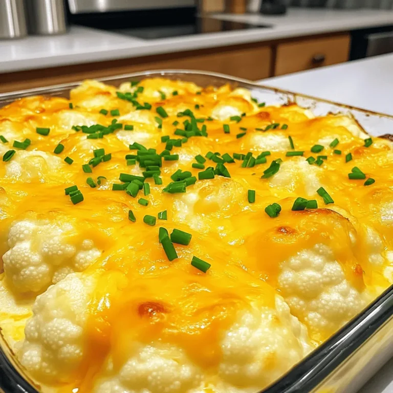 To make this tasty casserole, gather these main ingredients: - 1 large head of cauliflower, cut into florets - 1 tablespoon olive oil - 1 teaspoon garlic powder - 1 teaspoon onion powder - 1 teaspoon smoked paprika - Salt and pepper to taste - 1 cup shredded sharp cheddar cheese - 1 cup cream cheese, softened - 1 cup unsweetened almond milk (or your favorite milk) - ½ cup grated Parmesan cheese - ¼ cup chopped fresh chives (for garnish) These ingredients blend together to create a creamy and cheesy dish that warms the heart. You will need some essential cooking supplies to make this casserole: - A large pot for boiling - A mixing bowl for the cheese mixture - A whisk for blending - A 9x13 inch casserole dish - A spatula for folding ingredients Having these tools ready will make your cooking experience smooth and fun. Feel free to get creative! You can enhance the flavor with these optional seasonings: - ½ teaspoon cayenne pepper for heat - 1 tablespoon fresh herbs like thyme or rosemary - A splash of lemon juice for brightness These additions can elevate your casserole and make it even more special. Start by preheating your oven to 375°F (190°C). This helps the casserole bake evenly. Next, bring a large pot of salted water to a rolling boil. Once boiling, carefully add the cauliflower florets. Cook them for about 5 minutes. You want them tender but still a bit crisp. After cooking, drain the florets well and set them aside to cool. In a large mixing bowl, combine the softened cream cheese and almond milk. Use a whisk to mix until it is smooth. This step is key for a creamy texture. Then, add the shredded cheddar cheese, garlic powder, onion powder, smoked paprika, salt, and pepper. Stir well to make sure all the flavors blend together. Gently fold the cooked cauliflower into the cheese mixture. Make sure each floret gets coated well. This is where the magic happens! Next, transfer the mixture into a greased 9x13 inch casserole dish. Spread it out evenly so it cooks nicely. To finish, sprinkle the grated Parmesan cheese on top. Place the casserole in the oven and bake for 25-30 minutes. Look for a golden and bubbly top. Once done, let it sit for a few minutes. Garnish with fresh chives before serving. Enjoy your cheesy delight! To get the best texture in your cheesy cauliflower casserole, cook the cauliflower just right. Boil it for only 5 minutes. It should be tender but still firm. Overcooking will lead to mushy cauliflower. After boiling, drain it well to remove excess water. This keeps the dish from being watery. One common mistake is not draining the cauliflower well. If you skip this step, the casserole can turn out too wet. Another mistake is not mixing the cheese sauce thoroughly. Make sure the cream cheese and almond milk are smooth before adding the other ingredients. Also, don't forget to coat each floret in the cheese mixture for even flavor. To amp up the flavor, consider adding fresh herbs. Thyme or rosemary can bring a nice twist. You can also try different cheeses. A bit of mozzarella or Gruyère can add depth. For heat, a pinch of cayenne pepper or red pepper flakes can spice things up. Lastly, a drizzle of olive oil before serving adds richness and flair. {{image_4}} You can easily add protein to this dish. Try diced chicken or cooked ground beef. Both add flavor and make the casserole heartier. If you want something lighter, use turkey or tofu. Simply mix the protein with the cheese before folding in the cauliflower. This change makes it a full meal. To make a vegan version, swap out the cream cheese and milk. Use cashew cream or coconut yogurt instead. Nutritional yeast gives a cheesy flavor without dairy. You can also use vegan cheese or any plant-based milk. Just ensure it's unsweetened to keep the taste balanced. This way, everyone can enjoy the dish! Cheese can change the flavor profile of this casserole. Instead of sharp cheddar, try gouda or pepper jack for a spicy kick. For a milder taste, use mozzarella or Monterey Jack. Mixing different cheeses creates a rich and creamy texture. Experiment with your favorites to find the perfect blend. Once your cheesy cauliflower casserole cools, you should store it properly. Place leftovers in an airtight container. Make sure to keep it in the fridge. It stays fresh for about three to five days. If you want to keep it longer, consider freezing it. To reheat, preheat your oven to 350°F (175°C). Place the casserole in an oven-safe dish. Cover it with foil to keep it moist. Heat it for 20 to 25 minutes until it’s warm all the way through. You can also microwave individual portions. Just heat for one to two minutes, stirring halfway. If you freeze the casserole, it’s best to do so before baking. Wrap it tightly in plastic wrap, then in foil. This keeps it fresh for up to three months. When ready to use, thaw it overnight in the fridge. Bake it as instructed in the recipe. If you freeze it after baking, it may lose some texture, but it still tastes great! Yes, you can use frozen cauliflower. It saves time and is easy to find. Just remember to thaw it first and drain any excess water. This helps keep your casserole from being too watery. Using frozen cauliflower can still give you a tasty dish. To make it a complete meal, add protein. You can mix in cooked chicken, turkey, or sausage. For a vegetarian option, try adding beans or lentils. Serve the casserole with a side salad for extra veggies. This will balance flavors and nutrients. Serve the casserole warm. Garnish with fresh chives for a pop of color. You can drizzle a bit of olive oil on top for extra flavor. Pair it with crusty bread or a light soup. This makes for a cozy, filling meal. Cheesy cauliflower casserole is tasty and easy to make. We covered main ingredients, cooking tools, and seasoning options. You learned step-by-step how to prep the cauliflower, mix the cheese, and assemble the dish. To ensure the best texture, we shared tips and common mistakes to avoid. You can even add protein or try vegan options. Finally, we discussed how to store and reheat your casserole. Keep these tips in mind to create a delicious meal that everyone will enjoy. Now, it’s time to cook!