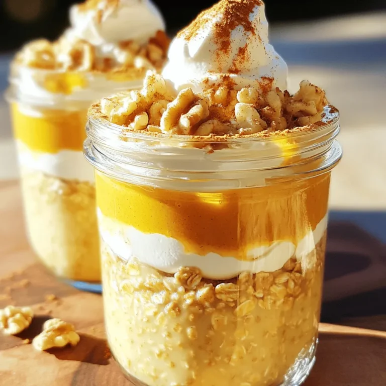 - 1 cup rolled oats - 1 cup almond milk (or other milk options) - 1/2 cup canned pumpkin puree These main ingredients form the base of your pumpkin pie overnight oats. Rolled oats are hearty and filling. Almond milk gives a nice creamy touch without dairy. Canned pumpkin puree brings that rich, autumn flavor we all love. - 1 tablespoon pure maple syrup (or honey) - 1 teaspoon pumpkin pie spice - 1/2 teaspoon pure vanilla extract Sweeteners and flavorings kick up the taste. Maple syrup or honey adds natural sweetness. Pumpkin pie spice gives that warm, cozy flavor. Vanilla extract rounds it all out with a hint of sweetness. - 1/4 cup Greek yogurt (for creaminess) - Chopped walnuts or pecans for topping - Whipped cream (for serving) You can add Greek yogurt for extra creaminess. Chopped nuts add a nice crunch on top. If you want to indulge, a dollop of whipped cream makes it special. These options let you make this dish your own! In a medium bowl, add the rolled oats, almond milk, and pumpkin puree. Then, pour in the maple syrup, pumpkin pie spice, and vanilla extract. If you want creaminess, add Greek yogurt. Don't forget to sprinkle in a pinch of salt. Use a whisk or spoon to stir everything together. Make sure all the ingredients mix well. Now, take the oat mixture and divide it into two or more airtight containers. This helps keep the oats fresh in the fridge. Make sure each jar has the same amount of oats and pumpkin goodness. This way, everyone gets a tasty treat. Once you have filled the jars, secure the lids tightly. Place them in the refrigerator. Chill them overnight, or at least for four hours. This soaking time lets the oats soak up the milk and flavors. When you wake up, you'll have a creamy, flavorful breakfast ready to enjoy. To make your pumpkin pie overnight oats taste even better, you can adjust the sweetness. If you like it sweeter, add more pure maple syrup or honey. Start with a tablespoon and taste. If it needs more, go for it! Mixing well is key. You want every bite to burst with flavor. Stir until all the ingredients blend together. This ensures that the pumpkin puree and spices are evenly spread throughout the oats. For a stunning look, use clear jars. They let you see the beautiful layers of oats and pumpkin. This adds a fun touch to breakfast! Before serving, sprinkle the top with pumpkin pie spice. This not only looks pretty but also boosts the flavor. Just a light dusting will do! If you want to save time, prepare multiple servings at once. Just double or triple the recipe. Portion the mixture into jars, seal them, and store them in the fridge. This way, you’ll have breakfast ready for several days. Enjoy the ease of grabbing a jar each morning! {{image_4}} You can use many types of milk in this recipe. Almond milk is a great choice. It adds a nice nutty flavor. If you prefer dairy, use whole milk or skim milk. Coconut milk gives a tropical twist. Oat milk is another option that works well. Choose what fits your taste and diet. Sweeteners change the flavor of your oats. Maple syrup is my go-to for its rich taste. Honey is another good choice for sweetness. If you want a lower-calorie option, try agave syrup. Brown sugar adds a warm note, too. Each sweetener gives a different vibe, so mix and match! Adding spices can make your oats special. Besides pumpkin pie spice, try cinnamon for warmth. Nutmeg adds a nice kick. You could even add a pinch of ginger for zest. If you love chocolate, toss in some cocoa powder. These flavors make each bite more exciting! To keep your pumpkin pie overnight oats fresh, use airtight containers. These containers stop air from getting in, which helps your oats stay tasty. I like using mason jars because they are easy to seal and look good too. Make sure to close the lids tightly. In the refrigerator, your oats can last up to five days. This makes them great for meal prep. The flavors will get better over time, but be sure to check for any signs of spoilage. If they smell off or look strange, it’s best to toss them out. You can freeze your pumpkin pie overnight oats for up to three months. Just portion them into freezer-safe containers. When you’re ready to eat, move them to the fridge to thaw overnight. If you’re in a hurry, you can microwave them for a minute or so. Just stir well and add a splash of milk to get the right consistency before eating. Yes, you can use quick oats. They cook faster than rolled oats. Quick oats absorb liquid quickly. This can change the texture. Your overnight oats will be softer and creamier. Rolled oats give a chewy bite. I prefer rolled oats for their texture, but quick oats work too! Making this recipe vegan is easy! Replace almond milk with any plant milk. Use maple syrup as a sweetener. Skip the Greek yogurt or use a vegan yogurt. This keeps the oats creamy. You can still enjoy the same great taste. Your pumpkin pie overnight oats will be just as delicious! Yes, you can! Soaking helps the oats absorb liquid. If you are in a hurry, soak them for at least 30 minutes. The oats will still soften, but they might not be as creamy. For best results, I recommend letting them sit overnight. This allows the flavors to blend perfectly. This blog post outlined a simple recipe for overnight oats. We explored key ingredients like oats, almond milk, and pumpkin puree. We enhanced flavor with maple syrup and pumpkin pie spice. Tips for presentation and preparation made this easy. We also discussed storage methods and variations you can try. In summary, overnight oats are versatile and quick. They are great for breakfast or snacks. Try them your way, using your favorite flavors and toppings. Enjoy the process and the tasty results!