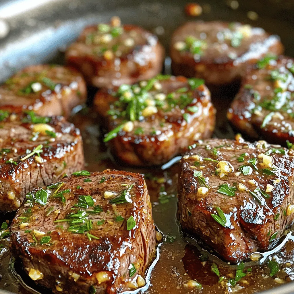 - 1 lb sirloin steak, cut into bite-sized pieces - 4 tablespoons unsalted butter - 4 cloves garlic, minced - Fresh rosemary and thyme - Salt and pepper - Fresh parsley - Extra virgin olive oil To create garlic butter steak bites, you first need quality ingredients. I choose sirloin steak for its rich flavor and tenderness. Cutting the steak into bite-sized pieces helps with quick cooking. Next, you need unsalted butter. It adds a creamy richness without extra salt. Garlic is a must; it gives the dish a lovely aroma and taste. For herbs, fresh rosemary and thyme make the dish pop with flavor. Don’t forget salt and pepper. They bring out the natural taste of the steak. Lastly, fresh parsley is perfect for garnish. It adds color and freshness. A drizzle of extra virgin olive oil enhances the dish's richness. Gather these ingredients, and you are ready to whip up a meal that is both delicious and fast! First, take the sirloin steak and cut it into bite-sized pieces. This helps them cook evenly. Next, season the steak pieces well with salt and freshly ground black pepper. It’s important to use enough seasoning for flavor. Let the steak rest at room temperature for about 15 minutes. This resting time allows the steak to cook more evenly and keeps it juicy. Now, it’s time to heat your pan. Use a large, heavy-bottomed skillet. Heat the extra virgin olive oil over medium-high heat until it shimmers but does not smoke. This is the right temperature for searing. Carefully add the seasoned steak bites to the hot skillet in a single layer. Avoid overcrowding the pan; it can lead to steaming instead of searing. Cook the steak bites for 2-3 minutes on each side. You want a nice, browned crust and the steak cooked to your liking. Once done, transfer the steak bites to a plate and set them aside. Lower the heat to medium. In the same skillet, add the unsalted butter. Watch as it melts into the pan. After the butter melts, add the minced garlic, chopped rosemary, and thyme. Stir this mixture for about 1-2 minutes. The garlic should become fragrant and lightly golden. Keep an eye on it; burnt garlic can taste bitter. Now, return the cooked steak bites to the skillet. Toss the steak gently in the garlic butter until each piece is well-coated. This step is crucial for flavor. Let them cook together for about one more minute. This warms the steak bites and infuses them with that delicious garlic butter flavor. Finally, remove the skillet from the heat. Garnish with freshly chopped parsley for a bright finish before serving. When making steak bites, I always choose sirloin. It offers great flavor and tenderness. Look for cuts with some fat. This fat adds flavor and keeps the bites juicy. Avoid cuts that are too lean. They can be tough and dry when cooked. To cook steak bites well, ensure your pan is hot. Heat the skillet over medium-high heat. This helps form a nice crust on the steak. If your pan is not hot enough, the meat will steam, not sear. Also, do not overcrowd the skillet. Cook in batches if needed. This allows each piece to brown properly. For extra flavor, try adding herbs like oregano or basil. You can also mix in chili flakes for some heat. If you want a bright twist, add lemon zest. This can elevate your steak bites to a new level. Adjust the spices to fit your taste. Don’t be afraid to get creative! {{image_4}} You can switch up the meat in this recipe. Chicken and shrimp work great. For chicken, use bite-sized pieces of boneless breast or thighs. For shrimp, choose large, peeled shrimp. Cook them the same way as the steak. Both options soak up the garlic butter flavor well, making them equally tasty. Want to spice it up? Add chili flakes for a kick. Just sprinkle some in the garlic butter while it cooks. This gives your dish a nice heat without overpowering the flavors. You can also add lemon or lime zest. The citrus gives a bright taste that balances the richness of the butter and meat. Think about how to serve your steak bites. They pair well with crusty bread or a fresh salad. You can also create dips or sauces. A garlic aioli or a zesty chimichurri sauce complements the dish nicely. Keep it fun and mix it up based on what you enjoy! To store your garlic butter steak bites, place them in an airtight container. Let them cool first. You can keep them in the fridge for up to three days. If you want to keep them longer, consider freezing them. They last for about two months in the freezer. Just make sure to wrap them tightly to prevent freezer burn. When you reheat steak bites, the best method is on the stove. Heat a skillet over medium heat. Add a little butter or oil to keep them moist. Heat for about 3-5 minutes until warm. You can also use the microwave, but be careful. This method can dry out the meat. If you use the microwave, cover the steak bites with a damp paper towel. This helps retain moisture. To keep the tenderness and flavor, avoid overheating. Check them often while reheating. Enjoy the rich garlic butter flavor just like when you first made them! To cook steak bites to medium-rare, aim for an internal temperature of 130°F to 135°F. Start by searing the steak bites in a hot skillet for about 2-3 minutes on each side. Use a meat thermometer to check the temperature. Once they reach the right heat, remove them from the pan. Let them rest for a few minutes; this helps keep them juicy. Yes, you can use frozen steak, but there are some tips. Thaw the steak in the fridge overnight for best results. If you're short on time, you can use a microwave to defrost it. Make sure to pat it dry before cooking. This helps the steak sear better. Cooking from frozen may take a bit longer, so check the doneness carefully. Garlic butter steak bites pair well with several sides. Here are some great options: - Crusty bread: Perfect for soaking up the garlic butter. - Fresh salad: A light arugula or spinach salad adds freshness. - Roasted vegetables: Carrots, asparagus, or green beans complement the dish nicely. - Mashed potatoes: Creamy potatoes balance the bold flavors. - Rice or couscous: These grains can soak up the savory juices. This blog post covered how to make delicious garlic butter steak bites. We discussed main ingredients like sirloin steak, butter, and garlic. I shared step-by-step instructions for seasoning, cooking, and making the sauce. We explored helpful tips for selecting the right cut and techniques to enhance flavor. Lastly, I provided ideas for variations and storage tips. Enjoy creating your own steak bites, and remember, practice makes perfect!
