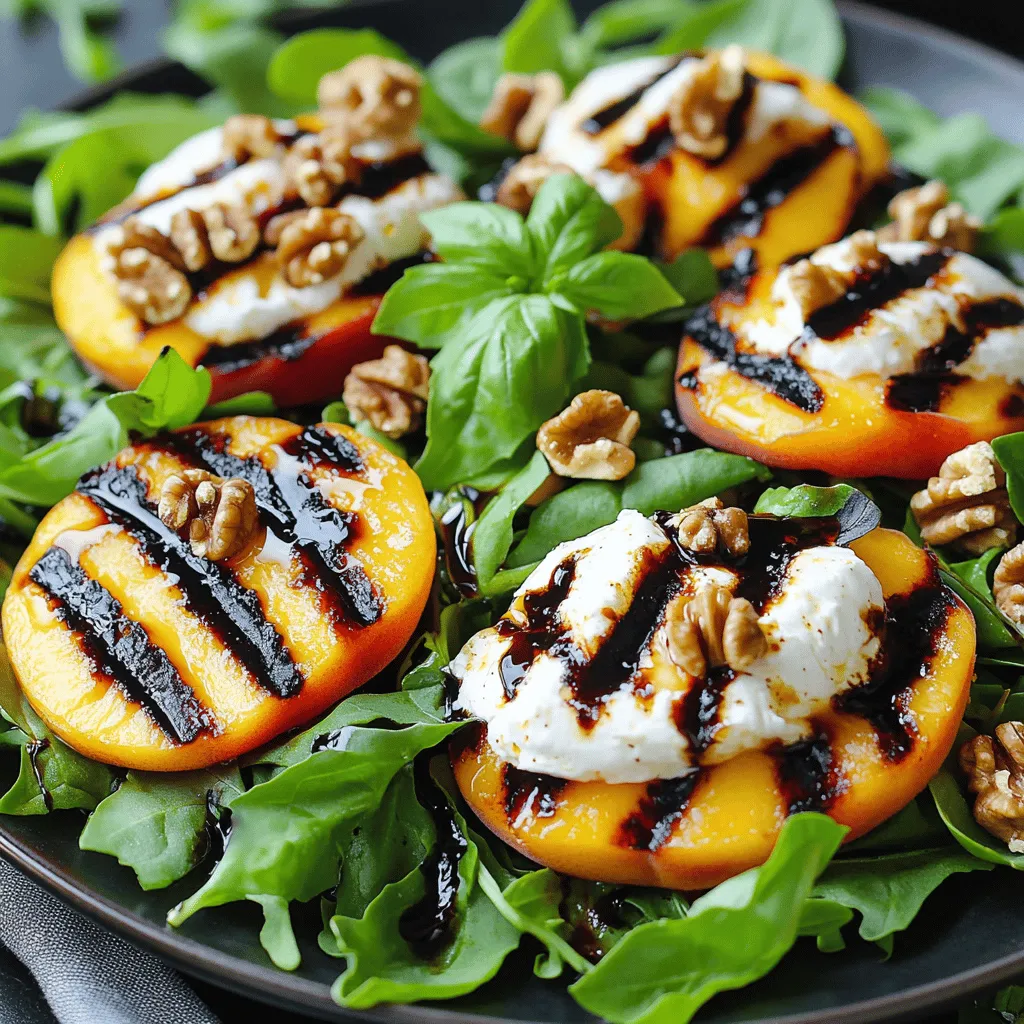 To create a delicious Grilled Peach Burrata Salad, you need these fresh ingredients: - 2 ripe peaches, halved and pitted - 200g burrata cheese, at room temperature - 4 cups mixed greens (a combination of arugula, spinach, and frisée) - 1/4 cup walnuts, lightly toasted and roughly chopped - 1/4 cup balsamic glaze for drizzling - 2 tablespoons extra virgin olive oil - Sea salt and freshly cracked black pepper, to taste - A handful of fresh basil leaves, for garnish These ingredients combine to create a fresh and flavorful treat. The juicy peaches add sweetness, while the creamy burrata adds richness. The mixed greens offer a crisp base, and toasted walnuts provide a nice crunch. Balsamic glaze adds a tangy touch that ties everything together. The sea salt and black pepper enhance all the flavors. Fresh basil elevates the dish with its aromatic notes. Enjoy this salad as a light meal or a side dish. First, preheat your grill to medium-high heat. This step is key for perfect grilling. A hot grill gives the peaches nice char marks. While the grill heats up, take your ripe peaches. Lightly brush the cut sides with extra virgin olive oil. This helps them grill evenly and adds flavor. Then, sprinkle a pinch of sea salt and a few cracks of black pepper on the peaches. This seasoning enhances their natural sweetness. Now, it's time to place the peaches on the grill. Set them cut side down on the grates. Grill the peaches for about 4 to 5 minutes. You want to see beautiful char marks. The peaches should feel slightly tender when you touch them. If they feel too soft, they may be overcooked. While the peaches are grilling, grab a large bowl. Add the mixed greens to create a fresh base. Once the peaches are ready, remove them from the grill. Let them cool for a few minutes. Slice the grilled peaches into wedges for easier mixing. Now, gently add the sliced peaches and toasted walnuts to the greens. Toss everything together to combine. Next, take the burrata cheese. Tear it into rustic pieces and place it on top. This creamy cheese is the star of the salad. Drizzle the balsamic glaze over everything. Season your salad with more sea salt and black pepper to taste. Finally, add fresh basil leaves for a pop of color and flavor. Serve immediately and enjoy the warm peaches with the creamy burrata! How do I check for ripeness? To find ripe peaches, look for a slight give when you press them. The skin should also have a rich color. Avoid peaches that feel hard or have dark spots. Ripe peaches will taste sweeter and grill better. How can I avoid sticking on the grill? Brush the cut sides of peaches with olive oil. This step helps to prevent sticking. Make sure your grill is hot before adding the peaches. Place them cut side down for grilling. This method creates a lovely char and makes them easier to flip. What are ideal pairings with the salad? This salad pairs well with grilled chicken or shrimp for added protein. A glass of chilled white wine also complements the flavors nicely. For a fresh twist, serve with a side of crusty bread. How should I plate for presentation? Arrange the mixed greens on a large plate. Place the grilled peach slices on top, followed by the burrata. Drizzle balsamic glaze over the salad. Finish with a sprinkle of walnuts and fresh basil for color and texture. How can I adjust seasoning to taste? Start with sea salt and black pepper. Taste as you go. You can always add more, but it’s hard to take away. If you like heat, consider adding a pinch of red pepper flakes. What are recommendations for balsamic alternatives? If you don’t have balsamic glaze, try using lemon juice or red wine vinegar. These options add a nice tang. Honey or maple syrup can also enhance sweetness if you prefer. {{image_4}} You can make this salad heartier by adding protein. Grilled chicken or shrimp work great. Just season and grill them alongside the peaches. Prosciutto is another tasty option. Its savory flavor complements the sweet peaches perfectly. Burrata is creamy and rich, but you can try other cheeses. Goat cheese adds a tangy touch. Feta brings a salty kick. If you're looking for vegan options, try cashew cheese or tofu. Both can mimic burrata's texture and taste well. Change up the fruits based on what's in season. Strawberries or figs can add new flavors. You can also swap mixed greens for seasonal options. Kale or arugula can add a nice twist. Adapting to what's fresh keeps the salad exciting. To store any leftover salad, place it in an airtight container. This keeps the salad fresh. If you have leftover peaches, keep them in a separate container. This prevents sogginess. You can also store burrata in its original container. Just cover it tightly. - Use a clean spoon for serving to avoid contamination. - Store the salad in the fridge for up to two days. You can prepare parts of this salad ahead of time. Slice the peaches and grill them in advance. Store them in a container with a lid. You can also wash and dry the greens. Keep them in a bag with paper towels for freshness. Assemble the salad just before serving. This keeps the greens crisp and vibrant. Add the burrata just before you eat. This way, it stays creamy and soft. If you store the salad properly, it lasts about two days. Check for signs of spoilage. If the greens look limp or brown, toss them. If the burrata smells sour or looks off, it’s best to discard it. Remember, freshness is key for the best taste. Always trust your senses when checking for spoilage. Burrata cheese is a creamy delight. It has a soft outer shell made of mozzarella. Inside, it holds a rich, creamy filling. This unique texture makes it a favorite in many dishes. Compared to mozzarella, burrata is creamier and richer. Mozzarella is firmer and less creamy. You can enjoy burrata fresh on salads or with bread. Its mild flavor pairs well with many ingredients. You can use canned peaches, but fresh is best. Canned peaches change the texture. They can be mushy and less sweet. If you use canned ones, choose peaches in juice, not syrup. Drain them well before grilling. This helps avoid excess liquid in your salad. To make a vegan version, swap burrata for vegan cheese. Nut-based cheeses work well. For dressing, use a mix of olive oil and lemon juice. You can add maple syrup for sweetness. Consider adding extra veggies like avocado or chickpeas. This keeps the salad hearty and tasty. Balsamic glaze is great, but other dressings work too. Try a lemon vinaigrette or honey mustard. You can make a simple dressing with olive oil, lemon juice, salt, and pepper. Mix them in a jar and shake before drizzling. This adds a fresh flavor to your salad. You can prep parts of the salad ahead of time. Grill the peaches and store them in the fridge. Keep the greens separate until you serve. This keeps them fresh and crisp. Assemble the salad just before serving to enjoy the best taste. This blog covered a refreshing grilled peach salad with burrata cheese, mixed greens, and walnuts. You learned how to grill peaches perfectly and assemble a delicious dish. I shared tips for flavor enhancement, storage, and meal prep. Consider personal touches with proteins or different cheeses. This dish is versatile and easy, perfect for any meal. Enjoy trying new variations and make it your own. Your taste buds will thank you for this delicious creation!