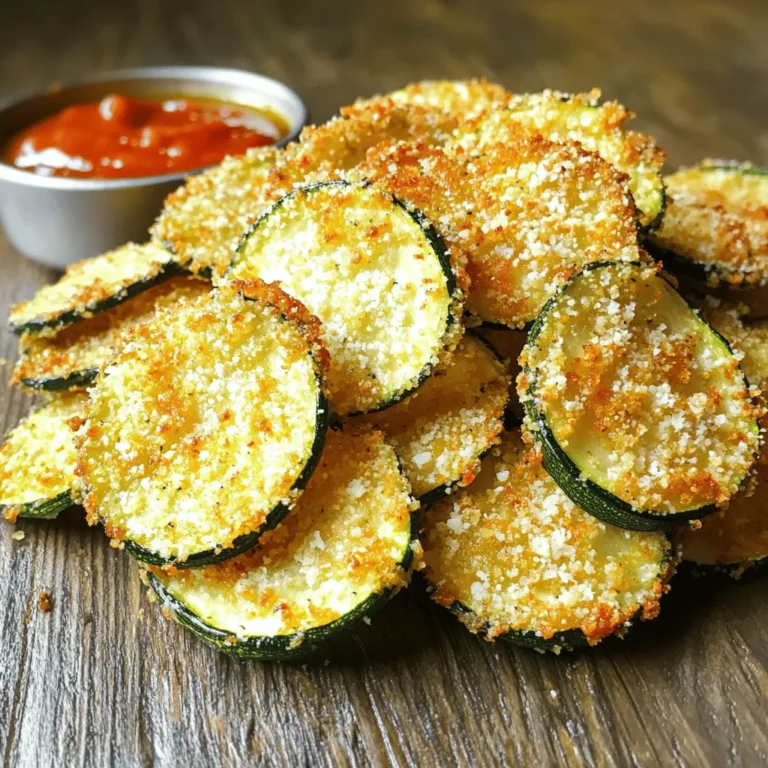 To make Air Fryer Zucchini Parmesan Chips, you will need: - 2 medium zucchinis, thinly sliced - 1 cup breadcrumbs (panko or regular) - ½ cup grated Parmesan cheese - 1 teaspoon garlic powder - ½ teaspoon onion powder - ½ teaspoon dried oregano - ½ teaspoon salt - ¼ teaspoon black pepper - 2 large eggs, beaten - Olive oil spray You can swap the breadcrumbs for crushed cornflakes for a gluten-free option. If you want a different cheese flavor, try using cheddar or mozzarella. Fresh herbs can replace dried oregano for a fresher taste. For a spicy kick, add a pinch of cayenne pepper to the breadcrumb mix. One serving of these chips offers: - Calories: 150 - Protein: 7g - Carbohydrates: 12g - Dietary Fiber: 1g - Sugars: 2g - Fat: 8g - Saturated Fat: 2g - Sodium: 360mg This tasty snack is not only crunchy but also packs a punch of flavor without too many calories. Enjoy these healthy chips as a fun way to eat more veggies! First, preheat your air fryer to 400°F (200°C). This step takes about 5 minutes. Preheating helps the chips cook evenly. A hot air fryer gives you that perfect crispy finish. Next, grab two medium zucchinis. Wash them well, then slice them thin. Aim for about 1/4 inch thick. Thin slices cook faster and crisp up nicely. Lay the slices flat on a paper towel to absorb extra moisture. This helps prevent soggy chips. Now, let’s make the coating. In a shallow bowl, mix together: - 1 cup breadcrumbs (panko or regular) - ½ cup grated Parmesan cheese - 1 teaspoon garlic powder - ½ teaspoon onion powder - ½ teaspoon dried oregano - ½ teaspoon salt - ¼ teaspoon black pepper Stir until everything blends well. In another bowl, beat two large eggs. Dip each zucchini slice into the egg first, letting any extra drip off. Then, coat it in the breadcrumb mix. Press gently to help the crumbs stick. Place the coated zucchini chips in the air fryer basket. Make sure they are in a single layer. Avoid overlapping the chips. If your air fryer is small, do this in batches. Lightly spray the tops with olive oil for extra crunch. Cook for 10-12 minutes, flipping halfway. Look for a golden brown color. Once done, carefully take the chips out. Place them on a wire rack to cool. This keeps them crispy, not soggy. Enjoy your chips as a snack or with your favorite dipping sauce! To get that perfect crunch, keep a few key tips in mind. First, slice your zucchini thinly. Aim for about 1/4 inch thick. Thinner slices cook better and crisp up nicely. Second, use panko breadcrumbs if you can. They are light and create a great texture. Don’t skip the olive oil spray. A light mist before cooking helps achieve that golden finish. Soggy chips can ruin the fun. To avoid this, make sure to dry your zucchini slices well. Use a paper towel to remove excess moisture before coating. Also, avoid overcrowding the air fryer basket. Cook in batches if needed. This ensures hot air circulates freely. Finally, let them cool on a wire rack rather than a plate. This helps them stay crisp. Dipping sauces can elevate your chips. A classic marinara sauce works perfectly with these zucchini chips. For a creamy option, try ranch or tzatziki. If you like a spicy kick, mix some sriracha with mayo. Experiment with different flavors to find your favorite! {{image_4}} You can switch up the cheese for more flavor. Try using mozzarella or cheddar. Both melt well and add a rich taste. For a bolder flavor, use feta or goat cheese. Mix different cheeses for a tasty twist. Just remember to adjust the amount based on the cheese type. Experiment with herbs and spices to enhance your chips. You might try basil or thyme for a fresh taste. Add a pinch of cayenne for heat or smoked paprika for a smoky flavor. Just sprinkle your choice into the breadcrumb mix. This simple change can make your zucchini chips unique each time. You can easily make your chips gluten-free. Use gluten-free breadcrumbs instead of regular ones. You can find these at most stores or make your own. Just blend gluten-free bread into crumbs. This way, everyone can enjoy your tasty zucchini parmesan chips! After enjoying your zucchini chips, allow them to cool completely. Place them in an airtight container. This will keep them fresh for up to three days. If you want to keep them crisp, try to avoid stacking them. You can also use paper towels to absorb any moisture. To reheat your zucchini chips, use the air fryer again. Set it to 350°F (175°C) for about 5 minutes. This will help restore their crunch. You can also use an oven. Simply spread them on a baking sheet and heat for the same time. If you want to save some chips for later, freezing is a great option. First, make sure they are completely cool. Lay them in a single layer on a baking sheet. Freeze them for about an hour. Once frozen, transfer the chips to a freezer bag. They can last for up to two months. When ready to eat, you can reheat them straight from the freezer. Yes, you can use regular zucchini. Just remember, larger zucchinis may have more seeds and water. This can change the texture of your chips. For best results, choose zucchini that feels firm and is not too large. I recommend slicing zucchini into thin rounds, about 1/8 inch thick. Use a sharp knife or a mandoline for even slices. Thin slices cook more evenly and become crispier in the air fryer. Consistency is key for great chips. Zucchini chips are done when they are golden brown and crispy. This usually takes about 10-12 minutes in the air fryer. Flip them halfway through to ensure even cooking. Always check them a minute or two before the timer ends. Yes, you can! Preheat your oven to 425°F (220°C). Place the chips on a baking sheet lined with parchment paper. Bake for about 20-25 minutes or until they are crispy. Flip them halfway for the best texture. We covered how to make crispy zucchini chips with simple steps. You learned about the ingredients you need and some tasty swaps. I shared tips for the best crunch and ways to avoid sogginess. You also discovered storage methods, reheating tips, and answered common questions. Enjoying healthy snacks can be easy. With these zucchini chips, you can feel good while indulging. Give them a try and explore your favorite flavors!