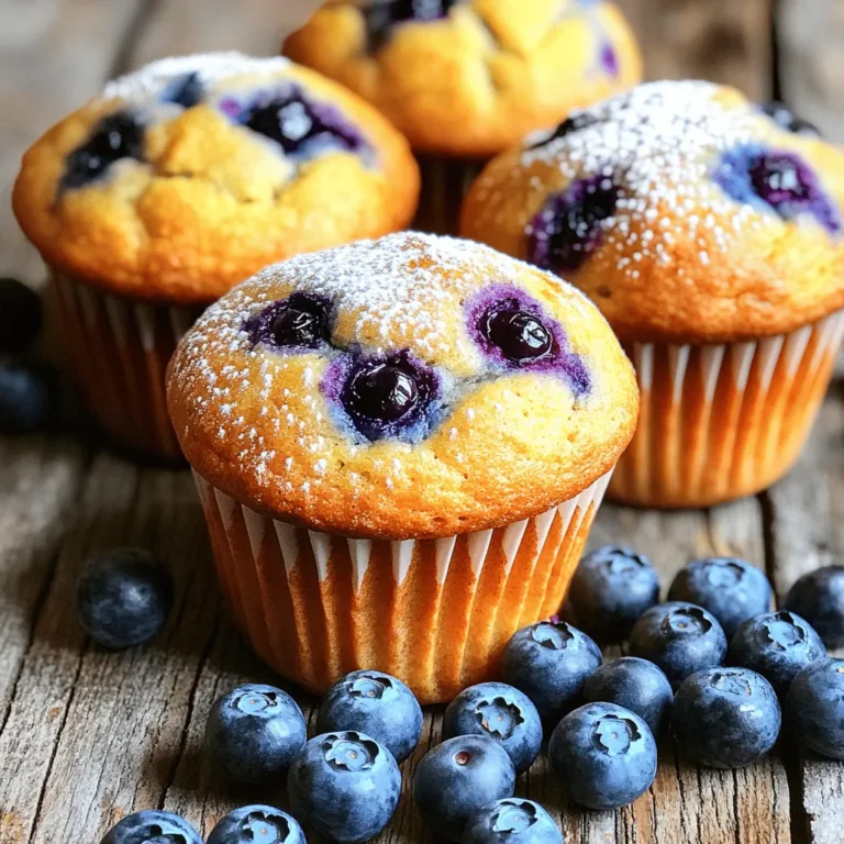 To make these easy and delicious gluten-free blueberry muffins, you need the following ingredients: - 2 cups gluten-free all-purpose flour - 1 tablespoon baking powder - ½ teaspoon salt - ½ teaspoon ground cinnamon - ¼ cup coconut sugar (or substitute with brown sugar) - 2 tablespoons pure maple syrup - 1 cup yogurt (dairy-free option available) - 2 large eggs - 1 teaspoon vanilla extract - 1 ½ cups fresh blueberries (frozen blueberries are acceptable) - 2 tablespoons melted coconut oil (can replace with vegetable oil) Each ingredient plays a key role in making these muffins tasty. The gluten-free flour gives structure. Baking powder helps them rise. Salt and cinnamon add flavor. Coconut sugar sweetens the mix. Maple syrup brings moisture. Yogurt keeps them soft. Eggs bind everything together. Vanilla adds warmth. Blueberries bring a burst of flavor. Finally, the oil ensures a moist crumb. Feel free to switch ingredients based on your needs. For example, use dairy-free yogurt if you prefer. This recipe offers flexibility while still delivering fantastic muffins. - Preheat your oven to 375°F (190°C). - Prepare a muffin tin with paper liners or grease it lightly. - In a large bowl, combine 2 cups of gluten-free flour, 1 tablespoon of baking powder, ½ teaspoon of salt, ½ teaspoon of ground cinnamon, and ¼ cup of coconut sugar. Stir well to mix. - In a separate bowl, whisk together 1 cup of yogurt, 2 tablespoons of maple syrup, 2 large eggs, 1 teaspoon of vanilla extract, and 2 tablespoons of melted coconut oil until smooth. - Carefully fold the wet ingredients into the dry ingredients. Mix until just combined. Do not overmix; this helps keep the muffins fluffy. - Gently add 1 ½ cups of fresh blueberries to the batter. Make sure they are evenly distributed without crushing them. - Scoop the batter into the muffin cups, filling each about ¾ full. This space allows them to rise as they bake. - Place the muffin tin in the preheated oven and bake for 18-22 minutes. Check doneness by inserting a toothpick; it should come out clean. - Let the muffins cool in the pan for about 5 minutes. Then, transfer them to a cooling rack. This keeps them moist and helps avoid sticking. To bake gluten-free muffins, precise measurements are key. Gluten-free flour can vary in density. Use a scale for accuracy. Spoon the flour into your measuring cup and level it off. This helps avoid dense muffins. Another tip is to mix gently. Overmixing can make muffins tough. Stir until ingredients are just combined. This keeps your muffins light and fluffy. If you need a dairy-free option, use plant-based yogurt. There are many tasty brands available. You can also switch sweeteners. Coconut sugar works well, but try maple syrup for a different flavor. Honey is another good choice if you’re not vegan. Each sweetener gives a unique taste to your muffins. To make your muffins look special, dust them with powdered sugar. A sprinkle adds a nice touch. Serve them warm for the best flavor. Pair muffins with fresh blueberries on the side. This adds color and freshness to your plate. Enjoy the delightful look and taste! {{image_4}} You can swap blueberries for other fruits. Raspberries and strawberries work well. Both add great flavor and color. Try using 1 ½ cups of fresh raspberries or chopped strawberries. This change keeps the muffins fresh and exciting. Each fruit brings a unique taste, so feel free to experiment. Adding nuts or seeds gives your muffins a nice crunch. Walnuts or pecans add a lovely texture. You can also toss in chia seeds for a healthy boost. Use about ½ cup of chopped nuts or seeds in your batter. This little change makes your muffins even more nutritious and filling. For a fun twist, try different flavors. Adding lemon zest brightens up the muffins. You can also use almond extract for a rich taste. Just a teaspoon of either will change the whole muffin. Mix these flavors into the wet ingredients for a delightful surprise in every bite. To keep your muffins fresh, store them in an airtight container. This will help keep them moist. Line the container with a paper towel, then place the muffins inside. The paper towel absorbs excess moisture. Close the lid tightly and store at room temperature for up to three days. If you want to enjoy them longer, freezing is a great option. Freezing is simple and keeps your muffins tasty. First, let the muffins cool completely. Then, wrap each muffin in plastic wrap. You can also use freezer bags for easier storage. Make sure to squeeze out as much air as possible. Label the bags with the date, and they will last for up to three months in the freezer. When you're ready to eat one, just take it out and let it thaw. To enjoy your muffins fresh again, reheating is key. You can use the microwave for quick results. Heat each muffin for about 10 to 15 seconds. If you prefer a crispier texture, use the oven. Preheat the oven to 350°F (175°C). Place the muffins on a baking sheet and heat for about 5 to 10 minutes. This method keeps the outside nice and warm while the inside stays soft. Yes, you can use frozen blueberries. They work well in this recipe. Frozen blueberries may release more juice. This can make the muffins a bit moister. Just be sure to add them straight from the freezer. Don't thaw them first. This helps keep their shape and color. You can alternate between fresh and frozen blueberries based on what you have. To make these muffins vegan, you can replace the eggs and yogurt. Use flax eggs instead of regular eggs. To make one flax egg, mix 1 tablespoon of ground flaxseed with 2.5 tablespoons of water. Let it sit for a few minutes to thicken. For yogurt, use a dairy-free option like coconut yogurt or almond yogurt. Both swaps work well and maintain the muffin’s taste. Gluten-free all-purpose flour is a blend of different flours. It typically includes rice flour, tapioca flour, and potato starch. This mix mimics the texture of regular flour. It helps create fluffy baked goods without gluten. Always check the label for added ingredients. Some brands may include xanthan gum, which improves texture. You can check if the muffins are done with a toothpick. Insert a toothpick into the center of a muffin. If it comes out clean or with a few crumbs, the muffins are ready. If it has wet batter, they need more time. Keep an eye on them while baking to avoid overcooking. This way, you'll enjoy soft, moist muffins every time. These gluten-free blueberry muffins are simple to make and delicious. You learned the best ingredients, step-by-step instructions, and helpful tips for baking. Remember, proper measurements and gentle mixing are key for fluffy muffins. You can also try different fruits or flavors to mix it up. Store leftovers in a container, or freeze them for later. Enjoy fresh muffins any time! With these easy recipes, you can savor tasty treats without the gluten. Happy baking!