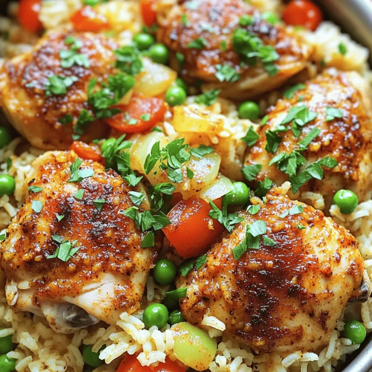 - 1 pound boneless, skinless chicken thighs - 1 tablespoon Cajun seasoning - 2 tablespoons olive oil - 1 medium onion - 1 bell pepper (any color) - 3 cloves garlic - 1 cup long-grain rice - 2 cups chicken broth - 1 can diced tomatoes (14.5 oz) - 1 cup frozen peas - 1 teaspoon smoked paprika - Salt and pepper to taste - Fresh parsley for garnish For this One Pot Cajun Chicken & Rice, each ingredient plays a key role. First, the chicken thighs give the dish a juicy, tender base. I love using boneless, skinless thighs for their rich flavor. The Cajun seasoning adds a spicy kick that really wakes up the dish. Next, the veggies! The onion and bell pepper bring sweetness and texture. I usually go for a bright bell pepper for color. Garlic adds an aromatic touch that fills the kitchen with warmth. The rice is the heart of this meal. Long-grain rice cooks up fluffy and soaks up all the delicious broth. The chicken broth and diced tomatoes create a savory liquid that infuses the rice with flavor. Lastly, we add frozen peas for a pop of color and sweetness. Smoked paprika gives a hint of smokiness. Don’t forget to add salt and pepper to taste. The fresh parsley on top brightens the dish and makes it look stunning. Gather these ingredients, and you'll be well on your way to a flavorful dinner delight! - First, take 1 pound of chicken thighs. Cut them into bite-sized pieces. - In a bowl, coat the chicken with 1 tablespoon of Cajun seasoning. Mix it well so every piece gets covered. - Heat 2 tablespoons of olive oil in a large pot over medium heat. - Add the seasoned chicken. Cook it for about 5 to 7 minutes, turning occasionally. You want it browned on all sides. Once done, set the chicken aside on a plate. - In the same pot, add 1 medium onion, finely chopped. - Next, add 1 diced bell pepper of your choice. Sauté them for about 4 to 5 minutes. Stir often until the onion turns soft and translucent. - Then, add 3 minced garlic cloves. Cook for 1 more minute. This will give your dish a nice flavor. - Now, it's time to add 1 cup of long-grain rice to the pot. Stir it well with the vegetables. - Cook for about 1 minute. This toasts the rice slightly, enhancing its flavor. - Pour in 2 cups of chicken broth and 1 can of diced tomatoes, juices included. Stir everything together and bring it to a boil. - Once boiling, reduce the heat to low. Return the cooked chicken to the pot. - Add 1 cup of frozen peas and 1 teaspoon of smoked paprika. Season with salt and pepper to taste. Stir gently to combine. - Cover the pot with a lid. Let it simmer on low heat for 20 to 25 minutes. This allows the rice to become tender and absorb most of the liquid. - After cooking, remove the lid. Use a fork to fluff the rice gently. - Let it sit for 5 minutes before serving. This resting time helps the flavors meld. - Serve the Cajun Chicken & Rice straight from the pot or in bowls. Garnish with fresh parsley for a bright touch. To make your dish pop, you can adjust the Cajun seasoning. If you like more heat, add a bit more. For a milder flavor, use less seasoning. You can also add lemon juice. Lemon brings a nice brightness to the dish. Just squeeze some on top before serving. Choosing the right type of rice is key. Long-grain rice works best for this recipe. It stays fluffy and does not become sticky. Make sure to stir well during cooking. This helps the rice cook evenly. Keep the heat low once it simmers to avoid burning. For a rustic feel, serve your Cajun Chicken & Rice straight from the pot. This makes for a cozy, family-style meal. You can also use individual bowls for a nice touch. Garnish each bowl with fresh parsley to add color. A slice of lemon on the side makes it look bright and fresh. {{image_4}} You can switch out the chicken for shrimp. Shrimp cooks quickly and adds a sweet taste. Use about 1 pound of shrimp and add them towards the end of cooking. This way, they won’t overcook. Another great option is using smoked sausage. Slice the sausage and cook it with the onions and peppers. This will give your dish a rich, smoky flavor that pairs well with the Cajun spices. Want to add more greens? Spinach or kale works well. Toss in about 2 cups of fresh spinach or chopped kale when you add the rice. They will cook down and blend in nicely. Corn can also be a sweet addition. Add a cup of frozen corn when you add the peas. It will bring a nice, sweet crunch to the dish. If you have kids, you might want to make this dish milder. Use less Cajun seasoning or skip it altogether. You can add some herbs like thyme or parsley for flavor. For those who love heat, add hot sauce. Drizzle some on top before serving or mix it in while cooking. This will give your dish a nice kick! To store leftovers, let the dish cool to room temperature. Place the Cajun chicken and rice in airtight containers. This helps keep the flavors fresh. Use glass or plastic containers that seal well to prevent moisture loss. To freeze the dish, let it cool completely first. Transfer it to freezer-safe containers or bags. Remove as much air as possible before sealing. This helps avoid freezer burn. When ready to eat, thaw overnight in the fridge. Reheat in a pot on low heat, adding a splash of broth if needed. In the fridge, One Pot Cajun Chicken & Rice lasts up to four days. If you freeze it, it can stay good for about three months. Always check for any off smells or changes in texture before eating. It takes about 40 minutes in total. You’ll spend 10 minutes prepping the ingredients. The cooking time is around 30 minutes. This includes browning the chicken and simmering all the flavors together. Yes, you can make this dish ahead of time. Just cook it as directed and let it cool. Store it in an airtight container in the fridge. It will stay fresh for up to three days. Reheat it on the stove or in the microwave before serving. This dish pairs well with a simple salad. You can also serve it with garlic bread. A side of roasted vegetables adds great color and taste. These options enhance your meal and add variety. Yes, this recipe can be gluten-free. Just ensure that the chicken broth and Cajun seasoning are gluten-free. Most brands offer gluten-free options. Always check the labels to be safe. Absolutely! If you like it mild, use less Cajun seasoning. You can also skip the smoked paprika. For more heat, add extra Cajun spice or a dash of hot sauce. Tailor it to your taste for the best experience. This recipe for One Pot Cajun Chicken & Rice combines bold flavors and easy steps. You start by seasoning juicy chicken and cooking it with colorful veggies. Then, you add rice and broth, creating a hearty meal. Remember, you can customize it with your favorite proteins and veggies. This dish is not just tasty; it’s also simple to store and reheat. Enjoy trying different spice levels and garnishes. Now, gather your ingredients and start cooking! You’ll love the results.