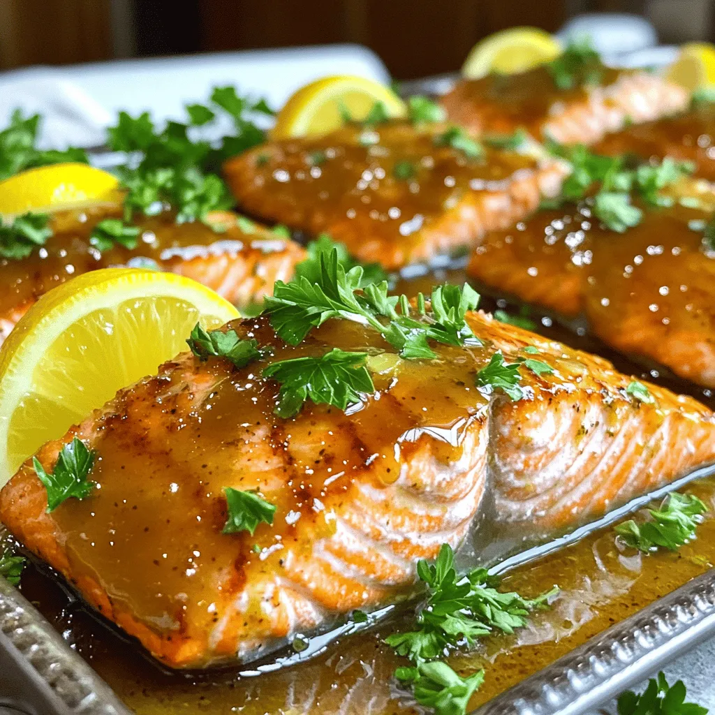 - 4 salmon fillets (6 oz each) Fresh salmon fillets are the star of this dish. Look for fillets with bright color and firm texture. This ensures great flavor and a nice presentation. - 1/4 cup pure maple syrup - 2 tablespoons Dijon mustard - 2 tablespoons low-sodium soy sauce - 1 tablespoon extra virgin olive oil - 2 cloves garlic, finely minced - 1 teaspoon fresh ginger, finely grated - Salt and freshly ground black pepper to taste This glaze is a blend of sweet and savory. The maple syrup gives a rich sweetness. The Dijon mustard adds a nice tang. Soy sauce brings umami, while garlic and ginger add depth. Use fresh ingredients for the best taste. - Lemon wedges - Freshly chopped parsley Garnishes can elevate your dish. Lemon wedges add a bright, zesty kick. Chopped parsley gives a pop of color and freshness. These simple touches make your meal look and taste amazing. Start by preheating your oven to 400°F (200°C). This step is key for even cooking. While the oven heats, line a baking sheet with parchment paper. This helps the salmon not stick and makes cleanup easy. In a small bowl, mix the glaze ingredients. You need: - 1/4 cup pure maple syrup - 2 tablespoons Dijon mustard - 2 tablespoons low-sodium soy sauce - 1 tablespoon extra virgin olive oil - 2 cloves garlic, finely minced - 1 teaspoon fresh ginger, finely grated Whisk everything together until it’s smooth. This glaze gives the salmon a sweet and tangy flavor. Place your salmon fillets skin-side down on the lined baking sheet. Sprinkle each fillet lightly with salt and pepper. This will enhance the taste. Now, take the glaze and brush it generously over the salmon. Make sure each piece is well-coated. Save a bit of glaze for later. Slide the baking sheet into your preheated oven. Bake the salmon for 12-15 minutes. It’s done when it flakes easily with a fork and the glaze is bubbly and caramelized. Keep an eye on it to avoid overcooking. In the last two minutes of baking, pull the salmon out briefly. Brush on the reserved glaze for extra flavor. This step really brings out the taste and makes it shiny. Once baked, take the salmon out of the oven. Let it rest for a couple of minutes. This helps keep the fish moist and lets the flavors mix well. Serve the salmon on plates with lemon wedges and a sprinkle of fresh parsley. The lemon adds a zesty touch, while the parsley makes it look great. Enjoy your delicious maple Dijon glazed salmon! When choosing salmon, look for bright color. Fresh salmon should have a deep hue. It should smell like the ocean, not fishy. The flesh should be firm to the touch. Avoid any fillets with brown spots or dry edges. If you can, buy salmon from a trusted source. Wild-caught salmon often has better flavor and quality than farmed. To make a thick glaze, mix all wet ingredients well. Combine maple syrup, Dijon mustard, soy sauce, olive oil, garlic, and ginger in a bowl. Whisk until smooth. If your glaze feels too runny, add more mustard for thickness. You want it to cling to the salmon without dripping off. Brush it on the fillets evenly for the best taste. Cooking time can change based on the thickness of your fillets. For salmon that is about 1 inch thick, bake for 12-15 minutes. Thinner fillets may need only 10 minutes. For thicker cuts, check at 15-20 minutes. The salmon is ready when it flakes easily with a fork. Always keep an eye on it to avoid overcooking. {{image_4}} You can add herbs to your glaze for extra flavor. Try mixing in fresh dill, thyme, or parsley. These herbs pair well with salmon. Chop them finely and stir into the glaze before applying it. This twist brings a garden-fresh taste to each bite, making your meal even more delightful. Grilling gives salmon a smoky flavor that is hard to beat. To make a grilled version, follow the same steps for the glaze. Preheat your grill to medium heat. Brush the glaze on your salmon fillets and place them directly on the grill. Cook for about 5-7 minutes per side. Keep an eye on them so they don't overcook. The grill adds a nice char and deepens the maple flavor. Choosing the right sides can turn this meal into a feast. Here are some great options: - Roasted Vegetables: Carrots, zucchini, or bell peppers add color and nutrients. - Quinoa Salad: A light salad with herbs and lemon complements the salmon well. - Steamed Asparagus: This green veggie adds a fresh crunch. - Garlic Mashed Potatoes: Creamy potatoes are always a crowd-pleaser. These sides balance the rich taste of the maple Dijon salmon and create a complete meal. After you enjoy your maple Dijon glazed salmon, you might have leftovers. Store the salmon in an airtight container. Place it in the fridge right away. It will stay fresh for up to three days. Be sure to keep the glaze separate if you can. This helps maintain the flavor and texture of the fish. When you want to reheat your salmon, do it gently. A microwave can dry it out. Instead, use the oven. Preheat it to 275°F (135°C). Place the salmon on a baking sheet. Cover it with foil to keep moisture in. Heat for about 15 minutes, or until warm. This method keeps the salmon tender and juicy. If you want to save your salmon for later, freezing is a great option. Wrap each fillet tightly in plastic wrap. Then, put them in a freezer bag. Make sure to remove as much air as possible. Label the bag with the date. You can freeze them for up to three months. When ready to eat, thaw it in the fridge overnight. This helps keep the flavor intact. Yes, you can use other mustards. Try yellow mustard for a milder taste. Honey mustard adds sweetness. Spicy brown mustard brings heat. Each choice changes the flavor a bit. Keep in mind the balance of sweet and tangy. You can tell when salmon is done by checking its color. The flesh should turn opaque and easily flake. Use a fork to test if it breaks apart. The internal temperature should reach 145°F (63°C). If you don’t have a thermometer, look for a firm texture. Yes, making the glaze ahead is easy. Simply mix the ingredients and store them in the fridge. Use it within three days for best flavor. Just remember to give it a good stir before using. Many side dishes pair well with salmon. Here are some great options: - Steamed broccoli - Roasted Brussels sprouts - Quinoa salad - Garlic mashed cauliflower - Mixed green salad with vinaigrette These sides add color and nutrients to your meal. They balance the rich flavor of the salmon. This blog post covered the key steps to make delicious Maple Dijon Salmon. I shared the right ingredients, detailed instructions, and helpful tips. You learned about variations and storage for leftovers. By following this guide, you can create a tasty meal that impresses everyone. Cooking doesn’t have to be hard—just use fresh ingredients and enjoy. Try different flavors to make it your own. Get cooking and enjoy your Maple Dijon Salmon today!