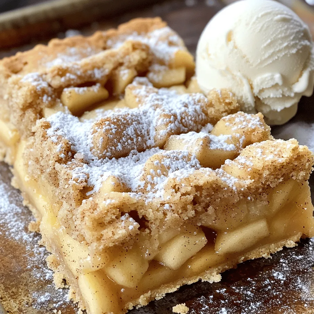 - 2 cups all-purpose flour - 1/2 cup packed brown sugar - 1/2 cup granulated sugar - 1/2 cup unsalted butter, melted - 1 teaspoon baking powder - 1/2 teaspoon baking soda - 1/4 teaspoon salt - 1 large egg - 2 teaspoons vanilla extract - 3 medium-sized apples, peeled, cored, and diced (approximately 3 cups) - 1 tablespoon lemon juice - 1 tablespoon ground cinnamon - 1 tablespoon cornstarch When measuring flour, spoon it into a cup and level it off. This method keeps your bars from becoming dry. For brown sugar, pack it tightly in the cup. This ensures a sweet and moist texture. Use a kitchen scale for more accuracy if you have one. You can swap all-purpose flour with a gluten-free blend if needed. For a different flavor, use light brown sugar instead of dark. Apples can be replaced with pears or peaches for a fresh twist. If you want a dairy-free option, use coconut oil in place of butter. Start by gathering all your ingredients. You will need basic items like flour, sugars, butter, and apples. Preheat your oven to 350°F (175°C). You can use a 9x9-inch baking pan for these bars. Grease it lightly or line it with parchment paper. This helps in removing the bars easily later. In a medium bowl, mix together the flour, brown sugar, granulated sugar, baking powder, baking soda, and salt. Stir until everything is well combined. Next, add the melted butter, egg, and vanilla to the dry mix. Stir until you see a soft dough. It should not have any dry flour spots. Take about two-thirds of the dough and press it into the bottom of your pan. This creates a nice base for your apple filling. In another bowl, mix the diced apples with lemon juice, cinnamon, and cornstarch. Toss well so each apple piece is coated. Spread the apple mixture evenly over the dough in the pan. Crumble the rest of the dough on top of the apples. This gives a rustic look and lets some apples peek through. Bake the pan in your preheated oven for 25-30 minutes. Look for a golden-brown top and tender apples. Once your bars are baked, let them cool in the pan for about 15 minutes. Use the parchment paper to lift the bars out of the pan. This makes cutting much easier. Slice them into squares. For a special touch, you can dust them with powdered sugar before serving. Enjoy these warm or at room temperature! To make the best dough, mix your dry ingredients first. This helps blend the flavors. When you add melted butter, mix until it forms a soft dough. If your dough feels too sticky, add a little flour. If it’s too dry, add a splash of water. This balance is key to a chewy texture. To achieve even baking, spread the dough evenly in the pan. Press it down firmly to create a solid base. Keep an eye on the oven. Rotate the pan halfway through baking for even heat. Check the bars a bit early; you want a golden top, not a burnt one. These bars shine when served warm. Dust with powdered sugar for a sweet touch. You can add whipped cream or vanilla ice cream for richness. For a fun twist, drizzle caramel sauce over each piece. These simple steps make your dessert even more delightful! {{image_4}} You can swap apples with other fruits. Try pears for a sweet twist. Peaches add a juicy flair. Cherries bring a tart kick. Berries mix well and brighten the flavor. Each fruit changes the pie bars' taste and texture. To make these bars gluten-free, use a gluten-free flour blend. Look for one that measures cup-for-cup like regular flour. The result will be just as tasty without the gluten. This way, many can enjoy these treats. Enhance the flavor by adding nuts. Chopped walnuts or pecans give crunch. You can also mix in a pinch of nutmeg for warmth. A splash of maple syrup boosts sweetness. Experiment with these ideas to find your favorite! To keep your Brown Sugar Cinnamon Apple Pie Bars fresh, store them in an airtight container. Place parchment paper between layers to prevent sticking. They will last up to 3 days at room temperature. If you want them to last longer, store them in the fridge. They can stay fresh for about a week in the fridge. You can freeze these bars for later enjoyment. First, let them cool completely. Then, wrap each bar tightly in plastic wrap and place them in a freezer bag. Make sure to remove as much air as possible. These bars can be frozen for up to three months. When you’re ready to eat them, just thaw in the fridge overnight. To reheat your bars, preheat your oven to 350°F (175°C). Place the bars on a baking sheet and cover them with foil. Heat for about 10-15 minutes. This will help restore their soft texture. You can also microwave them for about 15-20 seconds. Enjoy them warm with a scoop of ice cream or a dollop of whipped cream! Yes, you can use other apples. I like Granny Smith for tartness. Honeycrisp adds sweetness. You can mix varieties for a great taste. Make sure to peel and core them first. Dice them into small pieces for even cooking. To make these bars vegan, swap the egg for flaxseed meal. Mix 1 tablespoon of flaxseed meal with 2.5 tablespoons of water. Let it sit for 5 minutes to thicken. Use vegan butter instead of regular butter. This keeps the rich flavor while making it plant-based. To reheat leftovers, use an oven at 350°F. Place the bars on a baking sheet. Cover them with foil to prevent drying out. Heat for about 10-15 minutes. You can also use a microwave. Heat each bar for 20-30 seconds. Enjoy warm for the best taste! This blog post covered how to create delicious baked goods from scratch. We discussed the key ingredients, their measurements, and substitutions. You learned step-by-step instructions for preparation and baking. Tips and tricks helped you perfect dough texture and even baking. We explored variations for flavors and dietary needs, plus how to store and reheat leftovers. Now you can confidently make these treats and share them with others. Enjoy your baking journey!