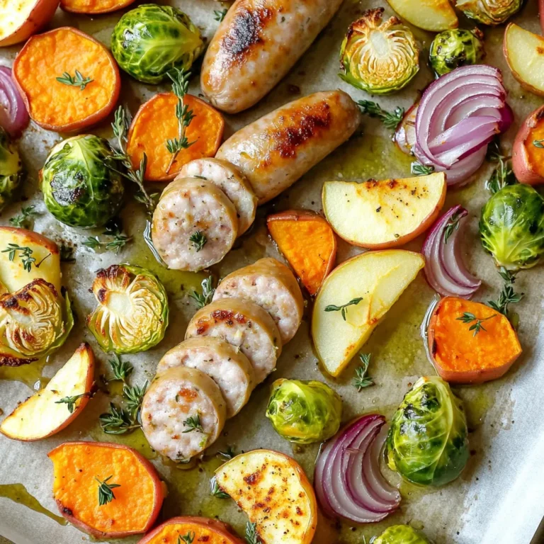 - 1 pound Italian chicken sausage, sliced into 1-inch pieces - 2 cups Brussels sprouts, trimmed and halved - 2 medium sweet potatoes, peeled and diced into 1-inch cubes - 1 red onion, cut into wedges - 1 crisp apple, cored and sliced into thin wedges - 4 cloves garlic, minced - 3 tablespoons extra-virgin olive oil - 1 teaspoon dried thyme - 1 teaspoon smoked paprika - Salt and freshly ground black pepper, to taste - Fresh parsley, finely chopped Gather these ingredients before you start. Using fresh produce makes a big difference in taste. Choose a good quality sausage for the best flavor. Sweet potatoes add warmth, while Brussels sprouts add crunch. A crisp apple provides a nice sweet touch. Don't skip the garlic; it brings everything together with its rich aroma. Using extra-virgin olive oil helps the veggies roast perfectly. The thyme and smoked paprika give depth to the dish. Salt and pepper are key to enhance the flavors. Finally, fresh parsley adds color and a refreshing finish. Enjoy the process of preparing these ingredients; it sets the stage for a delightful meal! - Preheat the oven to 425°F (220°C). A hot oven helps the food cook well. - Gather your ingredients: slice the sausage, halve the Brussels sprouts, dice the sweet potatoes, cut the onion, and slice the apple. Don’t forget to mince the garlic! - In a large bowl, combine the sausage, Brussels sprouts, sweet potatoes, onion, apple, and garlic. - Drizzle olive oil over the mixture. Add thyme, smoked paprika, salt, and pepper. Use your hands to mix everything well. Make sure every piece gets coated. - Line a baking sheet with parchment paper. Spread the sausage and veggies evenly on the sheet. This helps them roast nicely. - Roast in the oven for 25-30 minutes. Halfway through, stir the mixture for even cooking. The dish is ready when the sausage is cooked and the veggies are tender and caramelized. - Swap sausage types: Feel free to try different sausages. Turkey sausage works well for a lighter dish. Chorizo adds a spicy kick. - Incorporate different vegetables: Use seasonal veggies like carrots or parsnips instead of sweet potatoes. Squash can add a nice sweetness, too. - Avoid overcrowding the pan: Spread your sausage and veggies in one even layer. Overcrowding leads to steaming instead of roasting. This affects the texture and flavor. - How to know when it’s done: Check that the sausage is no longer pink and the veggies are tender. They should have a nice golden-brown color. - Rustic serving style: Serve directly from the sheet pan. This keeps it casual and fun. You can let everyone dig in. - Pairing with sides or sauces: A simple green salad pairs well. A drizzle of balsamic glaze adds a nice touch. Enjoy the meal with crusty bread to soak up the juices. {{image_4}} You can change the veggies based on the season. In winter, try root vegetables like carrots and parsnips. Their sweetness pairs well with the sausage. In spring, use fresh greens like asparagus or snap peas. They add color and crunch to your dish. Want more flavor? Add a pinch of chili flakes for some heat. This gives the dish a nice kick. You can also swap dried herbs for fresh ones. Fresh thyme or rosemary will make your meal pop with flavor. If you want a lighter option, use turkey sausage. It has great flavor and is leaner. For a plant-based dish, try using vegan sausage. It cooks well and still gives you that hearty feel. To store leftovers, let the dish cool first. Place it in an airtight container. This keeps the flavors fresh. You can store it in the fridge for up to three days. The best container types are glass or BPA-free plastic. These materials help maintain taste and texture. You can reheat in the oven or microwave. The oven gives a better texture. Preheat it to 350°F (175°C). Spread the food on a baking sheet. Heat for about 10-15 minutes until warm. If using a microwave, place food in a microwave-safe dish. Cover it with a lid or wrap. Heat in short bursts, stirring in between. This helps prevent hot spots. Yes, this dish is great for freezing. Allow it to cool completely. Place portions in freezer bags or containers. Remove as much air as possible. This helps prevent freezer burn. For thawing, move it to the fridge overnight. Reheat it in the oven or microwave as mentioned. Enjoy your meal just as delicious as the first time! The total cooking duration for this dish is about 40 minutes. This includes 15 minutes for prep and 25-30 minutes for roasting. Preheating the oven to 425°F (220°C) ensures even cooking. I recommend checking the mixture halfway through to stir, which helps everything cook nicely. Yes, you can use other vegetables! Some great substitutes include carrots, parsnips, or butternut squash. Feel free to mix and match based on what you have. Just keep in mind that cook times may vary. Thicker veggies may need more time, while softer ones cook faster. This dish is quite healthy! It features lean Italian chicken sausage and a variety of colorful veggies. Sweet potatoes add fiber and vitamins, while Brussels sprouts are packed with nutrients. Each serving offers protein, healthy fats from olive oil, and lots of vitamins. Enjoy this meal guilt-free, knowing it's nutritious and tasty! This post shared a simple yet tasty recipe with chicken sausage, veggies, and spices. You learned how to prepare, mix, and roast these ingredients for a delicious meal. Remember the tips for variations and storage to keep it fresh. Cooking can be flexible, so try your own ideas! You can enjoy this dish any season by swapping ingredients. Now, gather your ingredients and enjoy a healthy, homemade dish that brings comfort and flavor to your table.