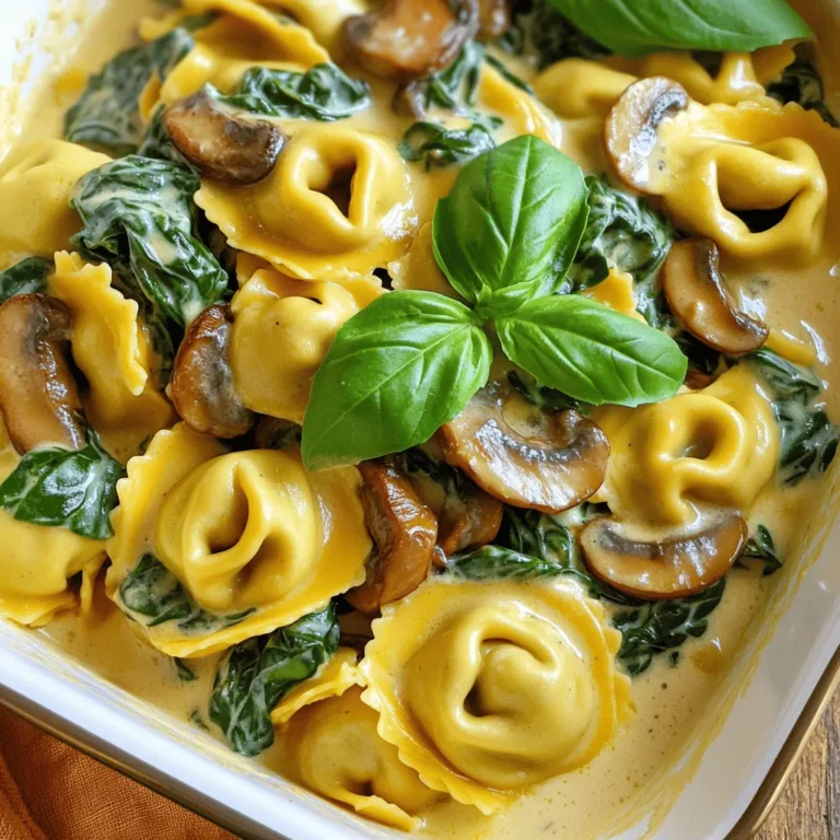 - 12 ounces cheese tortellini - 2 tablespoons olive oil - 1 medium onion, finely chopped - 3 cloves garlic, minced - 8 ounces mushrooms, sliced (cremini or button) - 5 cups fresh spinach, roughly chopped - 1 cup heavy cream - 1/2 cup grated Parmesan cheese The main ingredients bring flavor and texture. The cheese tortellini acts as the heart of this dish. I love using fresh tortellini for the best taste. The olive oil helps sauté the onions and mushrooms, adding depth. Onions give sweetness, while garlic adds a nice punch. Mushrooms provide an earthy flavor that pairs perfectly. Fresh spinach adds color and nutrition. Heavy cream makes the sauce rich and smooth. Finally, Parmesan cheese brings a salty kick to balance the dish. - Salt and pepper - 1/4 teaspoon nutmeg Seasoning is crucial for a tasty dish. Salt and pepper enhance all the flavors. Nutmeg adds warmth and rounds out the creaminess. Use fresh ground pepper for a stronger taste. Adjust these to your liking for the best result. - Fresh basil Fresh basil is an optional garnish that adds freshness. It makes the dish look beautiful too. Just sprinkle some on top before serving for that perfect touch. - First, bring a large pot of salted water to a boil. - Once boiling, add 12 ounces of cheese tortellini. - Cook according to package instructions until al dente. - Drain the tortellini in a colander. Set aside, keeping a bit of pasta water. - In a large skillet, heat 2 tablespoons of olive oil over medium heat. - Add 1 medium onion, finely chopped. Sauté for 3-4 minutes until translucent. - Next, add 3 cloves of minced garlic and 8 ounces of sliced mushrooms. - Sauté for 5-7 minutes until the mushrooms soften and turn golden. - Then, stir in 5 cups of roughly chopped spinach. Cook for 2-3 minutes until wilted. - Slowly pour in 1 cup of heavy cream and stir to combine. - Bring the mixture to a gentle simmer. Add 1/2 cup of grated Parmesan cheese. - Season with salt, pepper, and 1/4 teaspoon of nutmeg. - Mix until the cheese fully melts and the sauce is creamy. - Carefully add the drained tortellini and toss gently to coat. - Heat everything through for 2-3 minutes. Add reserved pasta water if needed. - Taste and adjust seasoning as necessary before serving. - Plate warm and garnish with fresh basil if desired. - To get the perfect al dente texture, boil the tortellini until just tender. This usually takes about 2-3 minutes less than the package says. - If your sauce is too thick, add a splash of the reserved pasta water. This will help loosen it up without losing creaminess. - Try adding a pinch of red pepper flakes for a bit of heat. Fresh thyme or oregano also works well to boost flavor. - If you want a twist on the classic flavor, swap the Parmesan with a sharp cheese like Pecorino Romano. This adds a nice zing. - Serve the tortellini in shallow bowls to highlight the creamy sauce. A sprinkle of extra cheese on top adds an inviting touch. - Pair this dish with a crisp green salad or crusty bread. They balance the creaminess and add texture. {{image_4}} You can make your creamy spinach mushroom tortellini even heartier by adding protein. Here are two great options: - Chicken: Cook diced chicken breast in the skillet before adding the onions. This adds a nice savory touch and pairs well with the creamy sauce. - Shrimp: For a seafood twist, add shrimp to the skillet. Cook them until pink and firm before mixing in the spinach. They add a lovely flavor and texture. If you want to keep it meat-free, there are many tasty vegetarian options: - Other vegetables to include: Try adding bell peppers, zucchini, or sun-dried tomatoes. They add color and enhance the dish's flavor. - Vegan options: Swap the heavy cream for coconut milk or cashew cream. Use nutritional yeast in place of Parmesan for a cheesy taste while keeping it plant-based. Switching up the sauce can give this dish a whole new vibe: - Creamy pesto variation: Stir in some store-bought or homemade pesto into the cream. This adds a fresh, herby flavor that’s simply delightful. - Tomato-based options: For a lighter sauce, use crushed tomatoes or marinara. This gives a tangy twist and pairs nicely with the spinach and mushrooms. To keep your creamy spinach mushroom tortellini fresh, use airtight containers. Glass containers work best, as they do not retain odors. Cool the dish before sealing it. This method helps keep the tortellini creamy and tasty. Store in the fridge for up to three days. When reheating, aim for low heat. Use a skillet for the best results. Add a splash of cream or reserved pasta water. This helps maintain creaminess. Stir often to prevent sticking. Heat just until warm. Avoid boiling, as this can change the texture. To freeze, let the dish cool completely. Use freezer-safe containers or bags. Portioning helps when you want a quick meal. Remove as much air as possible to prevent freezer burn. To defrost, place in the fridge overnight. Reheat gently on the stove with a bit of cream. This will help restore its creamy goodness. Yes, you can use frozen tortellini. Just remember that the cooking time will change. - Tips for cooking frozen versus fresh: - Boil the water first, then add frozen tortellini. - Cook for about 3-5 minutes longer than fresh. - Check the package for specific cooking times. You can use several options if you want to skip heavy cream. - Non-dairy options and effects on texture: - Coconut milk gives a creamy texture. - Almond milk is lighter and less thick. - Cashew cream adds richness but may alter the flavor. Making this dish gluten-free is easy. - Gluten-free tortellini options: - Look for brands that offer gluten-free tortellini. - You can also use gluten-free pasta shapes like penne or shells. - Check labels to ensure they meet your dietary needs. In this blog post, we explored a tasty cheese tortellini dish made with fresh ingredients. You learned how to cook the tortellini, sauté vegetables, and create a rich sauce. We discussed tips for flavor and presentation, plus variations to suit your taste and diet. Enjoy crafting this hearty meal that brings comfort and joy. Feel free to experiment with the ingredients and make it your own!