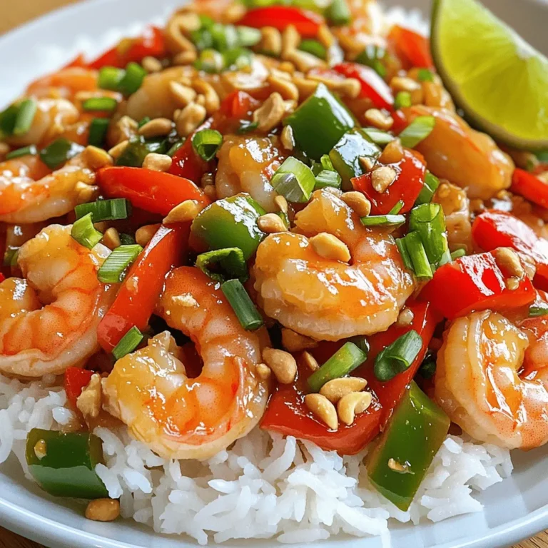 For this dish, you need a few key items to make it shine: - 1 pound large shrimp, peeled and deveined - 1 tablespoon cornstarch - 2 tablespoons sesame oil, divided - 1 red bell pepper, diced - 1 green bell pepper, diced - 1/2 cup unsalted roasted peanuts - 3 green onions, sliced thinly - 3 cloves garlic, minced - 1-inch piece fresh ginger, minced - 2 tablespoons soy sauce - 1 tablespoon rice vinegar - 1 tablespoon hoisin sauce - 1 tablespoon chili paste - Salt and freshly ground black pepper to taste - Cooked white rice or quinoa for serving These ingredients work together to create a crunchy, flavorful dish. The shrimp provide protein, while the peppers add color and crunch. Peanuts give a nice texture and taste. You can make this dish your own. Consider adding: - Broccoli florets for extra greens - Sliced carrots for sweetness - Snap peas for a fresh crunch - Water chestnuts for a unique texture These options can help you tailor the dish to your taste. Feel free to mix and match! If you're missing an ingredient, don't worry. Here are some swaps: - Use chicken or tofu instead of shrimp for a different protein. - Swap sesame oil for vegetable oil if needed. - Tamari can replace soy sauce for a gluten-free option. - Use apple cider vinegar instead of rice vinegar for a tangy twist. These substitutes help keep the dish accessible. You can still enjoy a great meal even if you don’t have every item on hand. Start by getting your shrimp ready. In a medium bowl, add 1 pound of large shrimp. Sprinkle 1 tablespoon of cornstarch over the shrimp. Toss the shrimp gently until they are lightly coated. This will help them get a nice, crispy texture when you cook them. Next, heat a large skillet or wok on medium-high heat. Pour in 1 tablespoon of sesame oil. Once the oil is hot, add the shrimp in a single layer. Cook for about 2-3 minutes, stirring often. You want them to turn pink and opaque. After that, take the shrimp out and set them aside on a plate. In the same skillet, add the remaining tablespoon of sesame oil. Toss in 3 cloves of minced garlic and 1 inch of minced ginger. Sauté for about 30 seconds until you smell the aroma. Be careful not to burn them. Add 1 diced red bell pepper and 1 diced green bell pepper next. Stir-fry these for about 3-4 minutes until they are tender, but still have a bit of crunch. Now, mix in the white parts of 3 sliced green onions. Pour in 2 tablespoons of soy sauce, 1 tablespoon of rice vinegar, 1 tablespoon of hoisin sauce, and 1 tablespoon of chili paste. Let this cook for another minute, stirring to mix all the flavors well. Finally, return the cooked shrimp to the skillet. Add ½ cup of unsalted roasted peanuts as well. Gently toss everything together until the shrimp and peanuts are coated with the sauce and heated through. Season with salt and freshly ground black pepper to taste. To serve, spoon the Kung Pao Shrimp over a bed of cooked white rice or quinoa. For a nice touch, garnish with the green parts of the green onions. Enjoy your colorful and tasty dish! To get the best texture for your Kung Pao shrimp, start with cornstarch. Coat the shrimp lightly with it before cooking. This helps make them crispy. When you cook, use high heat and don’t overcrowd the pan. This keeps the shrimp from steaming. Cook them just until they turn pink and opaque. This usually takes about 2-3 minutes. Spice level is key to making this dish your own. The chili paste in the recipe gives it a nice kick. If you like it hotter, add more chili paste. If you prefer less heat, start with half a tablespoon. Taste as you go. You can always add more, but it’s hard to take spice away once it’s in the dish. Presentation makes a big difference in how the dish feels. Serve the Kung Pao shrimp in a nice bowl. Sprinkle extra roasted peanuts on top for crunch. Use the green parts of the green onions for a splash of color. Adding a lime wedge on the side is great too. It gives guests a chance to add a zesty touch before they dig in! {{image_4}} You can easily make Kung Pao Shrimp vegan. Simply swap the shrimp for tofu or tempeh. Use extra-firm tofu for the best texture. Cut it into cubes and follow the same steps as the shrimp. Coat it in cornstarch for a crispy finish. It will soak up the sauce, giving you great flavor. Feel free to add more veggies to your dish. Zucchini, carrots, and snap peas work well. Chop them into small pieces and stir-fry them with the bell peppers. This adds color and nutrients. You could also try adding broccoli or mushrooms. These variations will keep your dish fresh and exciting. If you want to switch up the protein, chicken or beef are great choices. Cut them into small pieces and cook them like the shrimp. You can also use seitan for a plant-based option that mimics meat. Each protein brings its own flavor and texture. Experiment with what you like best! To keep your Kung Pao Shrimp fresh, place it in an airtight container. Make sure it cools down before sealing. Store it in the fridge for up to three days. This method helps keep the shrimp and veggies crisp and tasty. If you want to save it longer, consider freezing. When you're ready to enjoy the leftovers, use the stovetop for best results. Heat a skillet over medium heat. Add a splash of water or a bit of oil to keep it moist. Stir the Kung Pao Shrimp for about five minutes. This will warm it through and help retain its flavor and texture. To freeze Kung Pao Shrimp, place it in a freezer-safe container or bag. Remove as much air as possible before sealing. It will last for up to three months in the freezer. When you're ready to eat, take it out and thaw it in the fridge overnight. Reheat as mentioned above for a delicious meal. You can keep Kung Pao Shrimp in the fridge for up to three days. Store it in an airtight container to keep it fresh. The shrimp may lose some crunch, but the flavors will stay good. Just reheat it on the stove or in the microwave before serving. Yes, you can make Kung Pao Shrimp without peanuts. If you have nut allergies or dislike peanuts, try using cashews or sunflower seeds instead. You can also skip the nuts entirely for a lighter dish. The recipe will still taste great. Serve Kung Pao Shrimp over cooked white rice or quinoa for a filling meal. You can also pair it with steamed broccoli or sautéed bok choy for added greens. For a fun twist, try serving it with fried rice or noodles. This adds a nice texture and flavor contrast. In this blog post, we explored how to make Kung Pao Shrimp. You learned about key and optional ingredients, plus substitutions. We broke down the cooking steps, so you can follow along easily. I shared tips for perfecting texture, adjusting spice, and serving. We also covered variations, storage, and frequently asked questions. Kung Pao Shrimp is versatile and fun to make. Now you can customize it to your taste. Enjoy trying new ideas in your kitchen!