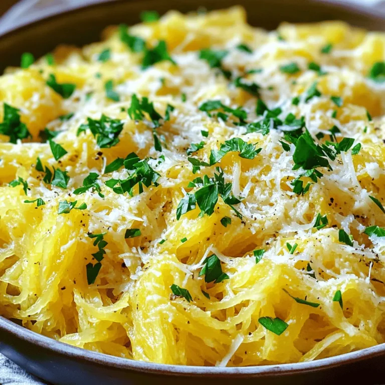 - 1 medium spaghetti squash - 3 tablespoons extra virgin olive oil - 4 cloves garlic, finely minced - 1 cup heavy cream - 1 cup freshly grated Parmesan cheese - 1 teaspoon sea salt - ½ teaspoon freshly ground black pepper - 1 teaspoon dried Italian seasoning - ¼ cup fresh parsley, finely chopped (for garnish) To make Creamy Garlic Parmesan Spaghetti Squash Delight, you need fresh ingredients. Start with a medium spaghetti squash. This squash is the star of the dish. It gives you those fun, noodle-like strands. Next, grab olive oil. It helps the squash roast nicely and adds flavor. You'll need garlic, too. Fresh garlic adds a bold taste that makes the sauce shine. Heavy cream is important for that rich, creamy texture. Parmesan cheese is key, too; its salty flavor brings the dish together. Don't forget the seasonings! Sea salt and black pepper enhance all the other flavors. Italian seasoning gives it a nice herbal touch. Finally, fresh parsley adds a burst of color and freshness when you serve the dish. Gather these ingredients before you begin. Having everything ready makes cooking easier and more fun. Enjoy preparing your delightful meal! - Preheat your oven to 400°F (200°C). - Carefully slice the spaghetti squash in half lengthwise. Use a sharp knife for this. - Scoop out the seeds and stringy centers with a spoon. This makes room for the flavor. - Drizzle 1 tablespoon of olive oil into each hollowed squash half. - Season with sea salt and black pepper. This adds great taste. - Place the squash cut-side down on a parchment-lined baking sheet. - Roast in the oven for 30-35 minutes. Check for tenderness with a fork. - While the squash roasts, heat 2 tablespoons of olive oil in a large skillet. - Add the minced garlic and sauté for 1-2 minutes. Stir constantly to avoid browning. - Pour in the heavy cream and stir well. Let it simmer gently. - Gradually whisk in the Parmesan cheese. Stir until the sauce is smooth and creamy. - Season with Italian seasoning, salt, and black pepper. For heat, add red pepper flakes. - Once the squash is done, remove it from the oven and cool slightly. - Use a fork to scrape the insides, creating spaghetti-like strands. - In a large mixing bowl, combine the strands with the creamy sauce. Stir gently. - Serve immediately, garnished with fresh chopped parsley for a nice touch. - Timing tips: Roast your spaghetti squash for 30-35 minutes at 400°F (200°C). Start checking at 30 minutes. - Checking for tenderness: Use a fork to test. The flesh should feel soft and easy to scrape. - Achieving the perfect creaminess: To make the sauce creamy, add heavy cream slowly. Stir often to blend in the cheese well. - Adjusting flavor to taste: Taste the sauce as you mix. Don’t forget to add salt and pepper to enhance the flavor. - Ideal pairings: This dish pairs well with a side salad or crusty bread. The freshness complements the creamy sauce. - Adding protein options: For extra protein, try adding cooked chicken, shrimp, or sautéed mushrooms. Each adds a new layer of taste. {{image_4}} You can make this dish fit your dietary needs. For a vegetarian option, swap heavy cream with coconut milk. This keeps it rich and creamy. Use vegan Parmesan cheese to keep it plant-based. You can also add veggies like spinach, mushrooms, or bell peppers. These add color and flavor to your meal. Want to change the taste? Use different cheeses like mozzarella or feta. Each cheese brings a unique flavor. Adding spices like red pepper flakes gives it a kick. Fresh herbs like basil or thyme can brighten the dish. Experiment and find your perfect mix! This dish is flexible and fun! For single servings, use small squash halves. It makes a great personal meal. You can also serve it as a side dish. Pair it with grilled chicken or fish for a complete meal. Enjoy the creamy goodness any way you choose! To store leftovers, let the dish cool first. Place the spaghetti squash and sauce in an airtight container. Keep the container in the fridge. This will keep it fresh for up to three days. You can freeze this tasty dish for later use. First, let it cool completely. Next, place the spaghetti squash and sauce in a freezer-safe container. It will stay good for about two months. For reheating, thaw it overnight in the fridge. Then, warm it up in a skillet over low heat. Stir often to heat it evenly. For the best taste, eat the dish within three days when stored in the fridge. If frozen, use within two months for the best texture and flavor. Always check for any signs of spoilage before eating. Yes, you can use regular pasta. However, it changes the dish. Spaghetti squash is low-carb and adds a unique texture. If you're looking for a healthier option, stick with squash. Check the squash after 30-35 minutes of roasting. The flesh should feel soft when you press it. You can also scrape it with a fork. If it easily forms strands, it's ready. Absolutely! You can add cooked chicken, shrimp, or even sausage. Sauté the meat with garlic for extra flavor. Just mix it into the creamy sauce before serving. Yes, this recipe is gluten-free. Spaghetti squash is a great alternative to pasta. You can enjoy this dish without worries about gluten. To spice up the sauce, add red pepper flakes. Start with a pinch and taste. You can always add more to reach your desired heat level. Enjoy experimenting! You can create a delicious spaghetti squash dish with simple steps. We covered all the key ingredients, including garlic and Parmesan cheese. You learned how to prepare, roast, and mix the squash with a creamy sauce. Remember to check for doneness and adjust flavors as you like. Don't forget the tips for storage and variations. This dish allows for endless creativity, whether you want it vegetarian or spicy. Enjoy your cooking and share your tasty results!