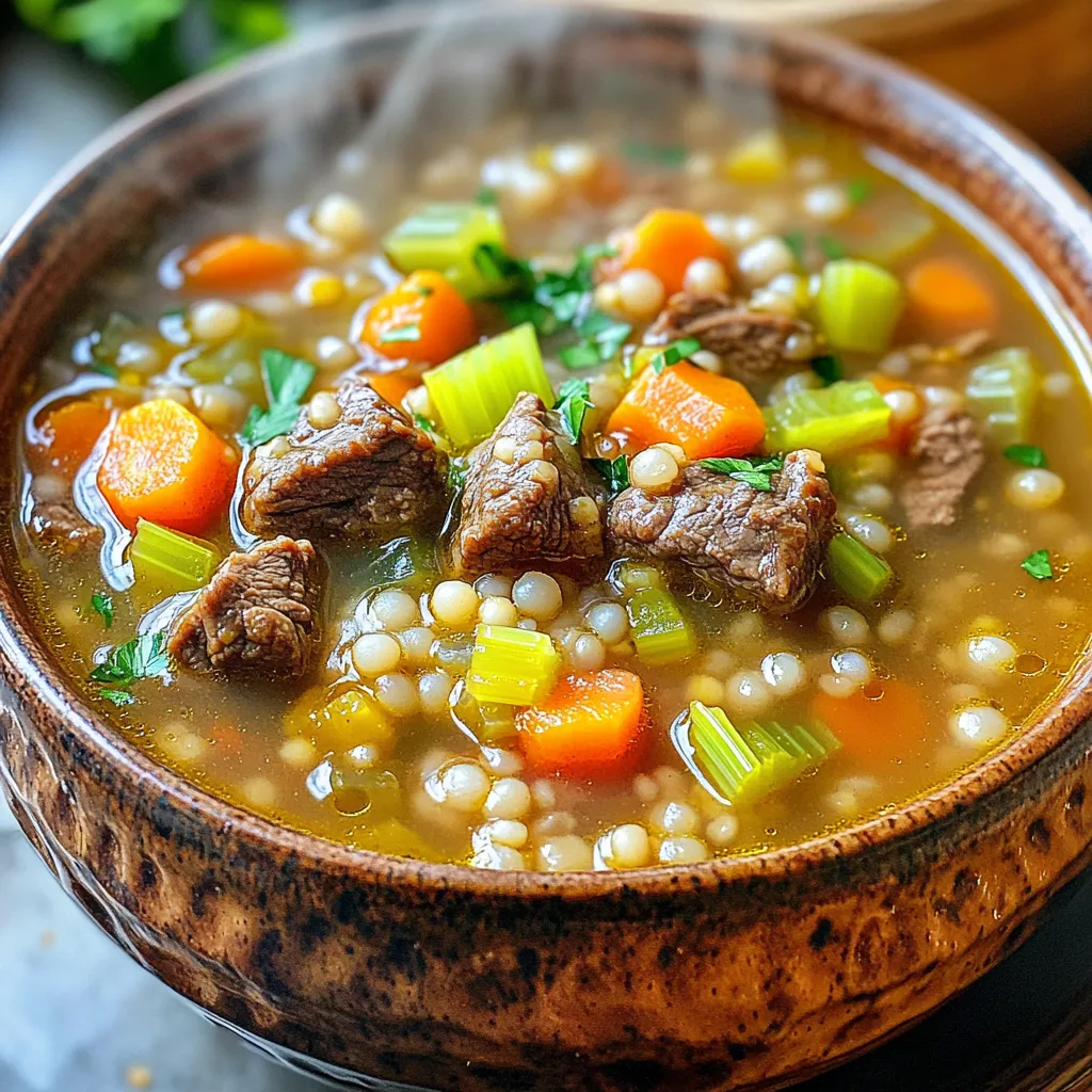 - 1 pound beef chuck roast, cut into 1-inch cubes - 1 cup pearl barley, thoroughly rinsed - 4 cups low-sodium beef broth - 2 cups water - 1 medium onion, finely chopped - 3 large carrots, diced - 2 celery stalks, diced - 3 cloves garlic, minced - 1 teaspoon dried thyme - 1 teaspoon dried rosemary - 2 bay leaves - Salt and freshly ground black pepper to taste - 1 cup frozen peas - Chopped fresh parsley for garnish In this recipe, I use beef chuck roast. It’s tender and full of flavor. The pearl barley adds a nice chewy texture to the soup. I choose low-sodium beef broth to control the salt level. The water helps balance the broth and keeps it light. For vegetables, I use onion, carrots, and celery. They provide a base of taste. Garlic adds a strong, rich flavor. I love using thyme and rosemary for their earthy aroma. Bay leaves give a deep flavor that makes the soup special. I always taste and adjust the salt and pepper for the best flavor. Frozen peas are optional but add a pop of color and sweetness. I like to garnish with fresh parsley. It brightens up the dish and adds a fresh taste. Each ingredient plays a role, making this soup both hearty and comforting. Start by heating 2 tablespoons of olive oil in a large skillet over medium-high heat. Once the oil is hot, add 1 pound of beef chuck roast, cut into 1-inch cubes. Sear the beef in a single layer, turning occasionally for about 5 to 7 minutes. This browning step builds a deep flavor in the meat. When the beef is nicely browned on all sides, carefully transfer it to the slow cooker. Now, it’s time to add more flavor. Add 1 medium onion, finely chopped, 3 large carrots, diced, and 2 diced celery stalks into the slow cooker with the beef. Don't forget the 3 cloves of minced garlic! These veggies bring sweetness and depth to the soup. Next, stir in 1 cup of pearl barley that you rinsed thoroughly. Then, pour in 4 cups of low-sodium beef broth and 2 cups of water. Add 1 teaspoon each of dried thyme and dried rosemary, along with 2 bay leaves. Finally, season with salt and freshly ground black pepper to taste. Cover the slow cooker with its lid. Set it to cook on low for 6 to 8 hours or on high for 3 to 4 hours. The goal is for the beef to become tender and for the barley to cook fully. About 30 minutes before serving, you can stir in 1 cup of frozen peas if you like. This adds a nice pop of color! Once it's done, don't forget to remove the bay leaves. Taste the soup and adjust the seasoning with salt and pepper as needed. Ladle the soup into bowls and garnish with chopped fresh parsley for a burst of freshness! Searing the beef is key. This step adds depth and richness to your soup. When you brown the meat, it creates a nice crust. This crust holds in juices and makes the beef tender. Use medium-high heat and olive oil for best results. After searing, transfer the beef to the slow cooker. Adjust the seasonings to your taste. Start with salt and pepper. You can always add more later. Taste your soup before serving to ensure the flavor is just right. Make sure the barley is cooked well. Pearl barley should be tender but not mushy. It adds a nice chewiness to the soup. Let it cook fully with the beef and vegetables. This will create a hearty texture. Add frozen peas about 30 minutes before serving. This keeps them bright green and fresh. The peas also add a nice pop of color to your dish. Serve the soup with crusty bread. A good sourdough or baguette works great for dipping. The bread complements the rich soup. For garnish, sprinkle chopped fresh parsley on top. This adds a bright touch and enhances the look. You can also add a dash of freshly cracked black pepper for some extra flavor. {{image_4}} You can switch up the beef cut for this soup. Try using brisket or stew meat. These options add unique flavors. Some folks even use ground beef for a different texture. Instead of pearl barley, consider using farro or quinoa. Both grains add a nutty taste. If you prefer legumes, try lentils or chickpeas. They cook fast and add protein. Feel free to add more veggies to make it your own. Mushrooms bring an earthy flavor. Spinach or kale boosts nutrition and color. You can also toss in zucchini or bell peppers for a fresh touch. For a seasoning twist, add cumin or smoked paprika. These spices change the soup’s flavor profile. A dash of hot sauce can add warmth too. To make the soup gluten-free, skip the barley. Use rice or gluten-free grains. They work well and keep the soup hearty. If you need low-sodium options, pick low-sodium broth. You can also reduce the salt you add. Fresh herbs like parsley or cilantro add flavor without extra salt. To store your soup, let it cool first. Use an airtight container for best results. This keeps the soup fresh and tasty. You can store it in the fridge for up to three days. When you want to eat it again, simply reheat it on the stove or in the microwave. Freezing the soup works great too! Portion it into freezer-safe bags or containers. Make sure to leave some space at the top since liquids expand when frozen. Your soup can stay good for about three months in the freezer. When you're ready to eat, thaw it overnight in the fridge. Reheat it on low heat, stirring often, until it’s hot throughout. Leftovers are a chance to get creative! You can serve the soup with a side of crusty bread or over rice for a different meal. If you want to jazz it up, add some fresh herbs or a squeeze of lemon. When reheating, do it slowly to keep all the flavors just right. Enjoy your tasty soup in new ways! Yes, you can use different types of barley. The most common ones are pearl and hulled barley. Pearl barley cooks faster and is softer. Hulled barley is chewier and takes longer to cook. You can also use barley flakes for a quick option. Just note that cooking times will change with each type. You can store cooked beef barley soup in the fridge for about three days. Keep it in an airtight container to maintain freshness. For longer storage, you can freeze it. The soup lasts well in the freezer for up to three months. Just remember to thaw it in the fridge before reheating. Yes, you can skip browning the meat. However, browning adds great flavor. If you don't sear the beef, the soup will still taste good but may be less rich. The meat will also be softer but won’t have that nice color. I recommend browning for the best taste and texture. This blog covered how to make delicious beef barley soup from scratch. You learned about key ingredients, step-by-step instructions, and useful tips for flavor and texture. Remember to choose fresh vegetables and seasonings to boost the taste. Play with variations to make it your own, and don’t forget about storage tips for leftovers. Enjoy this comforting dish with friends and family, as it’s sure to please everyone. Cooking at home brings joy, and this soup makes it easy!