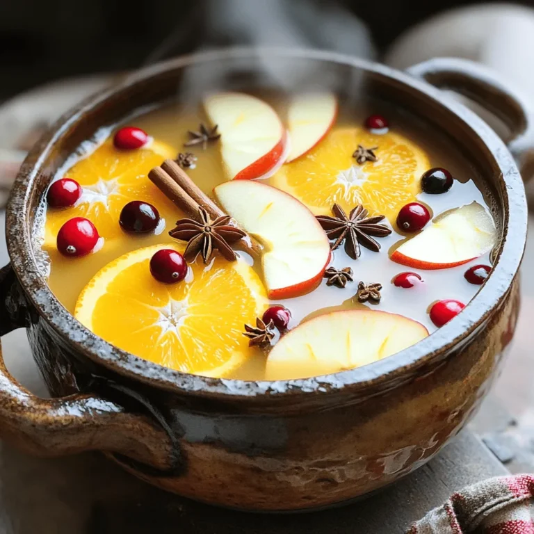 To make spiced mulled cider, you will need: - 4 cups apple cider - 1 large orange, thinly sliced - 5-6 whole cloves - 2-3 star anise pods - 2-3 cinnamon sticks - 1 tablespoon freshly grated ginger - 1 tablespoon brown sugar (or to taste) - A pinch of freshly grated nutmeg - Fresh apple slices and/or cranberries for garnish You can tweak your mulled cider with these extras: - 1-2 tablespoons maple syrup for sweetness - A splash of vanilla extract for warmth - Dried fruit like raisins or figs for added flavor - A dash of cayenne pepper for heat The best apple cider for this drink should be fresh and unfiltered. Look for: - Sweet cider for a rich taste - Spiced cider for an extra kick - Organic cider for a clean finish Using quality cider makes a big difference in flavor. Choose what you enjoy most! Making spiced mulled cider is simple and fun! You will need just a few tools. Grab a large pot and a fine sieve. Gather your ingredients first. This will help you move smoothly through the steps. 1. Start by pouring 4 cups of apple cider into your large pot. Set the pot on medium heat. 2. Warm the cider until it begins to simmer. You will notice its lovely scent filling your kitchen. 3. Next, add the sliced orange, whole cloves, star anise pods, and cinnamon sticks into the pot. 4. Stir in 1 tablespoon of freshly grated ginger and 1 tablespoon of brown sugar. Mix gently to dissolve the sugar. 5. Taste your cider. If you want it sweeter, add more brown sugar. 6. Lower the heat and let the mixture simmer for 15-20 minutes. This helps the spices blend well with the cider. 7. After simmering, remove the pot from heat. 1. Use a fine sieve to strain the cider into another pot or bowl. This will remove the spices and orange slices. 2. Pour the warm cider into mugs for serving. 3. For a lovely garnish, add fresh apple slices and a few cranberries. This makes your drink look even more inviting! To make your spiced mulled cider even better, try these tips: - Use fresh spices: Fresh spices give a stronger flavor. Choose whole cloves and cinnamon sticks. - Add a splash of juice: Orange juice or cranberry juice adds a nice sweetness. - Experiment with herbs: Rosemary or thyme can add a unique twist to the drink. - Sweeten wisely: Start with a little brown sugar and taste as you go. You can always add more. - Let it steep: Allow the cider to simmer longer for a deeper flavor. Avoid these common errors when making mulled cider: - Boiling the cider: Keep the heat low. Boiling can change the flavor. - Not straining properly: Use a fine sieve to remove spices. This keeps the drink smooth. - Over-sweetening: Too much sugar can mask the spices. Start small and taste often. - Ignoring the garnish: Fresh apple slices and cranberries not only look good but also add flavor. - Skipping the simmering time: Don’t rush it. Letting the spices infuse is key. Garnishing your mulled cider makes it look and taste better. Here are some ideas: - Fresh apple slices: Thinly slice apples to float on top. They add color and a fresh taste. - Cranberries: Toss in a few whole cranberries for a pop of color. - Cinnamon sticks: Place a stick in each mug for a rustic touch and extra spice. - Orange slices: Add a thin slice of orange to enhance the citrus flavor. - Herbs: A sprig of rosemary or thyme can add a lovely aroma. These tips and tricks will help you create a delicious spiced mulled cider that everyone will love! {{image_4}} You can easily add a kick to your mulled cider. One great option is to mix in a splash of rum or bourbon. Just add about 1 cup of your chosen spirit after you strain the cider. This will warm you up and enhance the flavors. Another option is to use hard cider instead of regular apple cider. This adds a nice depth and a bit of fizz to your drink. You still follow the same recipe, just swap the cider. You can change up the spices based on the season. In fall, add a few allspice berries or a pinch of cardamom for warmth. In winter, try using a bit of vanilla bean for a sweet twist. Each change transforms the cider into a new experience. You might also want to add seasonal fruits. In the fall, try pears or cranberries. In winter, consider pomegranates or even a few berries. These will give the cider a fresh, bright flavor. For a fun non-alcoholic version, keep the recipe as is! You can also add sparkling water for a fizzy treat. Just mix in the sparkling water right before serving. This keeps the drink light and refreshing. Another option is to use herbal teas. Brew a strong apple or chai tea and use it as a base for your cider. This adds unique flavors and is a great choice for kids or anyone avoiding alcohol. To store leftover spiced mulled cider, let it cool first. Pour it into a clean jar or airtight container. Seal it tightly and place it in the fridge. This way, the flavors stay fresh and tasty. When you’re ready to enjoy your cider again, pour it into a pot. Heat it on medium until it warms up. Stir gently to mix the spices. You can also use a microwave. Just heat it in a microwave-safe cup for 1-2 minutes. Stored in the fridge, your cider lasts about 3-5 days. If you want to keep it longer, consider freezing it. Pour the cider into freezer-safe bags or containers, leaving some space for expansion. It can last up to 3 months in the freezer. Thaw in the fridge before reheating. The best cider for mulled cider is fresh, unfiltered apple cider. This type has a rich, bold flavor. Look for cider labeled "fresh" or "unpasteurized" at your local store. You can also use sweet cider for a more sugary drink. Avoid cider with added flavors or preservatives. They can change the taste of your drink. Spiced mulled cider has a warm, inviting spice flavor. The blend of cinnamon, cloves, and star anise creates a cozy taste. You can adjust the spice level by adding or removing spices. If you love ginger, add more for a stronger kick. If you prefer a milder drink, use fewer spices. Yes, you can easily make spiced mulled cider in a slow cooker. Just pour the apple cider into the slow cooker. Add all the spices and orange slices as you would in the pot. Set it to low heat for 2 to 3 hours. This method allows the flavors to blend beautifully. You can serve it warm right from the slow cooker. We explored the key ingredients for mulled cider, from basic to optional flavors. I shared step-by-step instructions for preparation, cooking, and serving. Helpful tips and common mistakes ensure great taste. We also looked at fun variations, including alcoholic and non-alcoholic options, and how to store any leftovers. Remember, making mulled cider is easy and can be fun. Enjoy experimenting with spices and flavors! Your perfect cup awaits.