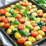 - 1 pound potato gnocchi (store-bought or homemade) - 4 cloves garlic, finely minced - 1 cup cherry tomatoes, halved - 1 cup fresh baby spinach - 1 teaspoon dried oregano - 1 teaspoon red pepper flakes (optional) - Salt and freshly ground black pepper, to taste - Fresh basil leaves, torn, for garnish - 2 tablespoons extra virgin olive oil - 1 cup freshly grated Parmesan cheese Gathering your ingredients is key to a great dish. Start with the gnocchi. You can buy it or make it at home. If you choose to make it, the taste will be even better. Next, you need garlic. The more minced, the better the flavor. Use fresh cherry tomatoes to add sweetness. Fresh baby spinach adds a nice green touch. For seasoning, dried oregano brings warmth. Red pepper flakes can add a kick, but skip them if you prefer mild. Salt and freshly ground black pepper help bring all the flavors together. You will also need extra virgin olive oil. It adds richness and helps the gnocchi crisp up. Lastly, don’t forget the Parmesan cheese. Freshly grated cheese melts beautifully and gives the dish a creamy finish. Keep these ingredients handy, and you’ll be ready to create a delightful meal. - Preheat oven to 425°F (220°C). - Prepare the baking sheet with parchment paper. This helps with easy cleanup. - Combine gnocchi, olive oil, and garlic in a bowl. - Add cherry tomatoes and spinach, then toss gently. Make sure everything is well coated. - Season with oregano, red pepper flakes, salt, and pepper. - Spread the mixture on the sheet pan. Bake for 15-20 minutes until golden. - Sprinkle Parmesan cheese over the baked gnocchi. Bake for an additional 5 minutes. - Garnish with torn basil leaves before serving. This adds a fresh flavor. To get the best texture, spread the gnocchi evenly on the baking sheet. This helps them cook uniformly. If they are too crowded, some may become mushy. Keep an eye on the baking time. You want them golden brown and slightly crispy around the edges. Check often during the last few minutes. To boost the flavor, think about adding other vegetables. Bell peppers and zucchini make great choices. They add color and crunch. Fresh herbs can also enhance the taste. Consider using basil or parsley for a fresh aroma. A sprinkle of herbs right before serving can make a big difference. Serving directly from the sheet pan creates a fun, family-style meal. It invites everyone to dig in. For a touch of extra flavor, drizzle with olive oil or balsamic glaze before serving. This adds richness and makes the dish even more appealing. You can also garnish with torn basil leaves for a lovely finish. {{image_4}} You can change the cheese for fun. Substitute Parmesan with mozzarella, feta, or goat cheese. Each option gives a new taste. If you want more flavor, blend different cheeses. Try mixing Parmesan with mozzarella for a creamy delight. Want a heartier meal? Toss in cooked chicken, sausage, or shrimp. These add protein and make the dish more filling. For a vegetarian option, use chickpeas or tofu. Both choices add texture and flavor. Spice it up! Try different herbs like thyme or rosemary. These herbs will give the dish a fresh kick. If you like heat, adjust the red pepper flakes. You can increase or decrease them based on your taste. Allow your Sheet-Pan Garlic Parmesan Gnocchi Bake to cool completely before storing. Once cooled, transfer it to an airtight container. This helps keep the flavors fresh. You can refrigerate it for up to three days. Make sure to seal the container well to avoid any dry spots. To reheat, I suggest using the oven for the best taste and texture. Preheat it to 350°F (175°C) and place the gnocchi bake inside. Heat for about 10-15 minutes or until it is warm throughout. If you're in a hurry, you can use a microwave. However, this may change the texture, making it less crispy. If you want to save some for later, you can freeze the gnocchi bake. Freeze it before adding cheese. It can last up to two months in the freezer. When you’re ready to eat, thaw it in the refrigerator overnight. After it’s thawed, you can add the cheese and bake as per the recipe. Yes, frozen gnocchi can be used. Just adjust the cooking time. Frozen gnocchi may need a few extra minutes to cook through. Make sure they are fully heated and slightly crispy when done. All ingredients are naturally vegetarian. Just ensure that your cheese is vegetarian-friendly. Some cheeses use animal rennet, so check the label. This dish still packs flavor without meat. A light salad or garlic bread pairs well with this recipe. A fresh green salad adds crunch and balance. Garlic bread complements the cheesy, rich flavors perfectly. Yes, you can prep ingredients ahead. You can chop veggies and measure spices. However, it’s best to bake just before serving. This keeps the gnocchi crisp and fresh. Enjoy the warm, cheesy goodness right from the oven! This recipe highlights simple ingredients like gnocchi, garlic, and fresh veggies. You learned how to mix, bake, and add cheese for a tasty meal. Remember, you can switch ingredients or add proteins to fit your tastes. By trying new flavors and textures, you can customize this dish each time. Also, manage storage and reheating well for easy bites later. Enjoy exploring this delicious, easy-to-make dish!