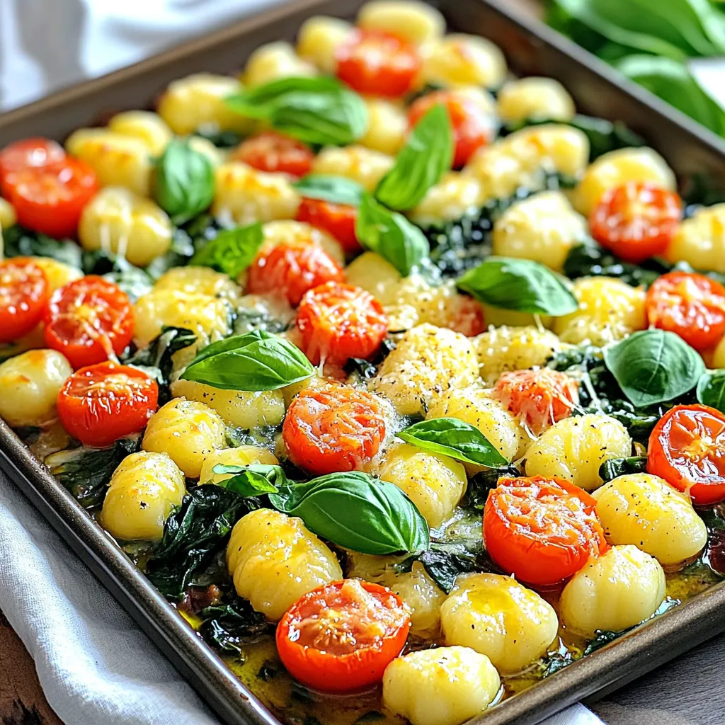 - 1 pound potato gnocchi (store-bought or homemade) - 4 cloves garlic, finely minced - 1 cup cherry tomatoes, halved - 1 cup fresh baby spinach - 1 teaspoon dried oregano - 1 teaspoon red pepper flakes (optional) - Salt and freshly ground black pepper, to taste - Fresh basil leaves, torn, for garnish - 2 tablespoons extra virgin olive oil - 1 cup freshly grated Parmesan cheese Gathering your ingredients is key to a great dish. Start with the gnocchi. You can buy it or make it at home. If you choose to make it, the taste will be even better. Next, you need garlic. The more minced, the better the flavor. Use fresh cherry tomatoes to add sweetness. Fresh baby spinach adds a nice green touch. For seasoning, dried oregano brings warmth. Red pepper flakes can add a kick, but skip them if you prefer mild. Salt and freshly ground black pepper help bring all the flavors together. You will also need extra virgin olive oil. It adds richness and helps the gnocchi crisp up. Lastly, don’t forget the Parmesan cheese. Freshly grated cheese melts beautifully and gives the dish a creamy finish. Keep these ingredients handy, and you’ll be ready to create a delightful meal. - Preheat oven to 425°F (220°C). - Prepare the baking sheet with parchment paper. This helps with easy cleanup. - Combine gnocchi, olive oil, and garlic in a bowl. - Add cherry tomatoes and spinach, then toss gently. Make sure everything is well coated. - Season with oregano, red pepper flakes, salt, and pepper. - Spread the mixture on the sheet pan. Bake for 15-20 minutes until golden. - Sprinkle Parmesan cheese over the baked gnocchi. Bake for an additional 5 minutes. - Garnish with torn basil leaves before serving. This adds a fresh flavor. To get the best texture, spread the gnocchi evenly on the baking sheet. This helps them cook uniformly. If they are too crowded, some may become mushy. Keep an eye on the baking time. You want them golden brown and slightly crispy around the edges. Check often during the last few minutes. To boost the flavor, think about adding other vegetables. Bell peppers and zucchini make great choices. They add color and crunch. Fresh herbs can also enhance the taste. Consider using basil or parsley for a fresh aroma. A sprinkle of herbs right before serving can make a big difference. Serving directly from the sheet pan creates a fun, family-style meal. It invites everyone to dig in. For a touch of extra flavor, drizzle with olive oil or balsamic glaze before serving. This adds richness and makes the dish even more appealing. You can also garnish with torn basil leaves for a lovely finish. {{image_4}} You can change the cheese for fun. Substitute Parmesan with mozzarella, feta, or goat cheese. Each option gives a new taste. If you want more flavor, blend different cheeses. Try mixing Parmesan with mozzarella for a creamy delight. Want a heartier meal? Toss in cooked chicken, sausage, or shrimp. These add protein and make the dish more filling. For a vegetarian option, use chickpeas or tofu. Both choices add texture and flavor. Spice it up! Try different herbs like thyme or rosemary. These herbs will give the dish a fresh kick. If you like heat, adjust the red pepper flakes. You can increase or decrease them based on your taste. Allow your Sheet-Pan Garlic Parmesan Gnocchi Bake to cool completely before storing. Once cooled, transfer it to an airtight container. This helps keep the flavors fresh. You can refrigerate it for up to three days. Make sure to seal the container well to avoid any dry spots. To reheat, I suggest using the oven for the best taste and texture. Preheat it to 350°F (175°C) and place the gnocchi bake inside. Heat for about 10-15 minutes or until it is warm throughout. If you're in a hurry, you can use a microwave. However, this may change the texture, making it less crispy. If you want to save some for later, you can freeze the gnocchi bake. Freeze it before adding cheese. It can last up to two months in the freezer. When you’re ready to eat, thaw it in the refrigerator overnight. After it’s thawed, you can add the cheese and bake as per the recipe. Yes, frozen gnocchi can be used. Just adjust the cooking time. Frozen gnocchi may need a few extra minutes to cook through. Make sure they are fully heated and slightly crispy when done. All ingredients are naturally vegetarian. Just ensure that your cheese is vegetarian-friendly. Some cheeses use animal rennet, so check the label. This dish still packs flavor without meat. A light salad or garlic bread pairs well with this recipe. A fresh green salad adds crunch and balance. Garlic bread complements the cheesy, rich flavors perfectly. Yes, you can prep ingredients ahead. You can chop veggies and measure spices. However, it’s best to bake just before serving. This keeps the gnocchi crisp and fresh. Enjoy the warm, cheesy goodness right from the oven! This recipe highlights simple ingredients like gnocchi, garlic, and fresh veggies. You learned how to mix, bake, and add cheese for a tasty meal. Remember, you can switch ingredients or add proteins to fit your tastes. By trying new flavors and textures, you can customize this dish each time. Also, manage storage and reheating well for easy bites later. Enjoy exploring this delicious, easy-to-make dish!